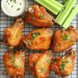 To make crispy baked chicken wings, you need the right base. Start with 2 lbs of chicken wings. Fresh or frozen wings work, but fresh wings yield better texture. Rinse them under cold water and dry them well. Removing moisture is vital for crispiness. The spice mix adds great flavor. You will need: - 1 tablespoon baking powder - 1 teaspoon salt - 1 teaspoon black pepper - 1 teaspoon garlic powder - 1 teaspoon onion powder - 1 teaspoon smoked paprika - ½ teaspoon cayenne pepper (optional for heat) Baking powder is key here. It helps to dry out the skin, making it crispy. The spices give your wings a full flavor. Adjust any spices to fit your taste. Want to make your wings unique? Add some optional ingredients. Consider using different spices like cumin or chili powder. You could also try various sauces later. Think about buffalo, BBQ, or even teriyaki. Mix it up based on what you love! For the full recipe, check out the complete list of steps. Start by gathering your ingredients. You need 2 pounds of chicken wings, baking powder, salt, and spices. The spices include black pepper, garlic powder, onion powder, smoked paprika, and cayenne pepper if you want heat. Don’t forget olive oil and your favorite wing sauce. Next, preheat your oven to 425°F (220°C). Line a baking sheet with aluminum foil. Place a wire rack on top. This helps air flow around the wings. Rinse the chicken wings under cold water. Use paper towels to dry them well. Removing moisture is key for crispiness. In a large bowl, mix baking powder, salt, black pepper, garlic powder, onion powder, smoked paprika, and cayenne if you like it spicy. Stir well to combine the dry ingredients. Add the wings into the bowl. Drizzle olive oil over the wings. Toss them until well-coated. Now, arrange the chicken wings on the wire rack. Make sure they are in a single layer and not touching. This space helps them cook evenly and get crispy. Bake the wings in the preheated oven for 40-45 minutes. Flip them halfway through to ensure even cooking. Look for a golden brown color and a crispy texture. When done, remove the wings from the oven. Let them rest for about 5 minutes. This resting time keeps them juicy. Take a large bowl and add your favorite wing sauce. Toss the rested wings in the sauce until they are fully coated. You can use buffalo sauce, BBQ, or any other sauce you love. This step adds flavor and brings the dish together. For serving, pair the wings with celery sticks and ranch or blue cheese dressing. Enjoy your crispy baked chicken wings! For the full recipe, check out the details above. To get crispy baked chicken wings, start by drying them well. Moisture makes wings soggy. I recommend using paper towels to pat them dry. Next, use baking powder in your spice mix. Baking powder helps create a crunchy layer. Also, cook the wings on a wire rack. This allows hot air to circulate around them. Make sure the wings are not touching. This space helps them crisp up nicely. One big mistake is not drying the wings enough. Even a little moisture can ruin crispiness. Another mistake is overcrowding the baking sheet. Wings need space to cook evenly. Some folks skip flipping the wings halfway through. This flipping is important for even cooking and browning. Lastly, don't forget to preheat your oven. A hot oven helps achieve that perfect crunch. For the best results, use a wire rack. It keeps the wings elevated, allowing air to flow. A heavy-duty baking sheet is ideal for catching drips and keeping your oven clean. I also suggest using parchment paper for easy cleanup. If you love cooking wings often, consider an air fryer. It can also produce crispy wings with less oil. For a simple recipe, check out the Full Recipe. {{image_2}} You can make your wings even more fun by using different sauces. Some great options include classic buffalo sauce, tangy BBQ, or spicy garlic. You can even mix sauces for a unique flavor. Try honey mustard for a sweet twist or teriyaki for an Asian flair. The sky's the limit when it comes to sauce! Not everyone likes the same flavor. You can easily change the spice mix to fit your taste. Add more cayenne for heat or use lemon zest for a fresh kick. Try adding herbs like thyme or oregano for an earthy flavor. You can also experiment with smoked paprika or even curry powder for a unique twist. Adjust the seasonings based on what you enjoy! Do you have an air fryer? It’s a great tool for wings! Air fryers can give you that crispy texture in less time. Cook them for about 25-30 minutes, shaking the basket halfway through. Oven baking, however, allows for a larger batch. It’s perfect for parties or family dinners. Both methods can yield crispy, delicious wings, so choose based on your needs. For the full recipe, check out the Full Recipe section! After making crispy baked chicken wings, you want to save the extras. Let the wings cool down to room temperature first. Place them in an airtight container. This helps keep them fresh. Store the container in the fridge. They will last for up to four days. If you want to enjoy them later, freezing is a great option. To reheat your chicken wings, you have a few choices. The oven is best for keeping them crispy. Preheat the oven to 350°F (175°C). Place the wings on a baking sheet and heat for about 10-15 minutes. Check them to ensure they are hot all the way through. You can also use a microwave, but this may make them soggy. If you do use the microwave, heat them in short bursts to avoid overcooking. Freezing wings is easy and keeps them tasty. First, let the wings cool completely. Then, wrap them tightly in plastic wrap or foil. You can also use freezer bags to save space. Make sure to remove as much air as possible. Label the bags with the date. They can be frozen for up to three months. When you are ready to eat them, thaw them in the fridge overnight before reheating. For the best results, follow the instructions from the Full Recipe. Yes, you can make these wings gluten-free. Just ensure the baking powder is gluten-free. Most baking powders are safe, but check labels to be sure. You can also use gluten-free sauces. Many brands offer delicious options. Bake chicken wings for 40 to 45 minutes at 425°F (220°C). Flip the wings halfway through to get even crispiness. The skin should turn golden brown and crunchy. If you want extra crispiness, you can bake them a bit longer. Many sauces work well with crispy wings. Popular choices include buffalo sauce, BBQ sauce, and garlic parmesan sauce. You can try honey mustard or teriyaki for a twist. Toss the wings in your favorite sauce after baking for the best flavor. For more options, check the Full Recipe. The blog post covered how to make the best chicken wings. We explored the basics, spice mixes, and ways to customize your wings. I shared step-by-step instructions for preparing and baking wings to crispy perfection, with tips to avoid common mistakes. We also discussed variations, storage methods, and answered common questions. With these tips, you can enjoy tasty wings anytime. Experiment with flavors and enjoy the process!