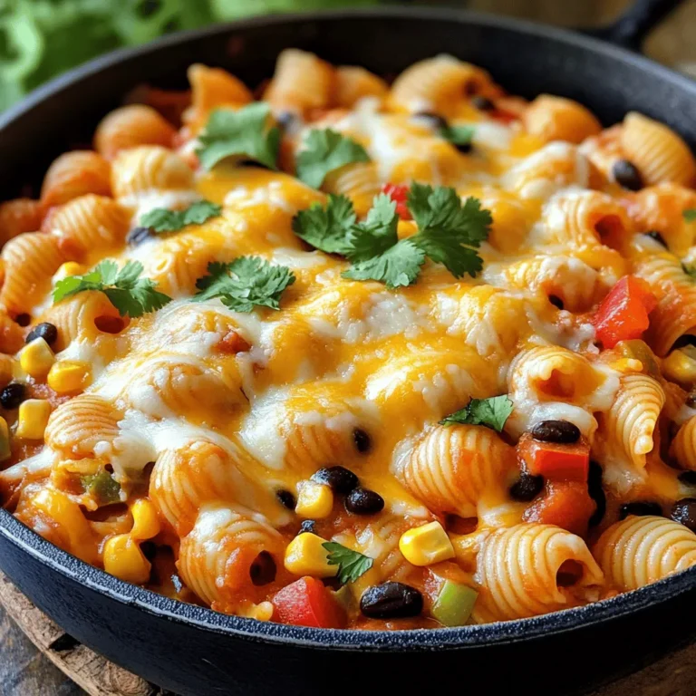 - 8 oz shell pasta - 1 lb ground beef or turkey - 1 packet taco seasoning - 1 cup corn kernels (canned or frozen) - 1 cup black beans, rinsed and drained - 1 bell pepper, diced (any color) - 1 small onion, diced - 2 cups tomato sauce - 1 cup cheddar cheese, shredded - 1/2 cup cream cheese, softened - Salt and pepper to taste - Fresh cilantro, chopped (for garnish) You need just a few key items to create your cheesy taco pasta skillet. Start with shell pasta; it holds sauce and cheese well. Ground beef or turkey adds great flavor and protein. Taco seasoning gives this dish its bold taste. Don't forget corn for sweetness and texture. Next, add black beans for extra protein and fiber. Diced bell pepper and onion add a nice crunch and depth of flavor. Tomato sauce brings it all together, making the dish saucy and delicious. For the cheesy goodness, you'll use sharp cheddar and creamy cream cheese. These melt perfectly into your pasta mix. Finally, season with salt and pepper to your taste. Garnish with fresh cilantro for a pop of color and flavor. Check out the [Full Recipe] for all the steps to make this tasty dish! First, fill a large pot with water and add a good pinch of salt. Bring the water to a rolling boil. Once boiling, add 8 oz of shell pasta. Cook the pasta according to the package instructions until it is al dente. This usually takes about 8 to 10 minutes. Stir occasionally to prevent sticking. When done, drain the pasta in a colander and set it aside. In a large skillet, pour in 1 tablespoon of olive oil and heat it over medium-high heat. Add 1 small diced onion and 1 diced bell pepper. Sauté these for about 3 to 4 minutes until they are soft and fragrant. Next, add 1 lb of ground beef or turkey. Cook until the meat is browned and no longer pink, about 5 to 7 minutes. Make sure to break up the meat as it cooks. Once the meat is browned, sprinkle in 1 packet of taco seasoning. Stir well and let it cook for about 1 minute. This helps the flavors mix. Next, add 1 cup of corn kernels and 1 cup of rinsed and drained black beans. Mix everything well to combine. The colors and textures will start to look great together. Pour in 2 cups of tomato sauce and stir until everything is well combined. Let this mixture simmer for about 5 minutes. This will heat everything through. After simmering, it’s time to add the cooked shell pasta to the skillet. Carefully mix the pasta with the meat and sauce until everything is evenly coated. Lower the heat and add 1/2 cup of softened cream cheese. Stir until the cream cheese melts and mixes in well. Then, sprinkle 1 cup of shredded cheddar cheese over the top. Cover the skillet and let it sit for 2 to 3 minutes. This will melt the cheese beautifully. Finally, adjust the salt and pepper to your taste. Serve hot, garnished with fresh chopped cilantro. For the full recipe, check out the details above. Enjoy your tasty Cheesy Taco Pasta Skillet! To make your pasta perfect, cook it in salted boiling water. This helps bring out the flavor. Aim for al dente, which means the pasta should be firm to the bite. Drain it right after cooking to prevent overcooking. When you brown meat, use medium-high heat. This gives a nice color and flavor. Add diced onion and bell pepper first. Let them soften for a few minutes before adding the meat. Stir it often until it’s brown and no longer pink. This step builds a great base for your dish. You can boost the flavor in many ways. Try adding a pinch of cumin or chili powder for extra warmth. Smoked paprika can give your dish a deeper taste. If you like heat, add diced jalapeños or a splash of hot sauce. Don’t forget about fresh herbs! Chopped cilantro or green onions can add brightness. You can also mix in a squeeze of lime juice for a zesty kick. Serving your Cheesy Taco Pasta Skillet can be fun and simple. You can keep it rustic by serving it straight from the skillet. This looks great and makes cleanup easy. For a more polished look, use bowls. Top each portion with extra cheese and fresh cilantro. You can even add some sliced avocado or a dollop of sour cream for added richness. Enjoy the colorful and tasty meal! {{image_2}} If you want a meat-free meal, try using lentils or chickpeas instead of meat. Both choices add protein and fiber. You can also use plant-based ground meat for a similar taste. Another great option is to make it a cheesy vegetable dish by skipping the meat altogether. While cheddar cheese is a classic choice, you can also use Monterey Jack or pepper jack for a little kick. Creamy mozzarella melts well and adds a nice stretch. If you like blue cheese, it can add a bold flavor twist. Mixing cheeses can give your dish extra depth and taste. You can make this dish even healthier by adding more veggies. Consider diced zucchini or mushrooms for extra texture. Spinach or kale can blend well and add nutrients. Frozen peas or diced tomatoes can also boost flavor and color. Just chop them up and stir them in with the other ingredients. To keep your Cheesy Taco Pasta Skillet fresh, let it cool down first. Use an airtight container to store any leftovers. Place the container in the fridge. It will stay good for about 3-4 days. When it's time to eat, simply reheat it in a skillet over low heat or in the microwave. Stir it well to ensure even heating. You can also add a splash of water or broth to keep it moist. If you want to save the dish for later, you can freeze it. Use a freezer-safe container or bag. Make sure to remove as much air as possible. This helps prevent freezer burn. Label the container with the date. When you're ready to eat, move it to the fridge to thaw overnight. Then reheat it on the stove or in the microwave until it's hot. In the fridge, your Cheesy Taco Pasta Skillet will last about 3-4 days. If you freeze it, it can last up to 2-3 months. After that, the taste might fade. Always check for any off smells or changes in texture before eating. Enjoy your delicious creation, even days later! For the full recipe, check out the link. Yes, you can easily make this dish vegetarian or vegan. Instead of meat, use plant-based options like lentils, black beans, or tofu. You can also add extra vegetables such as zucchini or mushrooms for more flavor. Use vegetable broth instead of beef broth to keep it vegan-friendly. For cheese, opt for vegan cheese or skip it altogether. This way, you still enjoy a tasty meal without meat. Many side dishes go well with Cheesy Taco Pasta Skillet. Here are some ideas: - Green salad: A simple mixed greens salad adds freshness. - Guacamole: Creamy guacamole pairs well with the dish. - Salsa: Serve salsa for extra flavor and crunch. - Tortilla chips: Crunchy chips provide a great texture contrast. - Cornbread: Sweet cornbread complements the savory pasta. These sides enhance your meal and add variety. If you love heat, here are some ways to spice up your Cheesy Taco Pasta Skillet: - Add jalapeños: Fresh or pickled jalapeños bring heat. - Use spicy taco seasoning: Look for a hot version of taco seasoning. - Include red pepper flakes: Sprinkle some into the skillet for added warmth. - Hot sauce: Drizzle your favorite hot sauce on top before serving. - Chili powder: Mix in a bit of chili powder for a deeper flavor. Choose what suits your taste to enjoy a spicier dish! In this blog post, we explored how to make Cheesy Taco Pasta Skillet. You learned about the main ingredients like pasta, meat, and cheese. We covered each cooking step to make it easy. You got tips for flavor and presentation, alongside storage advice. Try different ingredients and spices for fun twists. This dish is quick, tasty, and perfect for any meal. Enjoy making it your own!
