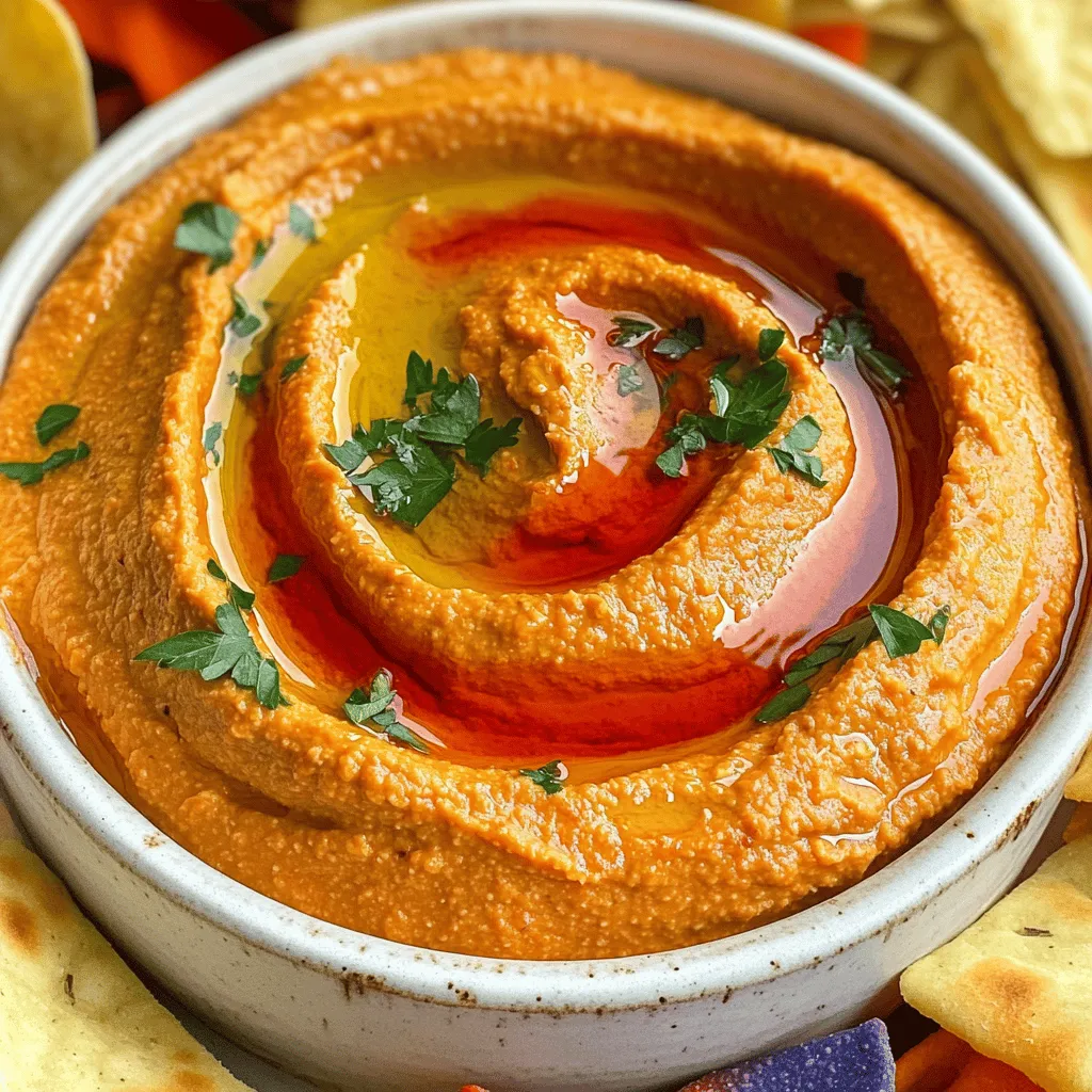 For roasted red pepper hummus, you need a few simple ingredients. Here’s what you will use: - 1 can (15 oz) chickpeas, drained and rinsed - 1 large roasted red pepper, peeled and chopped - 2 tablespoons tahini - 2 tablespoons olive oil - 2 tablespoons lemon juice - 2 garlic cloves, minced - 1 teaspoon ground cumin - 1/2 teaspoon smoked paprika - Salt and pepper to taste - Water as needed for consistency - Fresh parsley for garnish Each of these items plays a key role in the flavor and texture of the hummus. Let’s look at what these ingredients offer: - Chickpeas: These are high in protein and fiber. They help keep you full. - Roasted red pepper: This adds sweetness and vitamin C. It boosts your immune system. - Tahini: Made from sesame seeds, tahini is rich in healthy fats and calcium. - Olive oil: A great source of heart-healthy fats, it adds richness to the dish. - Lemon juice: This gives a fresh taste and provides vitamin C. - Garlic: This adds flavor and has many health benefits, like boosting immunity. - Ground cumin: It adds warmth and aids digestion. - Smoked paprika: This gives a smoky flavor and is rich in antioxidants. - Parsley: For garnish, it adds color and offers vitamins A and K. If you have dietary needs, you can adjust some ingredients: - Chickpeas: You can use white beans for a different flavor. - Tahini: Sunflower seed butter or almond butter works well if sesame is an issue. - Olive oil: Any neutral oil, like avocado oil, can be a good swap. - Garlic: Use garlic powder if you want a milder taste. - Lemon juice: Lime juice can be a zesty alternative. This recipe is flexible. Feel free to experiment and make it your own. For the full recipe, refer to the Full Recipe link. To start, gather all your ingredients. You need: - 1 can (15 oz) chickpeas, drained and rinsed - 1 large roasted red pepper, peeled and chopped - 2 tablespoons tahini - 2 tablespoons olive oil - 2 tablespoons lemon juice - 2 garlic cloves, minced - 1 teaspoon ground cumin - 1/2 teaspoon smoked paprika - Salt and pepper to taste - Water as needed for consistency - Fresh parsley for garnish Make sure your roasted red pepper is ready. You can buy it or roast it yourself. If you roast it, place it over a flame until charred. Let it cool, then peel off the skin. Next, add all the ingredients to a food processor. Start with the chickpeas, then add the roasted pepper, tahini, olive oil, lemon juice, minced garlic, cumin, and smoked paprika. Blend the mixture on high. Scrape down the sides often. This helps mix everything well. You want a smooth and creamy texture. If the hummus seems too thick, add water. Do this one tablespoon at a time. Blend again after each addition. Keep going until you reach your desired creaminess. Once blended, taste your hummus. You can add more salt, lemon juice, or spices if needed. If you want a stronger flavor, try more cumin or smoked paprika. For a tangy kick, a bit more lemon juice works great. After you finish blending, transfer the hummus to a bowl. Drizzle some olive oil on top and sprinkle fresh parsley for a nice touch. This Roasted Red Pepper Hummus is ready to enjoy! For the full recipe, check out the details above. When picking roasted red peppers, look for bright colors. They should appear shiny and smooth. Avoid any with dark spots or wrinkles. You can buy them jarred or roast them at home. To roast, place whole peppers over an open flame or in the oven. Once charred, cover them in a bowl to steam. This makes peeling easy. To keep your hummus fresh, store it in an airtight container. This helps seal in flavors. Place a thin layer of olive oil on top before sealing. It helps prevent drying out. Store your hummus in the fridge for up to a week. If you want to keep it longer, freeze it in small portions. Roasted red pepper hummus shines when served with fresh veggies. Try carrots, cucumbers, or bell peppers for dipping. Pita chips or toasted pita bread are also great options. You can even spread it on sandwiches or wraps. For a fun twist, serve it with grilled meats or fish. Check out the Full Recipe for more ideas! {{image_2}} To make spicy roasted red pepper hummus, add 1-2 teaspoons of hot sauce. You can also mix in diced jalapeños or chili flakes for more heat. Blend these spicy additions with the main ingredients. Adjust the heat to your taste. This twist brings a nice kick to your dip. You can enhance the flavor of your hummus with herbs and spices. Fresh basil or cilantro adds a bright note. You might also try rosemary or thyme for a unique taste. Consider mixing in smoked garlic or lemon zest for extra zing. This keeps your hummus fresh and exciting. Try serving your hummus in fun and tasty ways. Spread it on wraps with veggies and turkey. Use it in sandwiches as a creamy spread. You can also serve it with pita chips or fresh veggies for dipping. Another idea is to dollop it on grilled meats for added flavor. Enjoy your hummus with these creative ideas! For the complete recipe, check out the Full Recipe. After you make roasted red pepper hummus, store it in an airtight container. This keeps the hummus fresh and tasty. Place a piece of plastic wrap directly on the hummus before sealing the lid. It helps prevent air from getting in. Store it in the fridge right away. Always let it cool before putting it away. Roasted red pepper hummus lasts about five to seven days in the fridge. Check for any changes in color or smell before eating. If it looks or smells off, it’s best to throw it away. Always use clean utensils to scoop out the hummus. This prevents bacteria from getting in. You can freeze roasted red pepper hummus for up to three months. Use a freezer-safe container or a heavy-duty freezer bag. Leave some space at the top, as the hummus will expand when frozen. When ready to eat, thaw it in the fridge overnight. Stir well before serving. You may need to add a splash of water to get the right texture again. Yes, you can use dried chickpeas. First, soak them overnight in water. Drain and rinse them. Then, boil them for about one hour until soft. This will give your hummus a fresher taste. Just remember to blend them well for smoothness. Roasted red pepper hummus pairs well with many foods. Here are some ideas: - Fresh veggie sticks like carrots, cucumbers, and bell peppers - Pita bread or pita chips - Crackers or tortilla chips - As a spread in wraps or sandwiches - On top of grilled meats or fish This hummus adds a great flavor boost to any dish. To make your hummus creamier, focus on blending well. Use a high-speed food processor. Add a bit of water slowly while blending. You can also try adding more olive oil or tahini. These ingredients help create a smoother texture. To sum up, we explored the world of roasted red pepper hummus. We discussed the key ingredients and their health benefits. You learned how to prepare, blend, and tweak your hummus for the best flavor. I shared tips on choosing peppers, storing hummus, and serving ideas. Don't forget the fun variations to keep things fresh. With these insights, you can enjoy delicious, healthy hummus anytime. Making hummus at home is easy and rewarding. Enjoy your tasty creations and share them with friends!