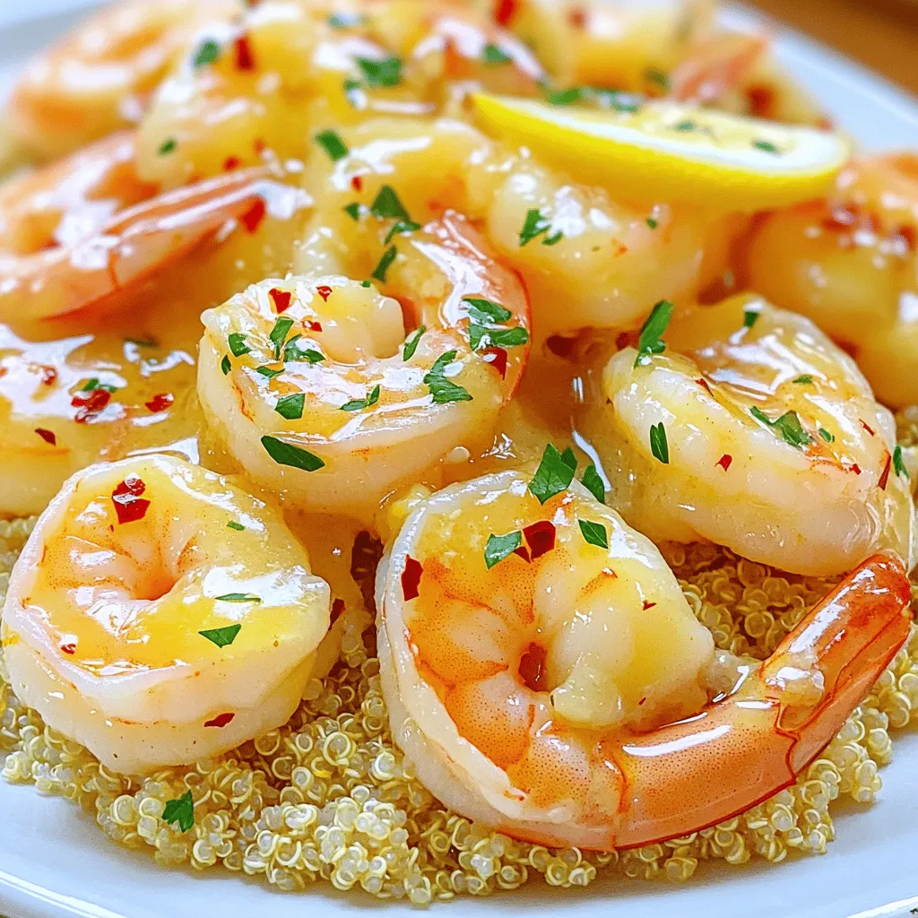 To make this dish shine, you need simple yet fresh ingredients. Here’s what you’ll need: - 1 lb large shrimp, peeled and deveined - 4 tablespoons unsalted butter - 4 cloves garlic, minced - 1 lemon, juice and zest - 1 teaspoon red pepper flakes - Salt and pepper to taste - Fresh parsley for garnish - 1 tablespoon olive oil - 1 cup cooked quinoa or rice (for serving) These ingredients create a delicious blend of flavors. The shrimp brings a sweet taste, while the lemon adds a bright zing. Garlic enhances the dish with a warm, savory touch. Red pepper flakes add just the right amount of heat. Each ingredient plays a key role in making your Lemon Garlic Butter Shrimp a standout meal. When you gather your ingredients, focus on freshness. Fresh shrimp will make a big difference. Look for shrimp that smell like the ocean and have a firm texture. Using fresh garlic and lemon ensures every bite bursts with flavor. For the best results, stick to unsalted butter. It lets you control the salt level. If you want to switch things up, try using ghee or plant-based butter. These options can give your dish a unique twist while keeping it tasty. To learn how to prepare this lovely dish, check out the Full Recipe. It walks you through the steps to create a meal that impresses. First, I dry the shrimp with paper towels. This step helps the shrimp sear well. Next, I season them with salt and pepper. Just a pinch of each will do. Now, I heat olive oil in a large skillet over medium-high heat. Once it’s hot, I carefully add the shrimp in a single layer. I cook them for 2-3 minutes until they start to turn pink. Then, I flip each shrimp and cook for another 1-2 minutes. When they are done, I remove them from the skillet and set them aside. In the same skillet, I reduce the heat to medium. Then, I add the butter and let it melt slowly. Once melted, I toss in the minced garlic and red pepper flakes. I sauté this mix for about 1 minute. I want the garlic to smell great but not turn brown. Next, I stir in the lemon juice and zest. This adds a bright, tangy flavor to the sauce. I mix it well to combine, making sure every bite will be tasty. Now, I return the cooked shrimp to the skillet. I gently toss them in the buttery lemon garlic sauce. This step coats the shrimp, making them flavorful. I let them cook in the sauce for another 1-2 minutes. This ensures they are hot and fully cooked. Finally, I taste the dish, adjusting with more salt, pepper, or red pepper flakes if needed. For serving, I place the shrimp over cooked quinoa or rice. I like to finish with freshly chopped parsley for a bright touch. Check out the Full Recipe for more details! Skillet temperature is key. A hot skillet helps the shrimp cook quickly. This keeps them tender. If your pan is too cool, the shrimp will steam instead of sear. This can lead to rubbery shrimp. Always preheat your skillet for best results. To avoid overcooking shrimp, cook them just until they turn pink. This usually takes 2-3 minutes per side. Remember, shrimp continue to cook after you remove them from the heat. You can substitute butter with olive oil for a lighter dish. If you want a vegan version, try coconut oil. Garlic is a must, but you can swap it with shallots for a sweeter taste. Adjust the spice level to your liking. Red pepper flakes add heat, but you can add less if you prefer milder flavors. A pinch of cayenne pepper also works well for a different kick. Garnish your dish with fresh parsley. It adds color and a burst of freshness. You can also sprinkle some lemon zest on top for extra zing. For serving, pair the shrimp with cooked quinoa or rice. Both options soak up the lemon garlic butter sauce well. You can also add a side of steamed veggies for a complete meal. {{image_2}} You can swap shrimp for scallops or fish. They cook quickly and absorb flavor well. For a vegetarian or vegan option, try using tofu or mushrooms. Both can soak up the lemon garlic butter sauce nicely. Want to mix things up? Use different citrus fruits like lime or orange. Each adds a unique twist to the dish. You can also add fresh herbs like thyme or basil. They enhance the flavor and bring freshness to your meal. This dish is flexible! Serve it over pasta for a hearty meal. You can also use it as a topping for salads, adding a burst of flavor. For a fun dinner, create a seafood platter with sides like grilled veggies or crusty bread. Each option showcases the deliciousness of lemon garlic butter shrimp. For the full recipe, check out the details above. To keep leftover lemon garlic butter shrimp fresh, place it in an airtight container. This helps avoid any strong smells in your fridge. Store it in the fridge for up to two days. The shrimp will taste best when eaten fresh, but you can still enjoy it as a leftover. If you want to save some shrimp for later, freezing works well. First, let the shrimp cool completely. Next, place them in a freezer-safe bag or container. Make sure to remove as much air as possible to prevent freezer burn. You can freeze the shrimp for up to three months. To enjoy your frozen shrimp, take them out and thaw them in the fridge overnight. If you're in a hurry, you can run the bag under cold water for quicker thawing. For reheating, warm the shrimp in a skillet over low heat. This will keep them tender and help maintain their flavor. You can also add a splash of lemon juice or a bit of butter to rehydrate them while reheating. For the complete recipe, check out the [Full Recipe]. You have many great options for sides. Here are some of the best ones: - Cooked quinoa or rice - Garlic bread or crusty bread - Steamed vegetables like broccoli or asparagus - A light salad with mixed greens and lemon vinaigrette For drinks, I suggest a crisp white wine like Sauvignon Blanc. It pairs well with the lemon and shrimp. A chilled rosé can also be nice. Cooked shrimp change color. They turn from gray to a bright pink. They also curl into a C shape. Here's what to check: - Cook for 2-3 minutes on each side. - The internal temperature should reach 120°F. Always avoid overcooking. This keeps shrimp tender and juicy. Yes, you can prepare it in advance. Here’s how: - Cook the shrimp, then cool them. - Store in an airtight container in the fridge. When you’re ready to eat: - Reheat on low heat in a skillet. - Add a little butter or oil to help keep the flavor. Keep in mind, making it ahead may change the texture slightly. Fresh shrimp always taste best! Lemon Garlic Butter Shrimp is a tasty dish with simple steps. We started with essential ingredients like shrimp, butter, garlic, and lemon. You learned how to prepare shrimp and make a flavorful sauce. Tips helped you perfect your cooking method and enhance flavors. Variations show that you can use different proteins and spices, making this dish your own. Finally, I shared storage info to keep leftovers fresh. Enjoy making this dish and share it with others!