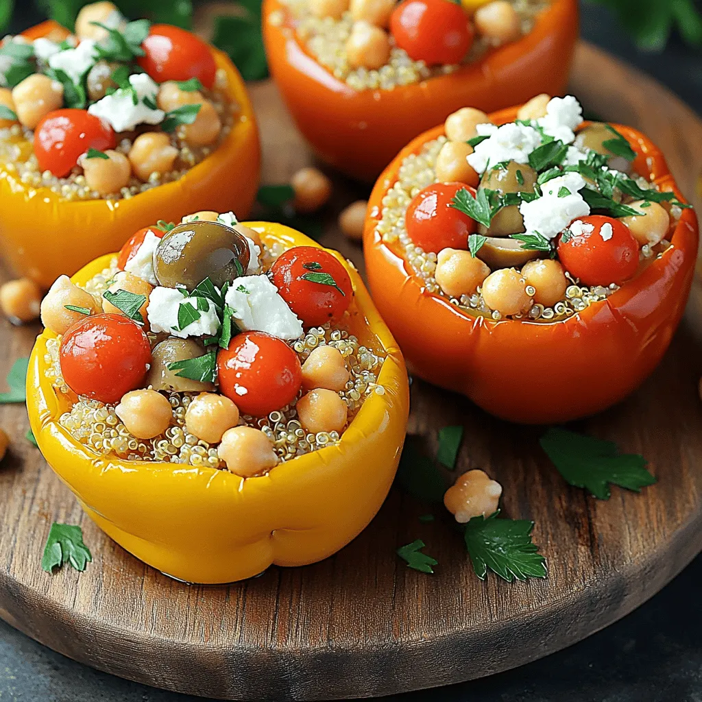 - 4 large bell peppers (any color) - 1 cup quinoa, rinsed - 2 cups vegetable broth - 1 can (15 oz) chickpeas, drained and rinsed - 1 cup cherry tomatoes, halved - 1/2 cup Kalamata olives, pitted and sliced - 1/2 cup feta cheese, crumbled - 1/4 cup fresh parsley, chopped - 2 tablespoons olive oil - 1 teaspoon dried oregano - 1 teaspoon garlic powder - Salt and pepper to taste For this Mediterranean stuffed peppers recipe, I like to use fresh and colorful ingredients. The bell peppers serve as sweet and crunchy boats for the filling. Quinoa adds a nutty flavor and is packed with protein. Chickpeas provide a hearty texture and are a great source of fiber. Cherry tomatoes burst with juiciness, while Kalamata olives bring a briny depth. Feta cheese adds creaminess and tang, which balances the flavors well. I also love adding herbs like parsley and spices such as oregano and garlic powder for an extra layer of taste. Olive oil enhances the dish's richness. Use good quality olive oil for the best flavor. You can find the full recipe in the earlier section. Enjoy the vibrant mix of textures and flavors in each bite! - Step 1: Preheat your oven to 375°F (190°C). This helps cook the peppers evenly. - Step 2: Slice the tops off the bell peppers and remove the seeds. This creates space for the filling. - Step 3: Combine quinoa and vegetable broth in a pot. Bring it to a boil. The broth adds flavor to the quinoa. - Step 4: Reduce the heat and cover the pot. Cook until the quinoa is fluffy. This usually takes about 15 minutes. - Step 5: In a large bowl, combine the cooked quinoa with chickpeas, tomatoes, olives, and feta cheese. Each ingredient adds a unique taste. - Step 6: Add dried oregano, garlic powder, salt, and pepper. Mix everything well. This makes sure each bite is tasty. - Step 7: Stuff each pepper with the quinoa mixture. Pack it in tightly so each pepper is full. - Step 8: Cover the baking dish with foil and bake for 25 minutes. Then, remove the foil and bake for another 10-15 minutes. This softens the peppers and warms the filling. Feel free to check out the Full Recipe for more details and tips! To make your Mediterranean stuffed peppers pop, use a mix of colored peppers. Red, yellow, and green peppers add a fun look. Adjust the seasonings to fit your taste. You may want more garlic or a pinch of salt. Taste as you go to get it just right. For a lovely presentation, drizzle olive oil over the stuffed peppers. Finish with a sprinkle of fresh parsley. This makes the colors stand out. Pair your dish with a light salad or a cooling tzatziki sauce. Both sides will complement the flavors well. Use a sturdy baking dish for even cooking. A glass or ceramic dish works best. For perfect quinoa, use a medium saucepan with a tight lid. Make sure to rinse the quinoa to remove any bitterness before cooking. Follow the cooking instructions closely for the best texture. For the full recipe, check the section above. {{image_2}} You can easily swap out ingredients to suit your taste. For grains, try using rice, couscous, or farro instead of quinoa. Each grain brings its own unique flavor and texture. If you want a vegan dish, simply replace the feta cheese with a plant-based cheese. This keeps the meal creamy without using dairy. Boost the flavor further with some extra ingredients. Adding nuts like pine nuts or walnuts gives your dish a nice crunch. They add texture and healthy fats. Spices can also elevate your stuffed peppers. A sprinkle of cumin or paprika can add depth and warmth to the filling, making every bite delicious. When it comes to serving, think outside the box. Pair your stuffed peppers with a side of roasted vegetables for a colorful plate. A yogurt dip can also add a creamy, tangy contrast. For a fun twist, try making mini stuffed peppers. They make perfect appetizers for parties or gatherings, allowing everyone to enjoy a bite-sized treat. After enjoying your Mediterranean stuffed peppers, store leftovers in airtight containers. This keeps them fresh and tasty. You can keep them in the fridge for about 3 to 4 days. Make sure to let them cool before sealing them up. This way, they won’t steam inside the container. Freezing stuffed peppers is a great way to save them for later. Wrap each pepper tightly in plastic wrap before placing them in a freezer bag. This prevents freezer burn. You can freeze them for up to 3 months. To reheat, thaw them overnight in the fridge. Then, bake them in the oven at 375°F (190°C) for about 20 minutes until warm. For meal planning, you can prepare the filling ahead of time. Cook the quinoa and mix in the chickpeas, tomatoes, olives, and cheese. Store this mixture in the fridge for up to 3 days. When you are ready to eat, stuff the peppers and bake. To quickly reheat, microwave individual peppers for about 2 to 3 minutes. Enjoy your easy Mediterranean meal! For the complete recipe, check the Full Recipe section. How long do Mediterranean stuffed peppers last in the fridge? Mediterranean stuffed peppers last about 3 to 5 days in the fridge. Store them in an airtight container. This keeps them fresh and tasty for your next meal. Can I make stuffed peppers ahead of time? Yes, you can make stuffed peppers ahead of time. Prepare them, then store them in the fridge before baking. This way, you save time on busy nights. What are the health benefits of stuffed peppers? Stuffed peppers are healthy. They are low in calories and full of vitamins. Bell peppers have vitamin C, which boosts your immune system. Quinoa adds protein and fiber, helping you feel full. How can I make this recipe lower in calories? To lower calories, you can use less cheese or a lighter cheese. You can also skip the olive oil on top. Using fewer grains, like quinoa, can help too. Can I grill stuffed peppers instead of baking? Yes, grilling stuffed peppers is a great option! Just prepare them the same way. Place them on a grill until they are tender. Grilling adds a nice smoky flavor. How do I know when the peppers are cooked properly? You know the peppers are done when they are soft and have a slight char. A fork should easily pierce the skin. This means they are ready to be served. Mediterranean stuffed peppers are easy to make and delicious. This recipe is packed with healthy ingredients like quinoa, chickpeas, and fresh vegetables. You also have tips for customizing flavor and serving. Lastly, you learned how to store leftovers or meal prep for the week. Enjoy this colorful dish; it’s perfect for a meal or snack. You’ll impress everyone with your cooking skills and creativity!