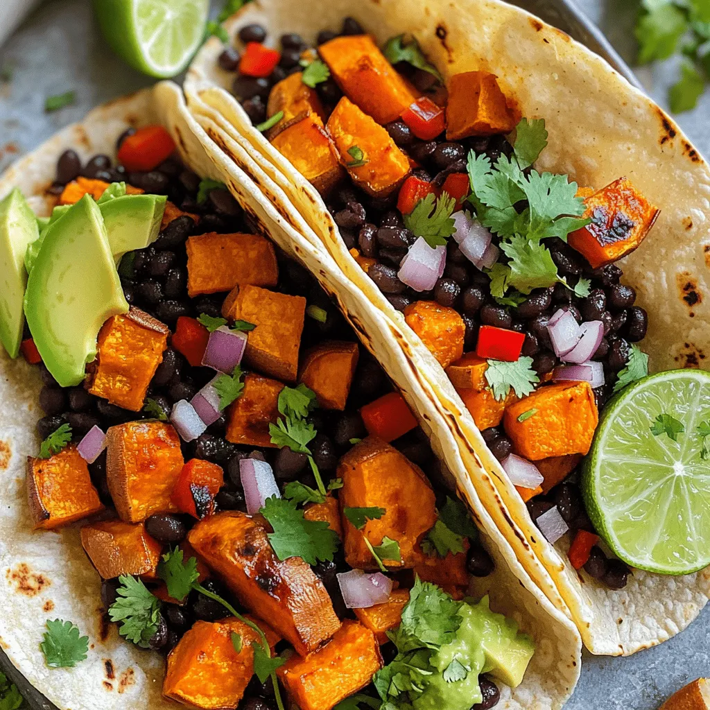 To make sweet potato and black bean tacos, you need fresh and simple ingredients. Here’s what I use: - 2 medium sweet potatoes, peeled and diced - 1 can (15 oz) black beans, drained and rinsed - 1 red bell pepper, diced - 1 small red onion, finely chopped - 2 cloves garlic, minced - 1 tsp ground cumin - 1 tsp smoked paprika - 1/2 tsp cayenne pepper (or to taste) - 2 tbsp olive oil - Salt and pepper to taste - 8 small corn tortillas - Fresh cilantro, for garnish - Lime wedges, for serving - Avocado slices, for topping (optional) Each ingredient adds flavor and nutrition. Sweet potatoes are sweet and creamy. Black beans give a hearty feel. The spices bring warmth and depth. These tacos are not just tasty; they are also colorful and healthy. I love using fresh cilantro and lime. They brighten the dish and add freshness. Avocado slices are a great touch too. They make the tacos creamy and rich. When I cook these tacos, I feel inspired. The kitchen fills with wonderful scents. You can find the full recipe to guide you through each step. Enjoy every bite of these flavorful tacos! 1. Preheat your oven to 400°F (200°C). This step is key for roasting. 2. Take your diced sweet potatoes and place them in a mixing bowl. 3. Add olive oil, cumin, smoked paprika, cayenne pepper, salt, and pepper to the bowl. Toss together until the sweet potatoes are well coated. 4. Spread the sweet potatoes on a baking sheet in a single layer. This helps them cook evenly. 5. Roast the sweet potatoes in the oven for 20-25 minutes. Stir them halfway through cooking. They should be tender and slightly caramelized when done. 1. While the sweet potatoes roast, heat a skillet over medium heat. 2. Add the chopped onion and red bell pepper to the skillet. Sauté for about 5 minutes until they soften. 3. Next, add minced garlic and the drained black beans. Stir them together and heat through for about 2 minutes. 4. Taste and season with more salt and pepper if you need to. 1. Once the sweet potatoes are done, mix them with the black bean mixture in the skillet. 2. Warm the corn tortillas in a separate skillet or over a flame until they are soft. 3. To assemble, scoop a generous amount of the sweet potato and black bean mix into each tortilla. 4. Top with fresh cilantro, avocado slices if you like, and serve with lime wedges on the side. You can find the Full Recipe for more details. Enjoy your flavorful tacos! To get the best texture for sweet potatoes, cut them into small, even pieces. This helps them cook evenly. Roasting them at 400°F gives a nice caramelized finish. Toss them with olive oil and spices before roasting. This adds flavor and helps with crispiness. If you love spice, adjust the cayenne pepper to your taste. Start with a little, then add more if you want more heat. You can also add a pinch of chili powder for a different kick. Serve these tacos with a side of Mexican rice or a fresh salad. A simple slaw adds crunch and color, making your meal fun. For garnishing, sprinkle fresh cilantro on top for a burst of flavor. You can also add avocado slices for creaminess. Lime wedges are perfect for squeezing over the tacos. This adds a zesty touch that brightens the dish. You don’t need fancy tools to make these tacos. A good knife and cutting board are key for prepping veggies. A baking sheet is essential for roasting sweet potatoes. Use a skillet for sautéing the onions and peppers. A spatula helps mix everything well. For warming tortillas, a non-stick pan works great. It ensures they stay soft and pliable. {{image_2}} You can easily change ingredients in your tacos. If you want a different protein, try lentils or chickpeas. They are tasty and healthy. You can also mix in seasonal veggies. For spring, add fresh asparagus or peas. In the fall, use roasted squash or zucchini. These swaps keep your tacos fun and fresh! To boost flavors, play with spice blends. Try adding chili powder or cayenne for heat. You can also mix in taco seasoning for a quick flavor boost. For a zesty kick, make homemade salsa. Mix diced tomatoes, onions, and cilantro for a fresh taste. You can also try avocado sauce or chipotle mayo to add creaminess. If you need gluten-free options, use corn tortillas. They are a great choice and still delicious. For vegan-friendly toppings, use cashew cream or a plant-based yogurt. You can also skip cheese and pile on more fresh veggies. This way, everyone can enjoy the flavor of these sweet potato and black bean tacos. Explore the Full Recipe for more tips! Store leftover sweet potato and black bean tacos in an airtight container. This helps keep them fresh. You can refrigerate them for about 3 to 4 days. Before you eat, check for any signs of spoilage. If they smell off, it’s best to throw them away. To freeze taco fillings, let them cool completely first. Divide the filling into portions. Place them in freezer-safe bags or containers. Remove as much air as possible before sealing. You can freeze them for up to 3 months. When ready to eat, thaw in the fridge overnight. Reheat them in a skillet over medium heat for the best results. This way, they stay tasty and warm. Prep your ingredients in advance to save time. Peel and dice sweet potatoes a day ahead. Store them in water to prevent browning. Chop the onion and bell pepper, and keep them in the fridge. You can also rinse and drain black beans ahead of time. These prepped ingredients make quick meals easy. Just mix and heat when you are ready to cook. What can I use instead of corn tortillas? You can use flour tortillas or lettuce leaves. Flour tortillas are soft and easy to fold. Lettuce wraps are fresh and low-carb. Both options work well with the sweet potato and black bean filling. Can I make these tacos in advance? Yes, you can prepare the filling ahead of time. Store it in the fridge for up to three days. Just warm it before you assemble the tacos. Tortillas are best when made fresh. Substitutes for sweet potatoes If you don’t have sweet potatoes, try butternut squash or regular potatoes. Both will give a nice flavor and texture. Just cut them into small pieces, like sweet potatoes. Alternatives for black beans You can use pinto beans or kidney beans instead of black beans. Both add protein and fiber. They also soak up the spices well, making your tacos tasty. Caloric content per taco serving Each taco has about 200 calories. This can vary based on toppings. Adding avocado or cheese will increase the calories. Health benefits of sweet potatoes and black beans Sweet potatoes are high in vitamins A and C. They also have fiber that helps digestion. Black beans are great for protein and iron. Together, they make a filling and healthy meal. For detailed instructions, check out the Spicy Sweet Potato & Black Bean Tacos recipe. To sum up, we explored a tasty recipe for spicy sweet potato and black bean tacos. You learned about the key ingredients, step-by-step instructions, and helpful tips. I shared variations and ways to store leftovers for future meals. These tacos are not only easy to make but also healthy and delicious. Feel free to mix and match ingredients to suit your taste. Enjoy your cooking and make these tacos a regular part of your meal plan!