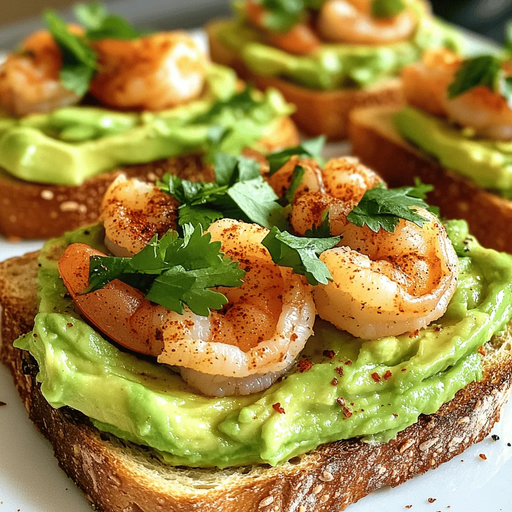 To make your Spicy Shrimp Avocado Toast, gather these simple ingredients: - 1 pound large shrimp, peeled and deveined - 2 ripe avocados - 4 slices of whole grain or sourdough bread - 1 teaspoon smoked paprika - 1 teaspoon cayenne pepper (adjust to taste) - 1 tablespoon olive oil - 2 cloves garlic, minced - Juice of 1 lime - Salt and pepper to taste - Fresh cilantro, chopped (for garnish) - Red pepper flakes (for garnish) When choosing shrimp, fresh is often best for taste. Fresh shrimp has a firm texture and sweet flavor. Look for shrimp that smells like the ocean, not fishy. If fresh shrimp is not available, frozen shrimp is a great choice. Frozen shrimp may be just as good if you thaw it properly. Always check the package for quality. You can adapt this recipe to fit your needs. For a gluten-free option, use gluten-free bread. If you prefer a vegan dish, try grilled tofu or chickpeas instead of shrimp. For a milder taste, use less cayenne pepper or skip it entirely. You can also use lemon juice instead of lime juice for a different twist. For the full recipe, check out the Spicy Shrimp Avocado Toast 🦐. Start by gathering your shrimp and mixing the spices. In a bowl, add smoked paprika, cayenne pepper, olive oil, minced garlic, lime juice, salt, and pepper. Toss in the shrimp and mix well. You want each shrimp to get coated with flavor. Let it sit for at least 15 minutes. This time helps the shrimp absorb the marinade. You can marinate longer for more intense flavor. Heat a non-stick skillet over medium-high heat. Once hot, add your marinated shrimp. Cook them for about 2-3 minutes on each side. You know they are done when they turn pink and opaque. Avoid overcooking as this makes shrimp tough. Once cooked, take them off the heat and set aside. While your shrimp cook, it’s time to work on the avocado spread. Cut your ripe avocados in half and remove the pit. Scoop the flesh into a bowl. Mash the avocado with a fork until creamy. Add lime juice, salt, and pepper to taste. Mix until it’s smooth and spreadable. The lime juice adds flavor and keeps the avocado from browning. Next, toast your bread. You can use the same skillet or a toaster. If using the skillet, place the bread slices in after cooking the shrimp. Toast until they are golden and crunchy. This gives the toast a nice texture that holds the toppings well. Make sure to watch the bread closely to prevent burning. Now it’s time to build your toast. Start by spreading a generous layer of mashed avocado on each slice of toasted bread. Make sure to cover it well. Next, evenly distribute the cooked shrimp on top of the avocado. This layering gives each bite a mix of creamy and spicy flavors. Finish with a sprinkle of chopped cilantro and red pepper flakes for a bit of color and extra taste. Enjoy your creation! When making spicy shrimp avocado toast, a few mistakes can ruin your dish. First, do not skip marinating the shrimp. This step adds flavor. Also, avoid overcooking the shrimp. They should be pink and firm. If shrimp cook too long, they become rubbery. Finally, do not let the avocado turn brown. Serve it fresh. To adjust spice levels, start with a small amount of cayenne pepper. You can always add more if needed. If you want less heat, use less cayenne. You can also try smoked paprika. It adds flavor without too much spice. Experiment with your favorite hot sauce too. A few drops can change the dish. Choose ripe avocados for the best flavor. Look for avocados that feel slightly soft when you squeeze them. If they are hard, they are not ready. You can speed up ripening by placing them in a brown paper bag. Check them daily. Once ripe, use them right away or store them in the fridge for a couple of days. For the best avocado toast, use fresh avocados from the market. For the full recipe, check the earlier section. {{image_2}} If you want to switch up your protein, you have great options. You can use chicken, tofu, or even crab. These choices can give your dish a new twist. Simply season and cook them like the shrimp. Chicken works well with similar spices. Tofu can soak up flavors nicely. Crab adds a sweet, rich taste to your toast. For a vegetarian take, skip the shrimp and try roasted veggies. Bell peppers, mushrooms, or zucchini can add flavor and texture. You can also use chickpeas for a protein boost. Mash the chickpeas with spices for extra flair. Another great option is to top your toast with a fried egg. The runny yolk adds creaminess that pairs well with avocado. To amp up the flavor, consider adding different spices or toppings. Try adding a sprinkle of chili powder or cumin for warmth. Fresh herbs like basil or dill can brighten your dish. For a crunchy texture, top your toast with seeds or nuts. Crumbled feta or goat cheese adds a creamy touch. You can even drizzle balsamic glaze or hot sauce for a kick. For the full recipe, see the Spicy Shrimp Avocado Toast section. Leftover avocado toast can be tricky. The bread may get soggy fast. To store it, keep the shrimp and avocado separate from the bread. Place the shrimp in an airtight container. You can store it in the fridge for up to two days. For the avocado, you can add lime juice to slow browning. Use plastic wrap to cover the mashed avocado tightly. This helps keep it fresh. The bread should go in a zip-top bag or container. It stays crunchy longer this way. I prefer refrigerating shrimp for short-term storage. Shrimp lasts about two days in the fridge if stored correctly. If you want to keep shrimp longer, freezing is the way to go. Place the cooked shrimp in a freezer bag. Remove as much air as possible before sealing. Cooked shrimp can last up to three months in the freezer. When ready to eat, thaw it overnight in the fridge before reheating. Freshness is key for this recipe. Store avocados at room temperature until ripe. Once ripe, put them in the fridge to slow down the ripening. For shrimp, always buy from trusted sources. Look for shrimp that smells clean and fresh. If you buy frozen shrimp, ensure they stay frozen until you cook them. Using fresh ingredients like lime and cilantro also makes a big difference. Keep them in a cool place to maintain flavor and vibrancy. You should eat avocado toast right after making it. Avocado turns brown fast. If you have leftovers, store them in the fridge. Cover the toast with plastic wrap to slow browning. It might last about one day, but the taste and look will change. Yes, you can use cooked shrimp. It saves time and is easy to find. Just skip the marinating step. Heat the shrimp in a pan with a bit of oil before adding them to the toast. This keeps the dish quick and tasty. Whole grain and sourdough bread work best for this recipe. Both types give a nice crunch and flavor. The thick slices hold the avocado and shrimp well. You can also try gluten-free bread if you prefer that option. To lower the spice level, reduce the cayenne pepper. You can also add more avocado to balance the heat. Mixing in some Greek yogurt with the avocado will help, too. It adds creaminess and cuts the spice nicely. To wrap up, we explored the essential ingredients for the perfect avocado toast with shrimp. You learned about fresh versus frozen shrimp and how to choose alternatives for diets. I shared step-by-step cooking methods, tips for perfect texture, and ways to avoid common mistakes. By following these guidelines, you can enjoy a tasty, satisfying meal. Feel free to mix flavors and try new ingredients to make it your own. Happy cooking!