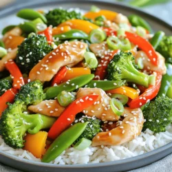 To make my easy chicken stir fry, gather these simple ingredients: - 1 lb boneless, skinless chicken breasts - 2 cups mixed vegetables (broccoli, bell peppers, snap peas, and carrots) - 3 tablespoons soy sauce (low sodium) - 1 tablespoon honey - 2 cloves garlic, minced - 1-inch piece ginger, grated - 2 tablespoons vegetable oil - 1 tablespoon sesame oil - 2 green onions, sliced (for garnish) - Sesame seeds (for garnish) - Cooked rice or quinoa (for serving) These ingredients create a tasty and quick meal. The chicken gives protein, while the veggies add crunch and color. The sauce blends sweet and savory flavors. You can use any veggies you have on hand, so feel free to mix it up. Cooking rice or quinoa ahead of time makes this dish even faster. Check out the Full Recipe for the complete method! - In a small bowl, whisk together the soy sauce, honey, minced garlic, and grated ginger. This will be your sauce. - Heat 1 tablespoon of vegetable oil in a large skillet or wok over medium-high heat. The oil should shimmer. - Add the sliced chicken to the hot oil. Stir-fry for about 5-7 minutes. Cook until the chicken is no longer pink. Remove the chicken and set aside. - In the same skillet, add another tablespoon of vegetable oil. Add the mixed vegetables. Stir-fry for 3-4 minutes. You want them tender but still crisp. - Return the cooked chicken to the skillet with the vegetables. - Pour the sauce mixture over everything. Stir well to combine. Cook for an additional 2-3 minutes to heat the sauce. - Drizzle sesame oil over the stir-fry. Toss to coat everything evenly. Remove from heat. - Serve hot over cooked rice or quinoa. Garnish with sliced green onions and sesame seeds. Enjoy your meal! For the full recipe, check out Easy Chicken Stir Fry 🥦. High-heat cooking makes your stir fry quick and tasty. It seals in juices and keeps veggies crisp. Heat your skillet or wok until it's very hot. This way, the chicken cooks fast and evenly. Slice the chicken thinly. Thin strips cook through better and faster. If you run out of soy sauce, don’t worry! You can use tamari or coconut aminos. Both give a nice flavor. Want some heat? Add chili flakes or a dash of sriracha. This amps up the taste and makes it exciting! Plating your stir fry nicely makes it look great. Use a large white plate to show off the colors. Pile the stir fry high in the center. For garnishes, sprinkle sliced green onions and sesame seeds on top. They add a nice touch and flavor. Want to impress? Try adding a lemon wedge on the side. {{image_2}} You can switch the chicken for other proteins. Tofu is a great choice for vegans. Shrimp cooks quickly, needing only 3-4 minutes. Beef adds a rich flavor. For beef, cook it for about 5-6 minutes until it browns. Each protein brings a unique taste to your stir fry. Many vegetables work well in stir fry. You can use bell peppers, zucchini, or mushrooms. Broccoli and snap peas add crunch. Seasonal veggies, like asparagus in spring, enhance flavor. Feel free to mix and match based on what you have. To make this dish gluten-free, use tamari instead of soy sauce. For vegan adaptations, replace chicken with tofu and honey with maple syrup. These swaps keep your stir fry tasty while meeting dietary needs. You can still enjoy a delicious meal no matter the restrictions. Check out the Full Recipe for more details! To store leftovers, let the stir fry cool first. Place it in an airtight container. This helps keep it fresh. You can keep it in the fridge for about three to four days. After that, the taste and texture might change. When you reheat your stir fry, use a skillet or a microwave. For the skillet, heat it on medium. Add a splash of water to keep it moist. Stir often to avoid burning. If using a microwave, cover the dish with a lid or a damp paper towel. This helps it steam and stay juicy. To avoid sogginess, do not overcook it again. Heat just enough to warm through. Yes, you can freeze chicken stir fry! It’s great for meal prep. To freeze, let it cool completely. Then, place it in a freezer-safe bag or container. Remove as much air as possible. This helps prevent freezer burn. To thaw, move it to the fridge overnight. For quick thawing, you can use the microwave. Just make sure to cook it right away after thawing. This keeps the chicken safe to eat. For the full recipe, check out the Easy Chicken Stir Fry. How long does it take to prepare? It takes about 10 minutes to prep and 15 minutes to cook. So, you can enjoy this meal in just 25 minutes from start to finish. Can I make this ahead of time? Yes, you can prepare the chicken and veggies ahead. Store them in the fridge and cook when you're ready. Can I use a non-stick pan? Absolutely! A non-stick pan works well for stir frying. It helps prevent the chicken from sticking. What's the best oil for stir frying? I recommend using vegetable oil or canola oil for stir frying. They have a high smoke point, which is great for cooking quickly. What can I use instead of honey? You can use maple syrup or agave nectar instead of honey. They add sweetness just like honey does. Can I skip the sesame oil? Yes, you can skip sesame oil. However, it adds a nice nutty flavor. If you want, you can replace it with more vegetable oil. This blog post covered how to make a delicious chicken stir fry. You learned the ingredients, step-by-step instructions, and helpful tips for cooking. We also explored fun variations and storage advice. In the end, cooking can be simple and enjoyable. With these ideas, your stir fry will impress anyone. Enjoy your tasty creation!
