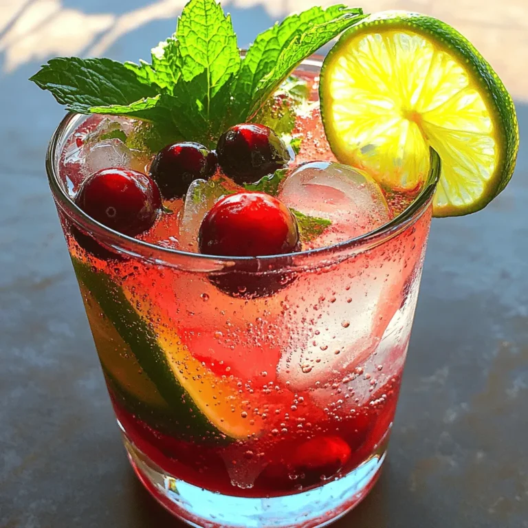 - 1 cup cranberry juice (no added sugar) - 1/2 cup sparkling water - 1/4 cup fresh lime juice (about 2 limes) - 2 tablespoons honey or agave syrup - Fresh mint leaves for garnish - Lime slices for garnish - Ice cubes To make a great cranberry lime spritzer, you need fresh ingredients. Start with cranberry juice that has no added sugar. This keeps your drink healthy and tasty. You will also need sparkling water, which adds a nice fizz. Fresh lime juice gives the drink a bright flavor. You can use about two limes for this. For sweetness, add honey or agave syrup. You can adjust this based on how sweet you like your drink. Fresh mint leaves and lime slices make great garnishes. They not only look good but also add a fresh aroma. Finally, don’t forget ice cubes to keep your spritzer cold and refreshing. If you don’t have cranberry juice, you can try pomegranate juice. This will change the flavor a bit but still taste great. For sweetness, if you prefer granulated sugar, feel free to use it instead of honey or agave. Just mix it well until it dissolves. You can also use bottled lime juice if fresh limes are not available. Just make sure to check the label for added sugars. The goal is to keep the drink as fresh and tasty as possible. To make the cranberry lime spritzer, start with the juices. In a large pitcher, mix 1 cup of cranberry juice with 1/4 cup of fresh lime juice. Use about 2 limes for this. Add 2 tablespoons of honey or agave syrup. Stir well until the sweetener dissolves. Next, it's time for the sparkling water. For this, you will add 1/2 cup of sparkling water. Gently stir the mixture to combine. Be careful not to stir too hard; we want to keep the fizz! For serving, grab some ice cubes. Fill each glass with ice, then pour the cranberry-lime mixture over the ice. Fill each glass about three-quarters full. To make the drinks look pretty, add garnishes. Use fresh mint leaves and a slice of lime on the rim of each glass. This adds a pop of color and makes your drink extra special! To keep your drink cold, use chilled ingredients. Store the juices in the fridge before mixing. You can also use ice cubes made from cranberry juice for an extra touch. Garnishes are key for a great presentation. They not only look nice but also add fresh flavor. Use bright mint leaves and colorful lime slices. These small details impress your guests and make the drink feel festive! You can find the Full Recipe [here]. To make your cranberry lime spritzer even better, you can add fruits or herbs. Fresh raspberries or strawberries can bring a sweet twist. You might also try adding sliced cucumbers for a refreshing touch. Fresh herbs like basil or rosemary can add depth. Balancing sweetness with tartness is key. If your drink is too sweet, add more lime juice. You can also use less honey or agave syrup. Adjust to your taste. Finding the right mix will make your spritzer shine. Selecting the right glassware can elevate your drink. Use tall glasses to show off the colors. A mason jar gives a fun, rustic look. For a fancy vibe, consider stemmed glasses. Garnishes can set the mood for your spritzer. Use lime slices on the rim for a pop of color. Fresh mint leaves not only look great but add aroma. For a festive touch, try adding edible flowers. Each occasion can have its own special flair with the right garnishes. For the full recipe, check the details above. Enjoy crafting your perfect cranberry lime spritzer! {{image_2}} You can change the flavor of your cranberry lime spritzer with other juices. Adding orange juice gives it a bright note. Pineapple juice adds a tropical twist. Mix and match to find your favorite blend. Herbs can also change the taste. Try adding fresh basil for a sweet touch. Rosemary adds an earthy flavor that surprises your palate. Just a few leaves can make a big difference. If you want to turn this drink into a cocktail, it's easy. Add your favorite spirit to the mix. Vodka pairs well because it has a clean taste. Gin can add herbal notes that complement the flavors. For a sweeter option, rum works nicely too. Just remember to adjust the sweetness if you add alcohol. Enjoy the spritzer as a fun drink for any party! You can find the full recipe to get started. To keep your cranberry lime spritzer fresh, store it in the refrigerator. Use a sealed pitcher or jar to avoid spills and preserve flavor. The spritzer stays good for up to three days. After that, it may lose some fizz and taste. You can make a batch of the spritzer ahead of time. Just remember, it tastes best fresh. To make it last longer, do not add sparkling water until you are ready to serve. You can freeze garnishes like mint and lime slices. Place them in a freezer bag and pull them out when you need them. This way, you have fun, fresh flavors ready to go. For the full recipe, check the earlier section. Can I use sugar instead of honey/agave? Yes, you can use sugar. Just dissolve it in the juices. Start with a small amount and taste. Adjust until it suits your needs. Sugar adds sweetness but may change the flavor a bit. Is cranberry-lime spritzer kid-friendly? Absolutely! This drink is perfect for kids. It has fun colors and tastes great. Just make sure to use juice with no added sugar. This keeps it healthier for little ones. How can I make this spritzer alcohol-free? The cranberry-lime spritzer is already alcohol-free! It’s a great choice for parties or family gatherings. You can also add fruit slices or herbs for extra flair. What to do if the drink is too sweet/tart? If it’s too sweet, add more lime juice to balance it. A splash of sparkling water helps, too. If it’s too tart, add a bit more honey or sugar. Taste as you go! Fixing fizzy drinks that went flat If your spritzer lost its fizz, try adding fresh sparkling water. Pour it gently to keep some bubbles. You can also serve it over ice right before serving. This helps keep it cool and fizzy! This blog post covered how to make a cranberry-lime spritzer. We explored ingredients like cranberry juice and lime juice, and discussed substitutes. I shared step-by-step instructions for preparation and tips to enhance the drink's flavor and look. You learned about fun variations and how to store leftovers effectively. In your kitchen, this spritzer can be a refreshing treat. Enjoy experimenting with flavors and sharing this drink with friends!