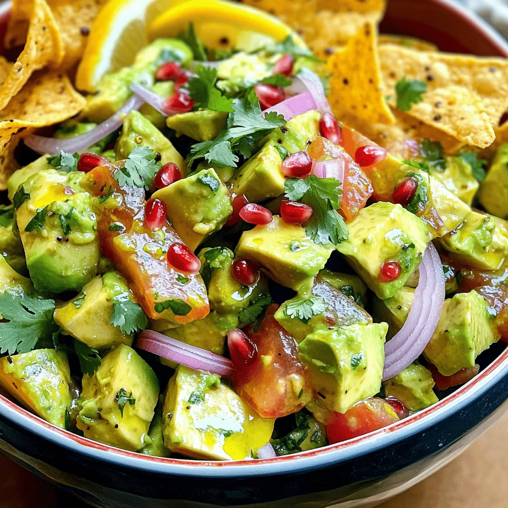 For a fresh and tasty Avocado Chaat, you need a mix of simple, vibrant ingredients. Here’s what you’ll need: - Ripe avocados - Red onion - Tomato - Green chili - Fresh cilantro - Chaat masala - Roasted cumin powder - Tamarind chutney - Lemon juice - Salt - Pomegranate seeds - Tortilla chips or papdi Each ingredient brings its own flavor. Ripe avocados provide creaminess. Red onion adds a nice crunch and mild sweetness. Tomatoes give juiciness, while green chili brings heat. Fresh cilantro adds a herbaceous note. The chaat masala gives a tangy kick, and roasted cumin adds warmth. Tamarind chutney offers a sweet-sour flavor, and lemon juice brightens the dish. Salt enhances all the flavors. Pomegranate seeds add a pop of color and sweetness, and tortilla chips or papdi add crunch. This mix makes Avocado Chaat a delightful vegan dish! You can find the full recipe to guide you through the steps. - In a large bowl, combine the diced avocados, red onion, diced tomato, and green chili. - Next, add the chopped cilantro, chaat masala, roasted cumin powder, tamarind chutney, and lemon juice. - Gently mix all the ingredients together. Be careful not to mash the avocados too much. - Season with salt to taste, mixing just until everything is well combined. - Transfer the chaat to a serving dish or individual bowls. - Garnish the top with pomegranate seeds for a pop of color and sweetness. - Serve immediately with tortilla chips or papdi on the side for added crunch. For the full recipe, refer to the Zesty Avocado Chaat section above. Enjoy the fresh and vibrant flavors! How do you select ripe avocados? Look for avocados that feel slightly soft when you press them gently. A ripe avocado should not be too hard or too mushy. The skin color can vary, so focus on feel, not just color. How do you store avocados properly? Keep ripe avocados in the fridge to slow down ripening. If they are not ripe yet, store them in a cool, dark place. You can also place them in a paper bag to speed up the ripening process. How can you adjust spice levels? Start with a small amount of green chili. You can always add more if you want it spicier. Taste the mix before serving to find the right heat for you. Why should you use fresh ingredients for better taste? Fresh ingredients have more flavor and nutrients. Fresh cilantro and ripe tomatoes can elevate your avocado chaat. Always choose the best quality for the best result. If you want to try the full recipe, check out the full recipe. {{image_2}} To kick up the heat in your avocado chaat, you can add more green chili. A little extra spice can make your dish exciting. If you want even more heat, try incorporating jalapeños. Slice them thinly and mix them in. This adds a fresh flavor and a spicy kick. You can also get creative with extra ingredients. Including corn or black beans can add more texture and flavor. Both options are healthy and delicious. They make the chaat more filling too. If you want to change the taste, consider substituting with different chutneys. You could use mint chutney or mango chutney for a new twist. These options bring unique flavors and keep the dish fresh. For the full recipe, check out the Zesty Avocado Chaat! Avocado chaat offers many health benefits. First, avocados are rich in healthy fats. These fats help keep your heart healthy and lower bad cholesterol. Avocados also have a lot of fiber. Fiber aids in digestion and keeps you full longer. This dish is not just about fats and fiber. Avocados contain many vitamins and minerals. They are high in vitamin K, which helps with blood clotting. They also have vitamin E, which is good for your skin. Additionally, avocados provide potassium, which helps lower blood pressure. With every bite of avocado chaat, you also get antioxidants that support your overall health. While avocado chaat is healthy, it’s important to enjoy it in moderation. Balance your avocado intake with other foods. Pair it with whole grains or lean proteins for a complete meal. This helps you get a variety of nutrients. Portion control is key to enjoying this dish. A serving of avocado chaat is about one half of an avocado. This way, you can savor its flavor without overdoing it. If you’re serving it as a snack, consider using tortilla chips or papdi sparingly. This keeps your meal light and enjoyable while still being nutritious. Avocado Chaat is a vibrant and tasty dish. It combines fresh avocados, onions, tomatoes, and spices. The flavors blend well to create a refreshing snack or side. You get a mix of creamy, crunchy, and zesty notes in every bite. The dish often features chaat masala, which adds a unique tang. It’s perfect for warm days or as a party starter. Yes, you can prep Avocado Chaat ahead of time. However, keep some tips in mind. Dice the avocados just before serving to avoid browning. You can chop the onions, tomatoes, and cilantro in advance. Store these in the fridge until you are ready to mix. Combine everything right before serving for the best taste. If you need a substitute for chaat masala, try these spices: - Garam masala for warmth - Cumin for earthiness - A pinch of paprika for color - Lemon zest for brightness These can provide a different flavor while keeping the dish interesting. Yes, this recipe is vegan-friendly! All ingredients are plant-based and healthy. You can enjoy this dish without worrying about animal products. The combination of flavors makes it a delightful treat for everyone. Avocado chaat combines fresh veggies, herbs, and spices for a delicious treat. You can serve it as a snack or appetizer, and it’s easy to make. Choosing ripe avocados and fresh ingredients improves taste. Try adding spices or other ingredients to customize your dish. Remember, this healthy option is packed with nutrients. Enjoy making avocado chaat and share it with others for a tasty experience!
