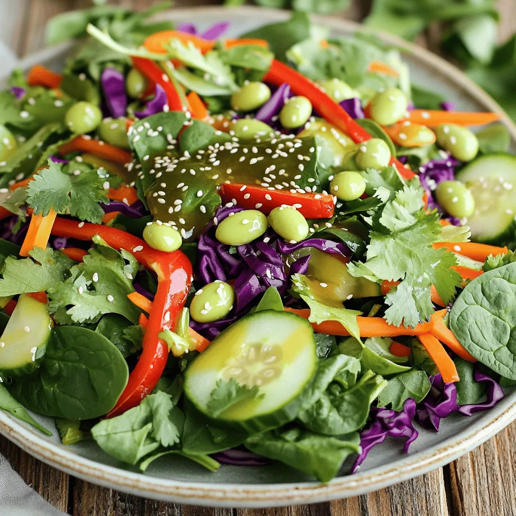 Creating a vibrant Asian sesame salad starts with fresh, colorful ingredients. Here’s what you need: - 4 cups mixed greens (spinach, arugula, and romaine) - 1 cup shredded purple cabbage - 1 cup carrot, shredded - 1 red bell pepper, thinly sliced - 1 cucumber, julienned - 1/4 cup green onions, chopped - 1/4 cup cilantro leaves, chopped - 1/2 cup edamame, shelled - 1/4 cup sesame seeds (toasted) - 1/4 cup sesame oil - 2 tablespoons soy sauce (low sodium preferred) - 2 tablespoons rice vinegar - 1 tablespoon honey or maple syrup - Salt and pepper to taste These ingredients bring life to the salad. Mixed greens offer a crisp base. The purple cabbage adds a pop of color and crunch. Carrots provide sweetness and texture. The bell pepper and cucumber give a refreshing taste, while edamame adds protein. For the dressing, sesame oil and soy sauce create a rich flavor. Rice vinegar adds a touch of tanginess. Honey or maple syrup balances the taste. If you want a full recipe, you can find it [here](Full Recipe). Enjoy making this fresh and flavorful Asian sesame salad! 1. Start with a large mixing bowl. 2. Combine 4 cups of mixed greens, 1 cup of shredded purple cabbage, and 1 cup of shredded carrot. 3. Toss them gently to mix well. 4. Next, add 1 red bell pepper, thinly sliced, along with 1 julienned cucumber. 5. Include 1/2 cup of shelled edamame, 1/4 cup of chopped green onions, and 1/4 cup of chopped cilantro. 6. Toss the salad again to ensure the vegetables mix evenly. 1. In a small bowl, whisk together 1/4 cup of sesame oil, 2 tablespoons of low-sodium soy sauce, 2 tablespoons of rice vinegar, and 1 tablespoon of honey or maple syrup. 2. Drizzle this dressing over the salad mixture. 3. Toss everything gently until all the vegetables are coated with the dressing. 1. Season your salad with salt and pepper to taste. 2. Adjust the flavors as needed. 3. Finally, sprinkle 1/4 cup of toasted sesame seeds over the top for a crunchy finish. This method brings together fresh flavors and textures, making your Asian sesame salad a delightful dish. You can find the full recipe in the article above for more details. Enjoy your creation! How to select the freshest greens Start by looking for vibrant colors. Fresh greens should be crisp, not wilted. Check for any brown spots or slimy edges. Smell the greens; they should smell fresh, not sour. If you can, buy organic produce for better taste and health. The importance of toasting sesame seeds Toasting sesame seeds brings out their nutty flavor. Heating them enhances their crunch. You can toast seeds in a dry pan over medium heat. Stir them often to avoid burning. Once they turn golden brown, remove them from heat. This simple step takes your salad to the next level. Family-style vs. individual servings For a family-style meal, serve the salad in a large bowl. This invites everyone to dig in together. For individual servings, place the salad on personal plates. This makes it easy for guests to enjoy their portions. Both styles offer a fun way to share food. Garnishing options for a beautiful presentation Garnishes make your dish look appealing. Use extra sesame seeds to add a crunchy touch. A few sprigs of fresh cilantro can brighten the dish. Thinly sliced radishes or colorful bell peppers add visual flair. These small details make your Asian Sesame Salad not just tasty but also beautiful. {{image_2}} When you make Asian sesame salad, feel free to switch things up. You can use different greens to change the taste. Here are some options: - Kale - Butter lettuce - Baby spinach These greens offer unique flavors and textures. You can also add protein to make the salad heartier. Consider these options: - Grilled chicken for a lean protein - Tofu for a plant-based option - Shrimp for a seafood twist Adding protein not only boosts flavor but also makes the meal more filling. If you want to try something new, consider other homemade dressings. A peanut dressing or a ginger dressing can add a fun twist. Here are two easy ideas: - Peanut Dressing: Blend peanut butter, soy sauce, rice vinegar, and a splash of water. - Ginger Dressing: Mix fresh ginger, sesame oil, soy sauce, and lime juice. You can also use a pre-made dressing for quick meals. Many stores sell tasty Asian dressings. Just check the label for ingredients that suit your taste. For the full recipe, check the earlier section on ingredients and steps. These variations make your Asian sesame salad fun and fresh! To keep your Asian Sesame Salad fresh, store it in the fridge. Use an airtight container to prevent moisture loss. This keeps the greens crisp and the flavors bright. If you have leftover dressing, store it separately. This helps avoid soggy salad. Enjoy your salad within two days. The mixed greens and veggies stay good during this time. Storing it longer may cause them to wilt. If you need to reheat, do so gently. Place it in a pan on low heat. This can warm the salad without cooking it. Can I make this salad ahead of time? Yes, you can make this salad ahead of time. Just prepare the veggies and dressing separately. Mix them together right before serving. This keeps the salad fresh and crunchy. What can I substitute for sesame oil? If you need a substitute for sesame oil, use olive oil or sunflower oil. Both have a mild flavor. You can add a sprinkle of sesame seeds for that nutty taste. Is this salad gluten-free? Yes, this salad can be gluten-free. Use gluten-free soy sauce or tamari instead of regular soy sauce. Always check labels to ensure safety. This Asian sesame salad is both healthy and tasty. Each serving has about 150 calories. It's packed with vitamins from the greens and veggies. You get fiber from the edamame and cabbage, which is great for digestion. For those with dietary restrictions, this salad is vegan and can be made gluten-free. Just remember to use the right soy sauce. It’s a colorful, nutritious dish to enjoy! This salad combines fresh greens and veggies, giving flavor and crunch. By following the steps, you can create a dish that everyone will love. Feel free to swap ingredients and experiment with dressings. You can even make it ahead of time for busy days. Keep it fresh in the right containers, and enjoy your colorful meal. Eating healthy can be easy and fun!