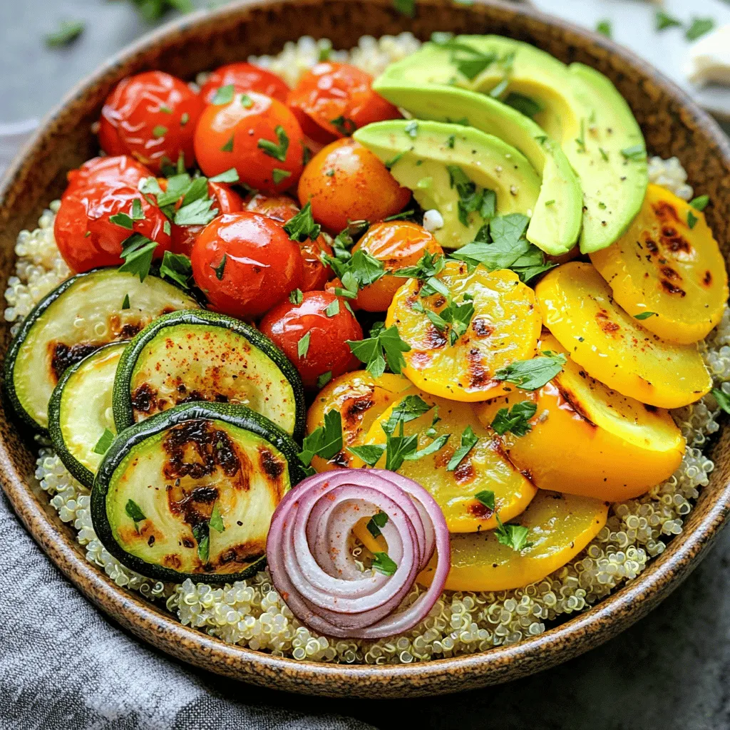 To craft a delicious roasted vegetable quinoa bowl, gather the following ingredients: - 1 cup quinoa, rinsed - 2 cups vegetable broth or water - 1 medium zucchini, diced - 1 red bell pepper, diced - 1 yellow squash, diced - 1 cup cherry tomatoes, halved - 1 red onion, sliced thinly - 3 tablespoons olive oil - 1 teaspoon garlic powder - 1 teaspoon smoked paprika - Salt and pepper to taste - 1 avocado, sliced - Fresh parsley or cilantro for garnish - Optional: Feta cheese or tahini sauce for drizzling Each ingredient plays a role in making the bowl tasty and healthy. Quinoa serves as a great base, packed with protein. Fresh vegetables add color and nutrients, while spices elevate the flavor. The optional toppings give you a chance to make it your own. This recipe is flexible, so feel free to swap in your favorite veggies. You can find the full recipe with steps to bring this bowl to life. Enjoy creating this vibrant meal! Preheating your oven is key for roasting. It helps your vegetables cook evenly. Set your oven to 400°F (200°C) to achieve the best results. While it heats up, you can prepare the rest of your ingredients. Make sure to use an oven thermometer to check the temperature. This step ensures you roast the vegetables perfectly. Start by rinsing the quinoa. Rinsing helps remove any bitter taste. Use a fine mesh strainer for this task. After rinsing, combine 1 cup of quinoa with 2 cups of vegetable broth or water in a medium saucepan. Bring this mixture to a boil. Then, reduce the heat to low, cover, and let it simmer for about 15 minutes. When done, the quinoa should be fluffy and the liquid absorbed. Set it aside while you work on the vegetables. Cut your vegetables into similar sizes for even cooking. Dice the zucchini, red bell pepper, and yellow squash. Halve the cherry tomatoes, and slice the red onion thinly. In a large bowl, toss the veggies with olive oil, garlic powder, smoked paprika, salt, and pepper. This mix adds flavor and helps the vegetables roast nicely. Spread the veggies in a single layer on a baking sheet. Roast them for 20-25 minutes. Stir halfway through to ensure they cook evenly. Look for tenderness and a slight caramelization for the best texture. Now it’s time to assemble your bowl. Start with a layer of cooked quinoa at the bottom. This acts as a base and adds protein. Next, add the roasted vegetables on top. For a fresh touch, include sliced avocado. Garnish with fresh parsley or cilantro for color. If you like, drizzle feta cheese or tahini sauce over the top for extra flavor. This layering not only looks great but also balances the flavors. Enjoy your beautiful Roasted Vegetable Quinoa Bowl! For the complete recipe, refer to the Full Recipe section. To make great quinoa, avoid some common mistakes. First, always rinse your quinoa before cooking. This removes a bitter coating called saponin. Not rinsing can lead to a less tasty dish. Next, use the right water-to-quinoa ratio. A good rule is two cups of liquid for one cup of quinoa. This helps achieve fluffy quinoa. After cooking, let your quinoa sit for five minutes. This allows it to steam and get even fluffier. Use a fork to fluff it gently. This step makes a big difference! Roasting vegetables perfectly is all about timing and temperature. Most vegetables roast well at 400°F (200°C). For firmer veggies, like carrots, roast them a bit longer. For softer ones, like tomatoes, check them sooner. To prevent soggy vegetables, don't overcrowd the pan. Give them space to roast and caramelize. Stir halfway through to ensure even cooking. Adding spices and herbs can boost your bowl's flavor. Try cumin, oregano, or thyme for extra depth. A squeeze of lemon juice adds brightness, too. For dressings or sauces, tahini and olive oil are great options. You can also mix yogurt with herbs for a fresh dip. These small changes can take your meal from good to great. For the full recipe, check out the complete instructions above! {{image_2}} You can swap vegetables based on what you have. Use seasonal veggies for fresh flavor. Try carrots, broccoli, or sweet potatoes. These add great taste and texture. For more complex flavors, add roasted garlic or caramelized leeks. These ingredients can elevate your dish. You can also try different herbs, like thyme or rosemary, for a fragrant touch. Adding protein makes your bowl more filling. You can include grilled chicken or roasted chickpeas. Tofu is a great vegan option too. To integrate them, just layer the protein on top of the quinoa and veggies. If you want, marinate the chicken or tofu for extra flavor before cooking. This adds depth to each bite. You can easily adjust this bowl to fit your diet. For vegan options, skip cheese and use tahini sauce. If you're gluten-free, ensure your quinoa is certified gluten-free. For low-carb diets, reduce the quinoa and add more veggies. You can also use cauliflower rice instead of quinoa. This keeps it light and healthy. Each modification keeps the dish tasty and satisfying. For the full recipe, check the details above. After enjoying your roasted vegetable quinoa bowl, store any leftovers safely. First, let the bowl cool to room temperature. Then, place it in the fridge within two hours. Use airtight containers to keep it fresh. Glass or BPA-free plastic containers work best. They help prevent moisture loss and keep flavors intact. Reheating the bowl is easy and quick. Use the microwave for fast results. Heat it in short bursts of 30 seconds. Stir in between to ensure even warmth. This helps keep the quinoa fluffy and the veggies tender. You can also reheat in an oven. Preheat it to 350°F (175°C). Spread the leftover bowl in a baking dish. Cover it with foil to avoid drying out. Bake for about 15-20 minutes until it's hot. For an extra twist, try adding a splash of vegetable broth while reheating. This adds moisture and flavor. You can also top it with a fresh squeeze of lemon juice or a drizzle of tahini for a new taste. For a creative serving idea, mix in some chickpeas or shredded chicken. This adds protein and makes your bowl even heartier. Enjoy your delightful leftovers! Cooked quinoa lasts about 5 days in the fridge. Store it in an airtight container. You can freeze cooked quinoa for up to 3 months. Just place it in a freezer-safe bag. Label it with the date for easy tracking. Yes, you can! Make the quinoa and roasted veggies ahead. Store them separately in the fridge. This helps keep everything fresh. When you're ready, just reheat and assemble. It's a great meal prep option. You can switch up the veggies based on what you like. Try adding carrots, broccoli, or cauliflower. You can also change the spices. For example, use cumin or curry powder for a different taste. Experiment with dressings, too! If you want it mild, skip the smoked paprika. You can also add a pinch of sugar to balance flavors. For more heat, add red pepper flakes or diced jalapeños. Always taste as you go to find your ideal spice level. Yes, this recipe is nut-free! It uses veggies, quinoa, and olive oil. If you want to add crunch, try seeds like pumpkin or sunflower. Always check labels for packaged ingredients to avoid hidden nuts. Enjoy your delicious and safe meal! In this blog post, we explored creating a delicious quinoa bowl. We covered essential ingredients, like fresh veggies and spices. You learned the step-by-step process, from cooking quinoa to roasting vegetables. I shared tips for perfecting texture and flavor, including how to store and reheat leftovers. Remember, experiment with different vegetables and proteins to make the dish your own. This bowl is easy to adapt, ensuring you can enjoy it your way. Create, taste, and share your unique version!