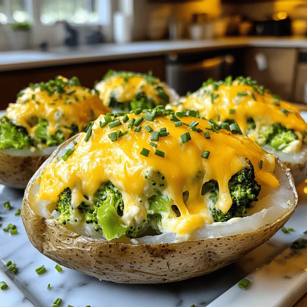 - 4 large russet potatoes - 1 cup fresh broccoli florets, chopped - 1 cup sharp cheddar cheese, grated - 1/2 cup cream cheese, softened - 1/4 cup sour cream - 2 tablespoons butter, melted - 1 teaspoon garlic powder - 1/2 teaspoon salt - 1/4 teaspoon black pepper - 1/4 teaspoon red pepper flakes (optional) - Chopped chives or green onions for garnish When making broccoli cheddar stuffed potatoes, quality ingredients matter. Start with russet potatoes. They have a fluffy inside, perfect for stuffing. Fresh broccoli adds a nice crunch. Sharp cheddar cheese gives a strong flavor that shines through. Cream cheese helps make the filling creamy and rich. Sour cream adds a bit of tang. The butter adds a nice sheen and flavor too. - Potato masher - Baking sheet - Mixing bowl - Measuring cups and spoons You need basic tools for this recipe. A potato masher helps mix the filling smoothly. A baking sheet is essential for roasting the potatoes. A mixing bowl is where you combine all the tasty ingredients. Measuring cups and spoons ensure you get the right amount of each ingredient. - Calories: ~400 per serving - Total fat: 20g - Protein: 12g - Carbohydrates: 45g - Dietary fiber: 6g - Sugars: 3g Knowing the nutritional info helps you keep track of your meals. This dish is filling and has a good mix of protein and carbs. It's a nice balance of comfort and nutrition. For more details on the cooking process, see the Full Recipe. 1. Preheat your oven to 425°F (220°C). This makes sure the potatoes cook well. 2. Wash the russet potatoes under cool water. This removes dirt and debris. 3. Poke several holes in each potato with a fork. This helps steam escape while baking. 4. Place the potatoes directly on the oven rack. Bake them for 45-60 minutes. They should be tender when done. 1. While the potatoes bake, bring a small pot of water to a boil. 2. Add the broccoli florets and blanch them for 2-3 minutes. This keeps the bright green color. 3. Drain the broccoli and put it in ice water. This stops the cooking process and keeps it crisp. 4. Drain again and set the broccoli aside. 5. Once the potatoes are done, take them out and let them cool slightly. 6. Cut each potato in half lengthwise. Scoop out the pulp into a bowl, leaving the skin intact. 7. To the bowl, add cream cheese, cheddar cheese (save some for topping), sour cream, melted butter, garlic powder, salt, black pepper, and red pepper flakes. 8. Mix everything until it is smooth and creamy. 1. Fold in the blanched broccoli. Make sure it is evenly mixed. 2. Spoon the filling back into the potato skins. Mound it high for a nice look. 3. Sprinkle the remaining cheddar cheese over each stuffed potato. 4. Return the potatoes to the oven. Bake for an extra 15 minutes until the cheese is bubbly and golden. 5. Remove from the oven and garnish with chopped chives or green onions before serving. For the complete details on ingredients and preparation, check out the Full Recipe. For stuffed potatoes, I love using russet potatoes. They have a fluffy texture and thick skin. This makes them great for holding fillings. Look for potatoes that are firm and heavy. Avoid any with dark spots or soft areas. If you can’t find russets, try Yukon Gold or red potatoes. They also work well but have a creamier texture. To get the best baked potatoes, poke holes in each one. This allows steam to escape while baking. Bake them at 425°F (220°C) for about 45 to 60 minutes. Check for doneness by squeezing the potato gently. It should feel soft. If it’s still firm, give it more time. To boost the flavor, add your favorite seasonings. Garlic powder, onion powder, or paprika can enhance taste. You can also mix in herbs like thyme or rosemary. For cheese, try mixing different kinds. A bit of mozzarella can add creaminess, while pepper jack can bring heat. Customize your stuffed potatoes to fit your taste! {{image_2}} You can easily make this recipe vegetarian. Try adding other vegetables, like spinach or kale. They add nice color and flavor. You can also use plant-based cheese alternatives. These options keep the dish creamy and tasty. Want to boost the protein? Add cooked chicken or crispy bacon. Cooked chicken goes well with the broccoli and cheese mix. If using bacon, chop it into small pieces and fold it in. Adjust the cooking time if you add more filling. Make sure everything heats through nicely. You can change the spice level in this dish. To increase spiciness, add more red pepper flakes. If you want a milder flavor, leave them out. This makes the dish family-friendly. You can also use a mild cheese for less heat. For a zesty option, consider adding a dash of hot sauce. To store your broccoli cheddar stuffed potatoes, let them cool first. Place them in an airtight container. Refrigerate them promptly. They can stay fresh for about 3 to 5 days. If you want to enjoy them later, freezing is a great option. To freeze stuffed potatoes, wrap each one tightly in plastic wrap. Then, place them in a freezer bag. Remove as much air as possible. They will last for up to 3 months in the freezer. When you’re ready to eat, thaw them in the fridge overnight. For reheating, the oven works best. Preheat your oven to 350°F (175°C). Place the stuffed potatoes on a baking sheet. Cover them with foil to keep the moisture in. Bake for about 20-25 minutes. If using a microwave, heat them for 2-3 minutes on high. Check that the cheese stays melty and the filling is warm. Enjoy your delicious meal! For the complete cooking process, check out the Full Recipe. Yes, you can make stuffed potatoes ahead. Bake the potatoes and prepare the filling. Once ready, stuff the potatoes and cover them. Store in the fridge for up to two days. When you want to eat, just bake them until hot. If you need a substitute for cream cheese, try Greek yogurt. It gives a nice tang. Softened tofu is another great choice. Blend it until smooth for a creamy texture. To make the recipe dairy-free, use dairy-free cheese and cream cheese. You can also swap sour cream for a plant-based alternative. Coconut cream works well too. Just adjust the flavors to your taste. Yes, you can grill stuffed potatoes. Wrap them in foil to keep them moist. Place them on the grill over medium heat. Cook for about 30-40 minutes, turning them halfway through. To make these stuffed potatoes more filling, add protein. Try shredded chicken, cooked bacon, or beans. You can also mix in cooked quinoa for extra texture and nutrition. Adjust the seasonings to match your add-ins. You can find the Full Recipe for detailed steps and more tips. The Broccoli Cheddar Stuffed Potatoes recipe is a must-try. Each bite is creamy and cheesy. You can find the Full Recipe for detailed steps and tips. To start, you will need four large russet potatoes. Russets are perfect for this dish because they are fluffy. Next, gather one cup of fresh broccoli florets. Chop them into small pieces for even cooking. You will also need one cup of sharp cheddar cheese. The sharpness adds great flavor to the stuffing. For the creamy texture, include half a cup of softened cream cheese. A quarter cup of sour cream will make it even smoother. Two tablespoons of melted butter bring richness. One teaspoon of garlic powder gives a tasty kick. Don't forget half a teaspoon of salt and a quarter teaspoon of black pepper to enhance the flavors. If you like a little heat, add a quarter teaspoon of red pepper flakes. Finally, top it all off with chopped chives or green onions for garnish. This will brighten up the dish visually and add a fresh touch. When you bake these potatoes, the outside gets crispy while the inside stays soft. The cheese melts beautifully, making it a dish that everyone will love. The blog post shared a tasty stuffed potato recipe. You learned about the key ingredients, tools, and steps for making these dishes. I also covered tips for perfect potatoes and ways to customize flavors. With storage and reheating info, you can enjoy leftovers easily. Explore the variations for more fun. Dive into your kitchen and create something delicious today! Check the full recipe for all the details and to impress your family.