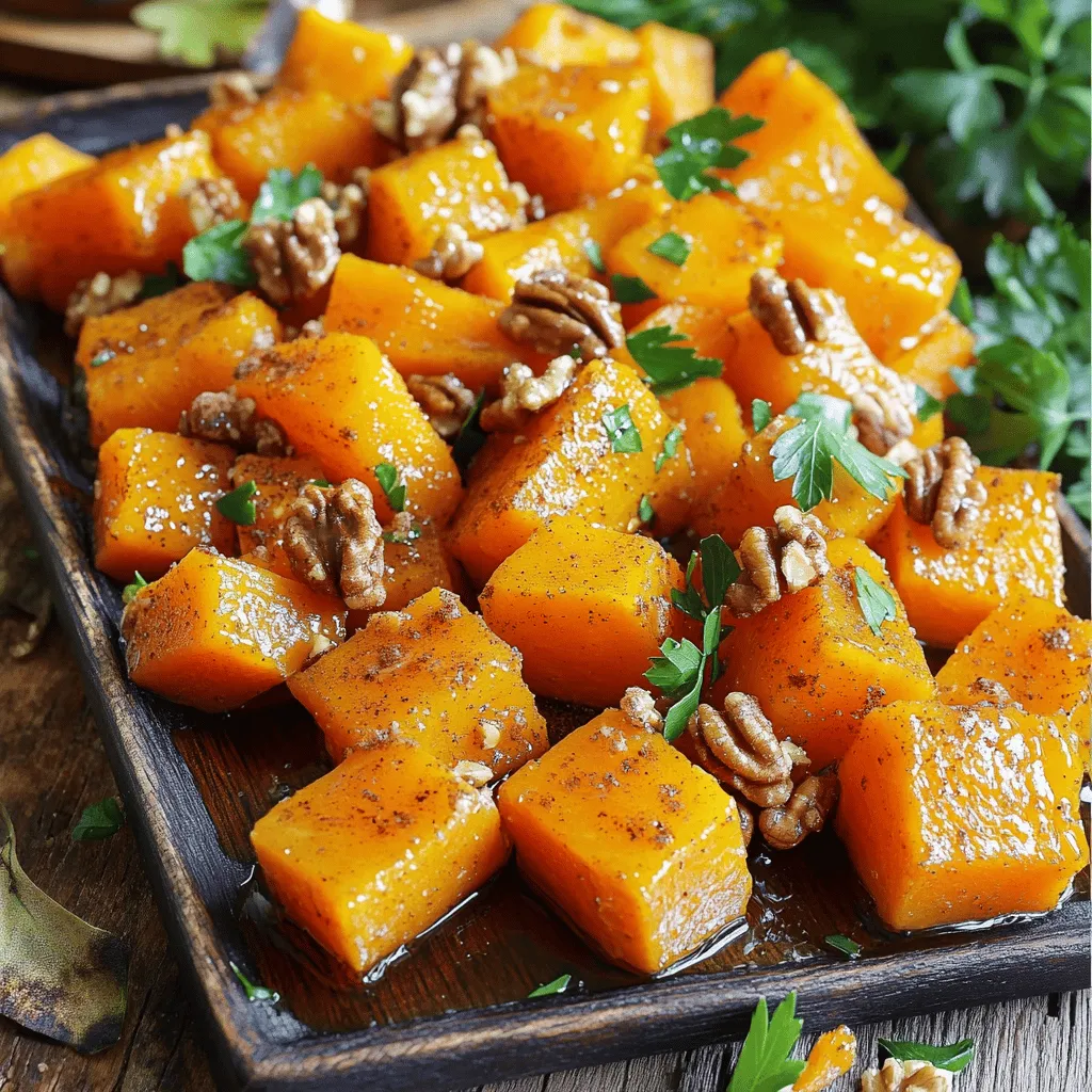 - 1 medium butternut squash, peeled and cubed - 3 tablespoons olive oil - 1 teaspoon ground cinnamon - 1/2 teaspoon nutmeg - 2 tablespoons maple syrup - Salt and pepper to taste - 1/4 cup walnuts, chopped (optional) - Fresh parsley for garnish - Baking sheet - Parchment paper - Large mixing bowl - Knife and cutting board To make easy roasted butternut squash, you need a few simple items. The main star is the butternut squash. Choose one that feels firm and heavy for its size. When you peel and cube it, aim for even pieces. This helps in cooking. You will also need olive oil. It adds richness and helps the spices stick. Ground cinnamon and nutmeg give warmth and depth to the dish. Maple syrup adds a touch of sweetness, balancing the squash’s natural flavors. Don’t forget salt and pepper; they bring out all the tastes. If you want more crunch, chop some walnuts as a topping. Fresh parsley makes a colorful garnish, adding a fresh note. For equipment, grab a baking sheet and line it with parchment paper. This makes clean-up easy. A large mixing bowl helps you combine all the ingredients well. Finally, use a knife and cutting board for preparation. With these ingredients and tools, you can create a tasty dish that shines on any table. For the complete cooking steps, check the Full Recipe. - Preheat your oven to 400°F (200°C). - Prepare the butternut squash: peel, seed, and cube. Start by peeling the squash with a sharp knife. After peeling, cut it in half and scoop out the seeds with a spoon. Then, cut the squash into 1-inch cubes. This size helps it cook evenly and caramelize well. - Combine cubed squash with olive oil and spices. - Ensure even coating for better flavor. In a large bowl, add the cubed squash. Pour in 3 tablespoons of olive oil and sprinkle in your spices: 1 teaspoon ground cinnamon, 1/2 teaspoon nutmeg, and salt and pepper to taste. Add 2 tablespoons of maple syrup for sweetness. Toss everything together. Make sure each piece of squash gets coated. This step is key to achieving a great flavor. - Spread squash on baking sheet. - Roast for 25-30 minutes, stir halfway through. Line a baking sheet with parchment paper. Spread the squash cubes out in a single layer. Place the sheet in the preheated oven. Roast for 25 to 30 minutes. Stir the squash halfway through to ensure even cooking. You want the squash to be tender and slightly caramelized. If you like, you can add chopped walnuts in the last five minutes for extra crunch. This step adds a nice texture and flavor contrast. To get that perfect tender and caramelized butternut squash, start with even-sized cubes. I recommend cutting them into 1-inch pieces. This size helps them cook evenly. Roasting at 400°F (200°C) gives that nice golden-brown color. Stir the squash halfway through cooking. This helps all sides get that tasty caramelization. It also ensures uniform cooking. If you skip this step, some pieces might cook faster than others. You can easily boost the flavor with more spices or herbs. Try adding a pinch of cayenne for heat or fresh thyme for an herbaceous touch. Both options pair well with the squash's natural sweetness. Speaking of sweetness, maple syrup is a game-changer. Adjust the amount to fit your taste. If you want it sweeter, add more syrup. If you prefer a savory note, use less. This flexibility allows you to make the dish just right for you. Roasted butternut squash pairs well with proteins like chicken or pork. It also works great in salads and grain bowls. You can serve it warm or at room temperature. Get creative with how you plate your squash. Try it on a bed of quinoa or alongside sautéed greens. You can also mash it for a smooth texture. The options are endless, making it a versatile side dish for any meal. For the full recipe, check out the details provided above. {{image_2}} You can change up the flavors of your roasted butternut squash with just a few tweaks. For a spicy kick, add cayenne pepper. Start with a pinch, then taste as you go. This heat balances well with the sweetness of the squash. If you prefer a sweeter dish, simply increase the maple syrup. This will enhance the natural sugars in the squash and give you a delightful caramelized finish. If you want a vegan version, use non-dairy options. For example, swap olive oil for coconut oil. This keeps the dish creamy without using animal products. Those who need gluten-free meals can enjoy this dish without worry. All the ingredients are naturally gluten-free. Just ensure that any added spices or toppings are also gluten-free. Incorporating seasonal herbs or vegetables can elevate your roasted squash. Try adding fresh rosemary or thyme for an earthy touch. You can also mix in other fall veggies like Brussels sprouts or carrots. These add color and texture to your dish. For the best fall recipes, pair your roasted squash with hearty grains or roasted meats. This creates a lovely autumn feast that warms the soul. To store leftover roasted butternut squash, let it cool down first. Place it in an airtight container. It will stay fresh in your fridge for about 3 to 5 days. If you want to keep it longer, freezing is a great option. When reheating, use the oven or stovetop. Both methods help keep the squash tender and warm. Microwave can dry it out, which is not ideal. You can add leftover squash to soups or salads for extra flavor. It also works well in quesadillas or grain bowls. To freeze roasted butternut squash, first let it cool completely. Spread the pieces on a baking sheet in a single layer. Freeze for about 1-2 hours until solid, then transfer to a freezer bag. Use it in smoothies, soups, or casseroles after thawing. This makes meal prep easy and keeps your meals vibrant and nutritious. You can tell butternut squash is done by checking its softness. It should be tender when you poke it with a fork. Look for a nice golden-brown color on the edges too. This caramelization adds flavor and makes it taste sweet. If it’s soft and caramelized, you know it’s just right! Yes, you can roast butternut squash with the skin on. The skin is edible and adds texture. However, it can be tough and may not appeal to everyone. Peeling makes for a softer bite. If you like a mix of textures, try leaving some skin on. It’s your choice! Butternut squash is very versatile. You can use it in soups, like creamy butternut soup. It also works well in salads, adding color and taste. You can mash it for purees or even bake it in pies. The options are endless. Get creative in the kitchen! Roasted butternut squash is packed with nutrients. It has a lot of vitamin A, which is good for your eyes. It also has fiber, which helps with digestion. Plus, it contains antioxidants that may help your body fight disease. Eating it is a tasty way to stay healthy! For the full recipe, check out Autumn Bliss Roasted Butternut Squash. It includes step-by-step instructions and all the ingredients you need for this delicious dish. Enjoy making it! Roasting butternut squash is simple and fun. You learn how to prep, mix, and cook it well. With tips for perfect texture and new flavors, your dishes shine. You can even store and use leftovers easily. Remember, butternut squash is versatile and healthy. Try different spices or pairings to keep meals exciting. Enjoy crafting your own unique recipes!