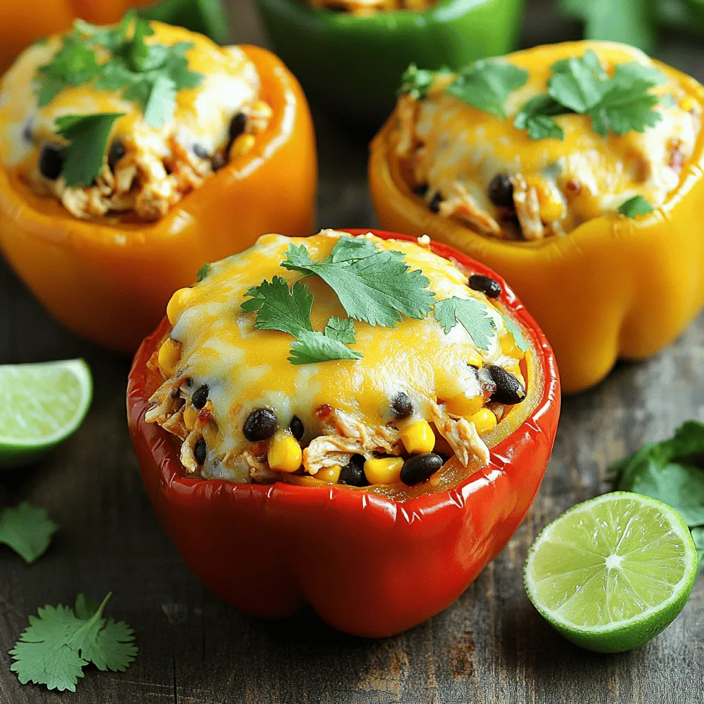 To make chicken fajita stuffed peppers, gather these key items: - 4 large bell peppers (red, yellow, or green) - 2 cups cooked chicken, shredded or diced - 1 medium onion, sliced - 2 cloves garlic, minced - 1 tablespoon olive oil - 1 teaspoon cumin - 1 teaspoon smoked paprika - 1/2 teaspoon chili powder - Salt and pepper to taste - 1 cup corn kernels (fresh or frozen) - 1 cup black beans, rinsed and drained - 1 cup shredded cheese (cheddar or Mexican blend) - Fresh cilantro leaves, for garnish - Lime wedges, for serving These ingredients create a tasty meal packed with flavor and nutrients. You can switch up the recipe to match your taste. Here are some fun additions: - Diced tomatoes for extra juiciness - Jalapeños for heat - Avocado slices for creaminess - Sour cream for a cool finish - Different cheese like pepper jack for more spice Feel free to mix and match these options! If you need alternatives, here are some ideas: - Use ground turkey or beef instead of chicken. - Swap bell peppers for zucchini or eggplant. - Try quinoa or rice instead of black beans for a different texture. - Use vegetable broth instead of olive oil to sauté. These changes keep the dish fresh and exciting while catering to your needs. For the full recipe, check out the entire cooking guide. To start, gather all your ingredients. You will need four large bell peppers, cooked chicken, onion, garlic, and spices. Cut the tops off the bell peppers. Remove the seeds and membranes. Place the peppers upright in a baking dish. This step is key. It makes stuffing easier. Next, slice the onion and mince the garlic. Heat the olive oil in a large skillet over medium heat. Add the onion and cook until it becomes soft and clear. This takes about three to four minutes. Add the minced garlic to the skillet. Stir it in for about one minute. Then, add the cooked chicken, corn, black beans, cumin, smoked paprika, chili powder, salt, and pepper. Mix everything well. Cook for about five more minutes until the mixture is hot. Remove the skillet from the heat. Fold in half of the shredded cheese. This makes the filling creamy and tasty. Now, it’s time to stuff your peppers! Fill each pepper tightly with the chicken mixture. Top each stuffed pepper with the remaining cheese. This will form a nice, cheesy crust. Cover the dish with aluminum foil. Bake in your preheated oven at 375°F for twenty-five minutes. After that, take off the foil. Bake for another ten minutes. The peppers should be soft, and the cheese should be bubbly and golden. Once they are done baking, remove the dish from the oven. Let the peppers cool for a few minutes. This will make them easier to handle. Garnish with fresh cilantro. Serve with lime wedges for a burst of flavor. Enjoy your delicious chicken fajita stuffed peppers! For the full recipe, check the detailed instructions above. To make the best Chicken Fajita Stuffed Peppers, start with fresh peppers. Choose large, firm bell peppers that hold their shape well. Pre-cooking the filling helps blend the flavors. Use cooked chicken for speed and flavor. Mix in spices like cumin and smoked paprika for depth. Pack the filling tightly into the peppers to avoid gaps. Topping with cheese adds a nice crust. Covering with foil helps steam the peppers. Remove the foil for the last 10 minutes to get a golden brown top. One big mistake is overcooking the peppers. You want them tender, not mushy. Avoid using too much filling, as it can spill out. Don’t skip the resting time after baking; it makes serving easier. Also, remember to taste your filling for seasoning. Balance is key! Serve the Chicken Fajita Stuffed Peppers with lime wedges for a fresh kick. I love adding a side of guacamole or salsa. A simple green salad works great, too. You can also serve them with tortilla chips for a fun crunch. For a twist, wrap leftovers in a tortilla for a quick meal. Enjoy experimenting with your own sides! For the complete recipe, check out the Full Recipe section. {{image_2}} If you want a meatless meal, you can swap the chicken for veggies. Use mushrooms, zucchini, or eggplant. You can also add black beans or chickpeas for protein. This option is tasty and colorful. You can still use the same spices to keep that fajita flavor. To make your stuffed peppers spicier, add jalapeños or hot sauce. You can also use pepper jack cheese instead of cheddar. If you want less heat, remove the chili powder or use mild salsa. Adjust it to fit your taste. You don't have to use chicken for this recipe. Ground turkey or beef are great swaps. Tofu is another option if you want it plant-based. Just make sure to cook it well with the spices. This keeps the flavors rich and satisfying. For more ideas, check the Full Recipe for inspiration. To keep your chicken fajita stuffed peppers fresh, store them in an airtight container. This method helps to lock in flavors and moisture. Make sure the peppers are cool before sealing. You can keep them in the fridge for up to four days. If you want to separate the filling from the peppers, place them in different containers. This way, the peppers stay crisp. Reheating stuffed peppers is easy. You can use an oven or a microwave. For the oven, preheat it to 350°F (175°C). Place the peppers in a baking dish and cover with foil. Heat for about 15-20 minutes until warm. If using a microwave, place a pepper on a microwave-safe plate. Heat on high for 2-3 minutes. Check that the center is hot before eating. Freezing is a great option for meal prep. To freeze, let the peppers cool completely. Wrap each one tightly in plastic wrap. Then, place them in a freezer-safe bag or container. They can last for up to three months in the freezer. When ready to eat, thaw them in the fridge overnight. Reheat as mentioned above. Enjoy your meal anytime! To make chicken fajita stuffed peppers, follow these steps: 1. Preheat your oven to 375°F (190°C). 2. Cut the tops off four large bell peppers. Remove the seeds and membranes. 3. Place the peppers upright in a baking dish. 4. In a skillet, heat one tablespoon of olive oil over medium heat. 5. Add one sliced onion and cook for 3-4 minutes until soft. 6. Stir in two minced garlic cloves, two cups of cooked chicken, one cup of corn, and one cup of black beans. 7. Add one teaspoon of cumin, one teaspoon of smoked paprika, and half a teaspoon of chili powder. Season with salt and pepper to taste. 8. Cook for another 5 minutes until warm. 9. Mix in half of one cup of shredded cheese. 10. Stuff each bell pepper with the chicken mixture. 11. Top with the rest of the cheese. 12. Cover with foil and bake for 25 minutes. 13. Remove foil and bake for 10 more minutes until the peppers are tender. 14. Garnish with fresh cilantro and serve with lime wedges. This full recipe makes a tasty meal that is simple and fun to cook. Stuffed peppers pair well with many sides. Here are some ideas: - A fresh salad with mixed greens - Rice or quinoa for a hearty addition - Salsa or guacamole for a zesty kick - Tortilla chips for crunch - Sour cream or Greek yogurt for creaminess These sides brighten the meal and add flavor. Yes, you can prepare stuffed peppers ahead of time. Here’s how: - Prepare the filling and stuff the peppers. - Cover them tightly and store in the fridge for up to 24 hours. - When ready to cook, bake them directly from the fridge, adding extra time if needed. You can also freeze stuffed peppers for later. Just thaw them in the fridge before baking. In this blog post, we covered how to make Chicken Fajita Stuffed Peppers. We looked at the key ingredients, cooking steps, and tips to get it just right. You learned about variations, like vegetarian options and spice levels, which can fit your taste. Remember the best storage practices to keep leftovers fresh. This dish is easy to customize and perfect for any meal. Enjoy your cooking, and let this recipe inspire your kitchen creativity! Don’t hesitate to make it your own.