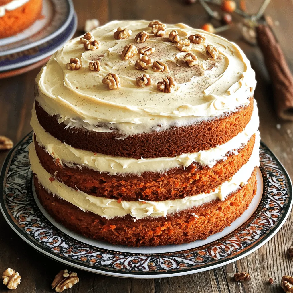 - 2 cups all-purpose flour - 2 cups granulated sugar - 1 cup vegetable oil - 4 large eggs - 1 teaspoon vanilla extract The base of the best ever carrot cake starts with these essential ingredients. The flour gives structure, while sugar adds sweetness. Oil keeps the cake moist, and eggs bind everything together. Vanilla extract enhances the overall flavor. - 2 teaspoons baking soda - 1 teaspoon baking powder - 1 teaspoon ground cinnamon - 1/2 teaspoon ground nutmeg - 1/2 teaspoon salt Next, we mix in flavorful additions. Baking soda and baking powder help the cake rise. Cinnamon and nutmeg add warmth and spice. Salt balances the sweetness, making the flavors pop. - 3 cups grated carrots (about 6 medium carrots) - 1 cup crushed pineapple, drained - 1/2 cup chopped walnuts or pecans (optional) - 1/2 cup raisins (optional) - Cream cheese frosting (store-bought or homemade) for topping Now, we add unique ingredients that make this cake shine. Grated carrots provide moisture and natural sweetness. Crushed pineapple adds a juicy burst. You can include nuts and raisins for added texture. Finally, cream cheese frosting makes it truly special, giving a rich and tangy finish. For the full recipe, refer to the Best Ever Carrot Cake section. - Preheat your oven to 350°F (175°C). - Grease and flour two 9-inch round cake pans. First, the oven needs to be hot. This step helps the cake rise well. Greasing and flouring the pans stop the cake from sticking. Use butter or cooking spray for greasing. Then, sprinkle flour in each pan and shake to coat evenly. - In a large mixing bowl, beat together the granulated sugar and vegetable oil. - Add the eggs one at a time, incorporating the vanilla extract. Next, take a big bowl. Mix the sugar and oil with a whisk until smooth. This step adds sweetness and moisture. Then, add each egg slowly. This helps blend everything well. Add the vanilla extract for a nice flavor. - Sift together dry ingredients in another bowl. - Gradually mix dry ingredients into the wet mixture until just combined. In a separate bowl, sift the flour, baking soda, baking powder, and spices. This step makes sure the dry mix is smooth. Slowly add this mix to the wet ingredients. Stir gently until just combined. Don't overmix; this keeps the cake soft. - Fold in the grated carrots, crushed pineapple, nuts, and raisins until evenly distributed. Now, fold in the star of the show: the grated carrots! Add the crushed pineapple for sweetness. If you like, add nuts and raisins too. Gently mix until everything is well blended. - Divide the batter between prepared pans. - Bake for 25-30 minutes or until a toothpick comes out clean. Carefully pour the batter into the pans. Make sure it is even. Bake them for 25 to 30 minutes. Check with a toothpick; it should come out clean. This means the cake is done! - Allow cakes to cool for 10 minutes, then turn out onto wire racks. - Frost the layers with cream cheese frosting once completely cool. Once baked, let the cakes cool in the pans for about 10 minutes. Then, carefully turn them out onto wire racks. Let them cool completely. After that, it’s time for the best part: frosting! Spread cream cheese frosting on each layer. Don't forget the sides too! For more details, check the Full Recipe. Enjoy your Best Ever Carrot Cake! - Always check for doneness with a toothpick. Insert it into the center. If it comes out clean, the cake is ready. - Avoid overmixing the batter. This keeps the cake light and fluffy. Just mix until you see no dry flour. - Chill the cake before serving. This helps the frosting set well. It makes serving cleaner and prettier. - Use a spatula or piping bag for even frosting. This gives your cake a professional look. - Decorate your cake with chopped nuts. A sprinkle of cinnamon adds a nice touch too. - Use fun carrot decorations for a festive look. This makes your cake more inviting for guests. These tips will help you make a carrot cake that is rich and flavorful. For the full recipe, be sure to check the section above. Enjoy your baking! {{image_2}} You can easily modify carrot cake for different diets. For a gluten-free option, swap regular flour for almond or coconut flour. This keeps the cake tasty while removing gluten. If you want a vegan carrot cake, replace the eggs with flaxseed meal or applesauce. Use a plant-based oil instead of vegetable oil for a great texture. Want to change up the flavor? Try adding coconut flakes. They give the cake a tropical taste. You can also mix in orange zest for a bright and fresh flavor. This small addition makes a big difference in taste. Frosting can change the whole cake game. Instead of cream cheese, try chocolate frosting for a rich bite. Buttercream is another great option. It’s sweet and creamy. If you prefer a lighter touch, use a simple glaze. This gives a nice shine without being too thick. Explore these variations to make your carrot cake unique. You can find the full recipe to get started on your baking adventure! Store your carrot cake in an airtight container. It stays fresh at room temperature for up to 2 days. This method keeps the cake moist and tasty. If you want to keep it longer, refrigerate the cake. It will last for up to a week in the fridge. For extended storage, you can freeze the cake. Wrap it tightly in plastic wrap. It will stay good for up to 3 months. When you're ready to enjoy frozen cake, thaw it overnight in the refrigerator. This gentle method helps the cake regain its moisture. If the cake seems a bit dry, add a glaze or some frosting. This will help bring back its rich flavor. For the full recipe, check out the Best Ever Carrot Cake section. Adding applesauce or extraneous crushed pineapple can help. These ingredients give the cake more moisture. Applesauce adds sweetness and flavor. Crushed pineapple adds a fruity twist. You can also adjust your baking time. Overbaking can lead to dryness. Yes, options like coconut or canola oil can be used. Each oil brings its own flavor. Coconut oil adds a hint of coconut taste, while canola oil has a neutral flavor. Both oils can help keep the cake moist and rich. No, they are optional but add texture and flavor if desired. Chopped walnuts or pecans give a nice crunch. Raisins add sweetness and chewiness. If you prefer a smoother cake, feel free to skip them. Use a turntable for ease, frosting between layers first before finishing the sides. This helps create even layers. Start with a thin layer of frosting between the cakes. Once stacked, frost the top and sides smoothly. This method leads to a beautiful finish. You now have everything you need for the best carrot cake ever. We covered essential ingredients, tasty additions, and unique flavors. I shared step-by-step instructions to guide you through baking. Remember to follow my tips for perfecting your cake and explore fun variations to make it your own. Store your leftovers right to keep them fresh. With these tips, you’re set to impress everyone with your baking skills. Enjoy every delicious bite of your homemade carrot cake!