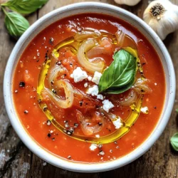 For a rich and tasty soup, gather these main ingredients: - 2 pounds ripe tomatoes, cut in half - 1 medium onion, quartered - 4 cloves garlic, unpeeled - 3 tablespoons olive oil - Salt and black pepper to taste - 1 tablespoon balsamic vinegar - 4 cups vegetable broth - 1 cup fresh basil leaves, plus more for garnish These ingredients shine together to create great flavor. The tomatoes bring sweetness. The onion adds depth. Garlic gives a nice aroma. You can use optional ingredients to make the soup even better: - 1 teaspoon sugar (optional, to balance acidity) - Crumbled feta cheese for serving (optional) Adding sugar can help reduce any sharpness from the tomatoes. Feta cheese adds a creamy touch when served on top. You will also need a few simple tools: - Baking sheet - Large pot - Immersion blender The baking sheet is for roasting the veggies. A large pot lets you combine and simmer all the flavors. An immersion blender helps you make the soup smooth. This recipe is easy and fun. You can find the Full Recipe to follow along step by step! To start, gather your fresh ingredients. You need ripe tomatoes, a medium onion, and garlic. Cut the tomatoes in half and quarter the onion. Leave the garlic unpeeled; this adds flavor. Place everything on a baking sheet. This step is simple but important for a tasty base. Now, it’s time to roast! Preheat your oven to 400°F (200°C). Once hot, drizzle olive oil over the veggies. Sprinkle salt and pepper on top. Roast for 30 to 35 minutes. You want the tomatoes to caramelize and get a bit charred. The smell will fill your kitchen with warmth. After roasting, let them cool. Peel the garlic, and set everything aside. In a large pot, combine your roasted veggies with balsamic vinegar and vegetable broth. Bring this to a simmer over medium heat. Add fresh basil leaves. If the soup tastes too acidic, add one teaspoon of sugar. Let it simmer for 10 minutes to blend the flavors. Use an immersion blender to blend the soup until smooth. Be careful with hot liquids if using a regular blender. Taste and adjust the seasoning. Serve hot with extra basil and crumbled feta if you like. This recipe is easy and full of flavor. For the full details, check the Full Recipe. To make great soup, start with ripe tomatoes. Look for tomatoes that feel heavy for their size. They should have a bright color and a sweet smell. Avoid tomatoes with bruises or soft spots. Roma tomatoes work well because they are meaty. But you can use any fresh tomato you find. The key is to pick tomatoes that are in season for the best taste. One common mistake is not roasting the tomatoes long enough. Roasting brings out their natural sweetness. If you rush this step, your soup may lack depth. Another mistake is blending the soup too quickly. Hot soup can splatter and make a mess. Always let it cool a bit or use an immersion blender. Lastly, don’t skip the seasoning. Taste and adjust the salt and pepper before serving. Enhance your soup with fresh herbs like basil or thyme. Add a pinch of red pepper flakes for some heat. You can also mix in a splash of cream for a richer taste. A teaspoon of sugar can balance the acidity of the tomatoes. For a twist, try adding roasted red peppers or sun-dried tomatoes. These add a nice depth to the flavor. Use the [Full Recipe] for more tips on perfecting this dish. {{image_2}} To make a creamy version, add one cup of heavy cream. Stir it in after blending the soup. This adds a rich, smooth texture. The cream balances the tomatoes' acidity well. You can also use coconut milk for a lighter taste. If you like heat, add red pepper flakes. Start with half a teaspoon and adjust to your taste. Mix them in while the soup simmers. This small change gives the soup a nice kick. It pairs perfectly with the sweet tomatoes and fresh basil. For a vegan version, skip the cream and cheese. Use coconut milk or almond milk instead. These options give the soup a creamy feel without dairy. You can still enjoy the rich flavor of tomatoes and basil. This keeps it healthy and plant-based. You can find the full recipe [here](insert recipe link). To keep your roasted tomato basil soup fresh, let it cool first. Pour the soup into an airtight container. Make sure to seal it tightly. Store it in the fridge for up to five days. If you want to keep it longer, freezing is a great option. To freeze the soup, use freezer-safe containers. Leave about an inch of space at the top. This allows for expansion when the soup freezes. It can last in the freezer for up to three months. When you're ready to enjoy it, thaw it in the fridge overnight. When reheating, use a pot on the stove over medium heat. Stir often to heat it evenly. If you prefer a microwave, heat it in a bowl. Cover the bowl to avoid splatters. Heat in short bursts, stirring in between. Taste the soup and adjust seasoning if needed. Yes, you can make Roasted Tomato Basil Soup ahead of time. This soup tastes even better the next day. When you make it early, the flavors deepen. Just cool it completely after cooking. Then store it in an airtight container in the fridge. It will stay fresh for about three days. To reheat, simply warm it on the stove or in the microwave. Stir well before serving to blend the flavors. Roasted Tomato Basil Soup pairs well with many sides. You can serve it with crusty bread or a grilled cheese sandwich. These options enhance the soup’s rich taste. A fresh salad also makes a great side. Try a simple green salad with light dressing. If you want to get fancy, serve it with a sprinkle of crumbled feta cheese on top. This adds a nice touch of creaminess and flavor. Homemade soup, like Roasted Tomato Basil Soup, usually lasts about three to four days in the fridge. Make sure to store it in an airtight container. If you notice any off smells or changes in color, it’s best to toss it out. For longer storage, consider freezing it. It can last up to three months in the freezer. Just remember to leave some space in the container for expansion. For the full recipe, check out the details above! Roasted Tomato Basil Soup is simple to make and full of flavor. We covered key ingredients, equipment, and step-by-step instructions for a perfect soup. I shared tips for selecting the best tomatoes and avoiding common errors. You can also explore delicious variations, from creamy to spicy, and learn how to store leftovers effectively. This soup is not just tasty; it warms the heart. With these insights, you’re ready to cook a comforting bowl of soup that your friends and family will love. Enjoy your cooking adventure!