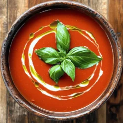 To make a great vegan creamy tomato soup, you need these key ingredients: - 2 tablespoons olive oil - 1 medium onion, diced - 3 cloves garlic, minced - 1 carrot, diced - 1 celery stalk, diced - 2 cans (14 oz each) crushed tomatoes - 4 cups vegetable broth - 1 teaspoon dried basil - 1 teaspoon dried oregano - Salt and pepper to taste - 1 cup coconut milk or cashew cream - Fresh basil leaves for garnish These ingredients create a rich and creamy flavor. The olive oil adds healthy fat, while the onion and garlic bring depth. The crushed tomatoes give the soup its base, and the vegetable broth adds a savory touch. Herbs like basil and oregano elevate the taste, making it truly delightful. You can enhance this soup with a few optional ingredients. Consider adding: - A pinch of red pepper flakes for heat - A tablespoon of nutritional yeast for a cheesy flavor - A squeeze of lemon juice for brightness - Fresh herbs like parsley or thyme for freshness These extras can make your soup even more exciting. Try adding them based on your taste. Each option adds a unique twist to the classic flavor. Both fresh and canned ingredients have their place in this recipe. Fresh tomatoes can taste great, but they need more prep time. If you go this route, use about 2 pounds of fresh tomatoes. Roast them first for added sweetness. Canned crushed tomatoes are easy and quick. They also provide a consistent flavor, making them a great choice for busy cooks. I often use canned tomatoes for a fast and tasty soup. Choose what works best for you and your schedule. For the best results, rely on quality brands. For the full recipe, check out the Vegan Creamy Tomato Bliss section! Start by heating 2 tablespoons of olive oil in a large pot over medium heat. Once hot, add 1 medium diced onion, 3 minced garlic cloves, 1 diced carrot, and 1 diced celery stalk. Sauté these veggies for about 5-7 minutes. You want them soft and the onion translucent. This step lays a tasty base for your soup. Next, add 2 cans of crushed tomatoes and 4 cups of vegetable broth to the pot. Sprinkle in 1 teaspoon of dried basil and 1 teaspoon of dried oregano. Stir everything well to mix. Bring the pot to a gentle boil, then reduce the heat. Let it simmer for 20-25 minutes. This lets the flavors meld together nicely. After simmering, use an immersion blender to puree the soup until smooth. If you don’t have one, carefully transfer the soup to a blender in batches. Once blended, stir in 1 cup of coconut milk or cashew cream. Heat it through for another 5 minutes. Finally, season with salt and pepper to taste. If you like, add more dried herbs for extra flavor. You are now ready to enjoy your Vegan Creamy Tomato Soup. For the full recipe, check the details above. To get a smooth and creamy soup, you need to blend it well. After cooking, use an immersion blender for ease. If you don’t have one, carefully transfer the soup to a regular blender. Blend in small batches to avoid spills. You want a silky texture that feels good in your mouth. Adding a squeeze of lemon juice at the end can brighten the dish. You might also try a pinch of red pepper flakes for a little heat. Fresh herbs, like thyme or parsley, can really lift the flavors. If you want a richer taste, add a tablespoon of nutritional yeast. It gives a cheesy flavor without dairy. One common mistake is rushing the cooking time. Allow your veggies to soften before adding the tomatoes. This step builds a deeper flavor. Another error is not seasoning enough. Always taste your soup before serving. Adjust the salt and pepper as needed. Finally, don’t skip the creamy element! It makes the soup comforting and rich. For the complete recipe, check out the [Full Recipe]. {{image_2}} You can add many things to make your soup healthier. Try adding spinach or kale for vitamins. Both greens blend well and keep their color. You can also use lentils for extra protein. They give a nice texture. Another great option is chickpeas. They add fiber and make the soup heartier. If you want a different creamy taste, use nut milk. Almond or oat milk work well. You can also try silken tofu. Blend it until smooth and mix it in. This adds protein and keeps the soup rich. Avocado is another option. It makes your soup super creamy and delicious. For a spicy kick, add red pepper flakes or chopped jalapeños. Start with a little, then taste. You can always add more heat. Another fun idea is to add a splash of hot sauce at the end. This gives your soup a nice kick and extra flavor. Enjoy the warmth! After you make your Vegan Creamy Tomato Soup, let it cool. Pour any leftovers into a clean container. Make sure it has a tight lid. Store it in the fridge for up to three days. If you want to keep it longer, use the freezer. To reheat, pour the soup into a pot. Heat it over medium heat. Stir often to avoid burning. You can also microwave it in a bowl. Heat for one to two minutes, stirring halfway. Serve it warm with fresh basil on top. This adds a nice touch and flavor. Freezing is a great way to save your soup. Use freezer-safe containers or bags. Leave some space at the top for expansion. Label them with the date. Your soup can last in the freezer for up to three months. When you're ready to eat, thaw it in the fridge overnight before reheating. Enjoy a quick and easy meal! For the detailed recipe, check out the Full Recipe. Yes, you can use fresh tomatoes. Use about 2 pounds of ripe tomatoes. Start by blanching them in hot water for a minute, then peel off the skins. Chop them up and add them to your pot in place of canned tomatoes. Fresh tomatoes will give your soup a bright flavor. However, you may need to cook them longer to break down the flesh and get a smooth texture. If you want to replace coconut milk, you have options. You can use cashew cream for a rich taste. Blend soaked cashews with water until smooth. Almond milk is lighter and works too, but may change the flavor. Soy milk can also be used, but add a little more seasoning to enhance the taste. To make your soup more filling, consider adding beans or lentils. These provide protein and fiber. You can also add grains like cooked quinoa or rice. If you want a chunky texture, toss in some diced potatoes or vegetables. These additions will make the meal heartier. Yes, this recipe is gluten-free. All the ingredients used are naturally gluten-free. Just make sure your vegetable broth is gluten-free as well. Always check labels if you are unsure. Enjoy this soup without any worry about gluten! This blog post covered how to make a tasty and creamy vegan tomato soup. We explored essential and optional ingredients to boost flavor. I shared step-by-step instructions for preparing, cooking, and blending. You learned helpful tips for the best texture and flavor, plus common mistakes to avoid. I also highlighted variations and storage tips for leftovers. Now, you have all the tools to make this soup your own. Enjoy your cooking adventure!