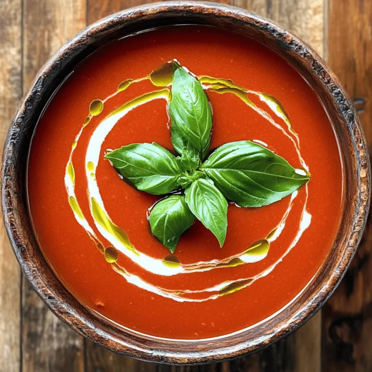To make a great vegan creamy tomato soup, you need these key ingredients: - 2 tablespoons olive oil - 1 medium onion, diced - 3 cloves garlic, minced - 1 carrot, diced - 1 celery stalk, diced - 2 cans (14 oz each) crushed tomatoes - 4 cups vegetable broth - 1 teaspoon dried basil - 1 teaspoon dried oregano - Salt and pepper to taste - 1 cup coconut milk or cashew cream - Fresh basil leaves for garnish These ingredients create a rich and creamy flavor. The olive oil adds healthy fat, while the onion and garlic bring depth. The crushed tomatoes give the soup its base, and the vegetable broth adds a savory touch. Herbs like basil and oregano elevate the taste, making it truly delightful. You can enhance this soup with a few optional ingredients. Consider adding: - A pinch of red pepper flakes for heat - A tablespoon of nutritional yeast for a cheesy flavor - A squeeze of lemon juice for brightness - Fresh herbs like parsley or thyme for freshness These extras can make your soup even more exciting. Try adding them based on your taste. Each option adds a unique twist to the classic flavor. Both fresh and canned ingredients have their place in this recipe. Fresh tomatoes can taste great, but they need more prep time. If you go this route, use about 2 pounds of fresh tomatoes. Roast them first for added sweetness. Canned crushed tomatoes are easy and quick. They also provide a consistent flavor, making them a great choice for busy cooks. I often use canned tomatoes for a fast and tasty soup. Choose what works best for you and your schedule. For the best results, rely on quality brands. For the full recipe, check out the Vegan Creamy Tomato Bliss section! Start by heating 2 tablespoons of olive oil in a large pot over medium heat. Once hot, add 1 medium diced onion, 3 minced garlic cloves, 1 diced carrot, and 1 diced celery stalk. Sauté these veggies for about 5-7 minutes. You want them soft and the onion translucent. This step lays a tasty base for your soup. Next, add 2 cans of crushed tomatoes and 4 cups of vegetable broth to the pot. Sprinkle in 1 teaspoon of dried basil and 1 teaspoon of dried oregano. Stir everything well to mix. Bring the pot to a gentle boil, then reduce the heat. Let it simmer for 20-25 minutes. This lets the flavors meld together nicely. After simmering, use an immersion blender to puree the soup until smooth. If you don’t have one, carefully transfer the soup to a blender in batches. Once blended, stir in 1 cup of coconut milk or cashew cream. Heat it through for another 5 minutes. Finally, season with salt and pepper to taste. If you like, add more dried herbs for extra flavor. You are now ready to enjoy your Vegan Creamy Tomato Soup. For the full recipe, check the details above. To get a smooth and creamy soup, you need to blend it well. After cooking, use an immersion blender for ease. If you don’t have one, carefully transfer the soup to a regular blender. Blend in small batches to avoid spills. You want a silky texture that feels good in your mouth. Adding a squeeze of lemon juice at the end can brighten the dish. You might also try a pinch of red pepper flakes for a little heat. Fresh herbs, like thyme or parsley, can really lift the flavors. If you want a richer taste, add a tablespoon of nutritional yeast. It gives a cheesy flavor without dairy. One common mistake is rushing the cooking time. Allow your veggies to soften before adding the tomatoes. This step builds a deeper flavor. Another error is not seasoning enough. Always taste your soup before serving. Adjust the salt and pepper as needed. Finally, don’t skip the creamy element! It makes the soup comforting and rich. For the complete recipe, check out the [Full Recipe]. {{image_2}} You can add many things to make your soup healthier. Try adding spinach or kale for vitamins. Both greens blend well and keep their color. You can also use lentils for extra protein. They give a nice texture. Another great option is chickpeas. They add fiber and make the soup heartier. If you want a different creamy taste, use nut milk. Almond or oat milk work well. You can also try silken tofu. Blend it until smooth and mix it in. This adds protein and keeps the soup rich. Avocado is another option. It makes your soup super creamy and delicious. For a spicy kick, add red pepper flakes or chopped jalapeños. Start with a little, then taste. You can always add more heat. Another fun idea is to add a splash of hot sauce at the end. This gives your soup a nice kick and extra flavor. Enjoy the warmth! After you make your Vegan Creamy Tomato Soup, let it cool. Pour any leftovers into a clean container. Make sure it has a tight lid. Store it in the fridge for up to three days. If you want to keep it longer, use the freezer. To reheat, pour the soup into a pot. Heat it over medium heat. Stir often to avoid burning. You can also microwave it in a bowl. Heat for one to two minutes, stirring halfway. Serve it warm with fresh basil on top. This adds a nice touch and flavor. Freezing is a great way to save your soup. Use freezer-safe containers or bags. Leave some space at the top for expansion. Label them with the date. Your soup can last in the freezer for up to three months. When you're ready to eat, thaw it in the fridge overnight before reheating. Enjoy a quick and easy meal! For the detailed recipe, check out the Full Recipe. Yes, you can use fresh tomatoes. Use about 2 pounds of ripe tomatoes. Start by blanching them in hot water for a minute, then peel off the skins. Chop them up and add them to your pot in place of canned tomatoes. Fresh tomatoes will give your soup a bright flavor. However, you may need to cook them longer to break down the flesh and get a smooth texture. If you want to replace coconut milk, you have options. You can use cashew cream for a rich taste. Blend soaked cashews with water until smooth. Almond milk is lighter and works too, but may change the flavor. Soy milk can also be used, but add a little more seasoning to enhance the taste. To make your soup more filling, consider adding beans or lentils. These provide protein and fiber. You can also add grains like cooked quinoa or rice. If you want a chunky texture, toss in some diced potatoes or vegetables. These additions will make the meal heartier. Yes, this recipe is gluten-free. All the ingredients used are naturally gluten-free. Just make sure your vegetable broth is gluten-free as well. Always check labels if you are unsure. Enjoy this soup without any worry about gluten! This blog post covered how to make a tasty and creamy vegan tomato soup. We explored essential and optional ingredients to boost flavor. I shared step-by-step instructions for preparing, cooking, and blending. You learned helpful tips for the best texture and flavor, plus common mistakes to avoid. I also highlighted variations and storage tips for leftovers. Now, you have all the tools to make this soup your own. Enjoy your cooking adventure!