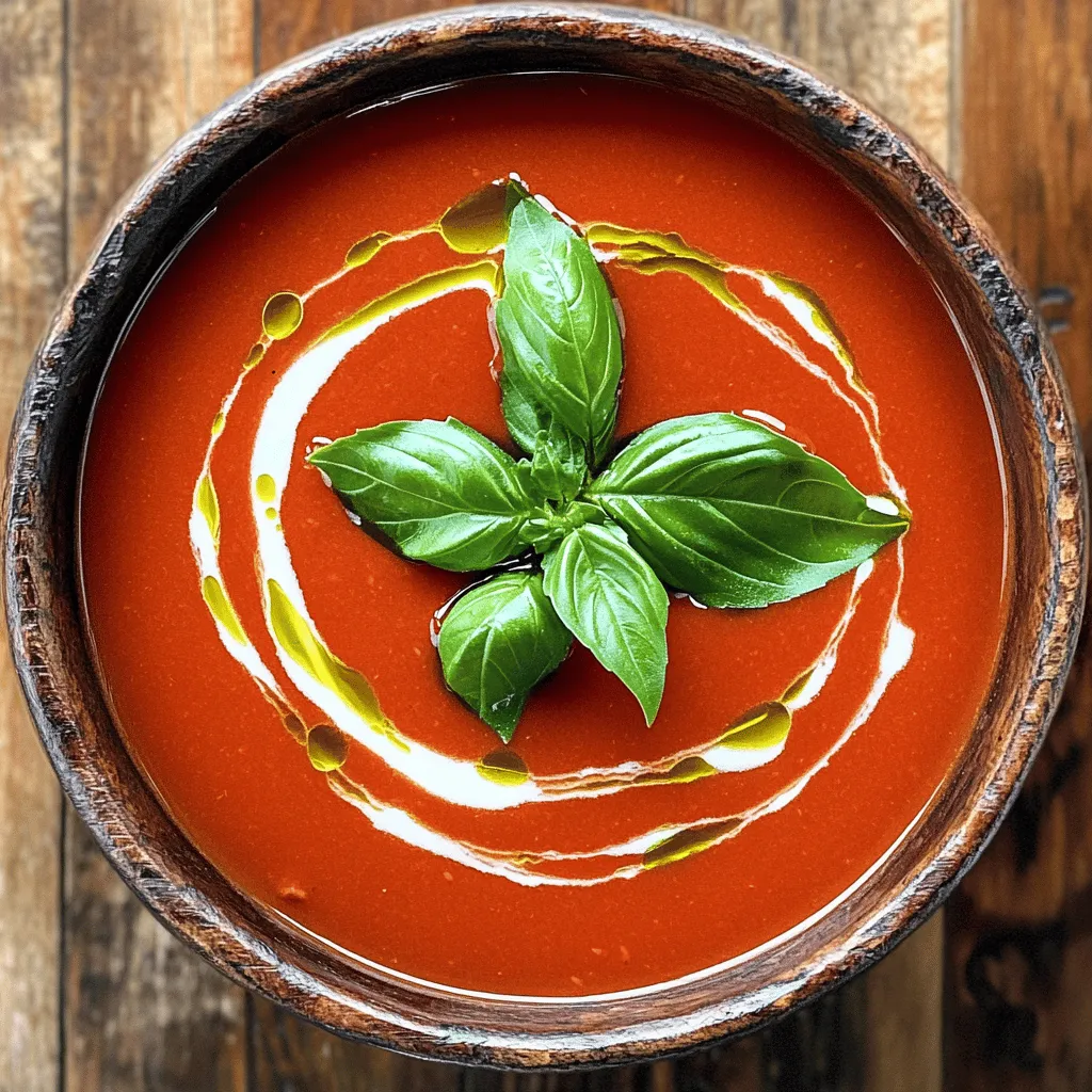 To make a great vegan creamy tomato soup, you need these key ingredients: - 2 tablespoons olive oil - 1 medium onion, diced - 3 cloves garlic, minced - 1 carrot, diced - 1 celery stalk, diced - 2 cans (14 oz each) crushed tomatoes - 4 cups vegetable broth - 1 teaspoon dried basil - 1 teaspoon dried oregano - Salt and pepper to taste - 1 cup coconut milk or cashew cream - Fresh basil leaves for garnish These ingredients create a rich and creamy flavor. The olive oil adds healthy fat, while the onion and garlic bring depth. The crushed tomatoes give the soup its base, and the vegetable broth adds a savory touch. Herbs like basil and oregano elevate the taste, making it truly delightful. You can enhance this soup with a few optional ingredients. Consider adding: - A pinch of red pepper flakes for heat - A tablespoon of nutritional yeast for a cheesy flavor - A squeeze of lemon juice for brightness - Fresh herbs like parsley or thyme for freshness These extras can make your soup even more exciting. Try adding them based on your taste. Each option adds a unique twist to the classic flavor. Both fresh and canned ingredients have their place in this recipe. Fresh tomatoes can taste great, but they need more prep time. If you go this route, use about 2 pounds of fresh tomatoes. Roast them first for added sweetness. Canned crushed tomatoes are easy and quick. They also provide a consistent flavor, making them a great choice for busy cooks. I often use canned tomatoes for a fast and tasty soup. Choose what works best for you and your schedule. For the best results, rely on quality brands. For the full recipe, check out the Vegan Creamy Tomato Bliss section! Start by heating 2 tablespoons of olive oil in a large pot over medium heat. Once hot, add 1 medium diced onion, 3 minced garlic cloves, 1 diced carrot, and 1 diced celery stalk. Sauté these veggies for about 5-7 minutes. You want them soft and the onion translucent. This step lays a tasty base for your soup. Next, add 2 cans of crushed tomatoes and 4 cups of vegetable broth to the pot. Sprinkle in 1 teaspoon of dried basil and 1 teaspoon of dried oregano. Stir everything well to mix. Bring the pot to a gentle boil, then reduce the heat. Let it simmer for 20-25 minutes. This lets the flavors meld together nicely. After simmering, use an immersion blender to puree the soup until smooth. If you don’t have one, carefully transfer the soup to a blender in batches. Once blended, stir in 1 cup of coconut milk or cashew cream. Heat it through for another 5 minutes. Finally, season with salt and pepper to taste. If you like, add more dried herbs for extra flavor. You are now ready to enjoy your Vegan Creamy Tomato Soup. For the full recipe, check the details above. To get a smooth and creamy soup, you need to blend it well. After cooking, use an immersion blender for ease. If you don’t have one, carefully transfer the soup to a regular blender. Blend in small batches to avoid spills. You want a silky texture that feels good in your mouth. Adding a squeeze of lemon juice at the end can brighten the dish. You might also try a pinch of red pepper flakes for a little heat. Fresh herbs, like thyme or parsley, can really lift the flavors. If you want a richer taste, add a tablespoon of nutritional yeast. It gives a cheesy flavor without dairy. One common mistake is rushing the cooking time. Allow your veggies to soften before adding the tomatoes. This step builds a deeper flavor. Another error is not seasoning enough. Always taste your soup before serving. Adjust the salt and pepper as needed. Finally, don’t skip the creamy element! It makes the soup comforting and rich. For the complete recipe, check out the [Full Recipe]. {{image_2}} You can add many things to make your soup healthier. Try adding spinach or kale for vitamins. Both greens blend well and keep their color. You can also use lentils for extra protein. They give a nice texture. Another great option is chickpeas. They add fiber and make the soup heartier. If you want a different creamy taste, use nut milk. Almond or oat milk work well. You can also try silken tofu. Blend it until smooth and mix it in. This adds protein and keeps the soup rich. Avocado is another option. It makes your soup super creamy and delicious. For a spicy kick, add red pepper flakes or chopped jalapeños. Start with a little, then taste. You can always add more heat. Another fun idea is to add a splash of hot sauce at the end. This gives your soup a nice kick and extra flavor. Enjoy the warmth! After you make your Vegan Creamy Tomato Soup, let it cool. Pour any leftovers into a clean container. Make sure it has a tight lid. Store it in the fridge for up to three days. If you want to keep it longer, use the freezer. To reheat, pour the soup into a pot. Heat it over medium heat. Stir often to avoid burning. You can also microwave it in a bowl. Heat for one to two minutes, stirring halfway. Serve it warm with fresh basil on top. This adds a nice touch and flavor. Freezing is a great way to save your soup. Use freezer-safe containers or bags. Leave some space at the top for expansion. Label them with the date. Your soup can last in the freezer for up to three months. When you're ready to eat, thaw it in the fridge overnight before reheating. Enjoy a quick and easy meal! For the detailed recipe, check out the Full Recipe. Yes, you can use fresh tomatoes. Use about 2 pounds of ripe tomatoes. Start by blanching them in hot water for a minute, then peel off the skins. Chop them up and add them to your pot in place of canned tomatoes. Fresh tomatoes will give your soup a bright flavor. However, you may need to cook them longer to break down the flesh and get a smooth texture. If you want to replace coconut milk, you have options. You can use cashew cream for a rich taste. Blend soaked cashews with water until smooth. Almond milk is lighter and works too, but may change the flavor. Soy milk can also be used, but add a little more seasoning to enhance the taste. To make your soup more filling, consider adding beans or lentils. These provide protein and fiber. You can also add grains like cooked quinoa or rice. If you want a chunky texture, toss in some diced potatoes or vegetables. These additions will make the meal heartier. Yes, this recipe is gluten-free. All the ingredients used are naturally gluten-free. Just make sure your vegetable broth is gluten-free as well. Always check labels if you are unsure. Enjoy this soup without any worry about gluten! This blog post covered how to make a tasty and creamy vegan tomato soup. We explored essential and optional ingredients to boost flavor. I shared step-by-step instructions for preparing, cooking, and blending. You learned helpful tips for the best texture and flavor, plus common mistakes to avoid. I also highlighted variations and storage tips for leftovers. Now, you have all the tools to make this soup your own. Enjoy your cooking adventure!