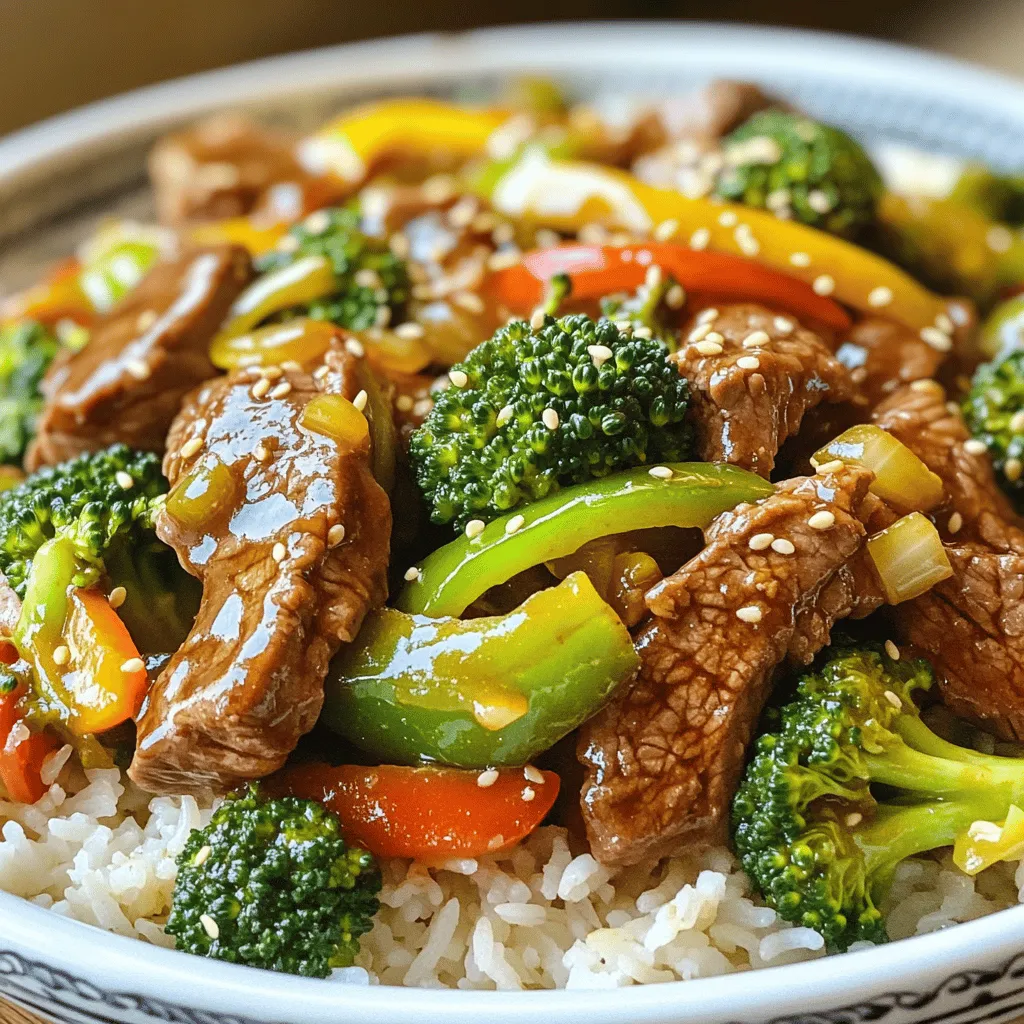 When making a savory beef and broccoli stir-fry, it’s all about fresh ingredients. Here’s what you need for a delicious meal. - 1 pound beef sirloin, thinly sliced - 2 cups broccoli florets - 1 bell pepper, sliced (red or yellow for color) - 3 cloves garlic, minced - 1 inch ginger, grated These main ingredients bring great flavors and textures. The beef sirloin gives a tender bite, while broccoli adds crunch. Bell pepper adds color and sweetness, and garlic and ginger create a fragrant base. - 3 tablespoons soy sauce (low sodium if preferred) - 1 tablespoon oyster sauce (optional) - 1 tablespoon cornstarch - 2 tablespoons vegetable oil - 1 teaspoon sesame oil This sauce blends savory and umami flavors. Soy sauce and oyster sauce create depth. Cornstarch helps thicken the sauce, giving it a nice glaze. - Cooked jasmine rice - Quinoa Serve your stir-fry over jasmine rice or quinoa. Both options soak up the sauce well and add a nice touch. For the full recipe, check the details above and enjoy this easy dish! How to prepare the beef Start with 1 pound of beef sirloin. Use a sharp knife to slice it thinly against the grain. This helps the beef stay tender. If you freeze the beef for 15 minutes, it’s easier to cut. Place the sliced beef in a bowl. You can mix in a little soy sauce for added flavor. Let it sit while you prep the veggies. Prepping the vegetables Next, take 2 cups of broccoli florets. Wash them under cold water and cut them into bite-sized pieces. For color, slice one bell pepper. You can choose red or yellow. Peel and mince 3 cloves of garlic. Grate about an inch of ginger. Set these aside for cooking later. Stir-frying the beef Heat 1 tablespoon of vegetable oil in a large skillet or wok. Use medium-high heat for best results. Add the sliced beef to the pan. Stir-fry for about 2-3 minutes. Look for a nice brown color. Once done, remove the beef and place it on a plate. This keeps it juicy. Cooking the vegetables In the same skillet, add another tablespoon of oil. Toss in the minced garlic and grated ginger. Stir-fry for about 30 seconds until fragrant. Then, add the broccoli and bell pepper. Cook for 4-5 minutes. You want them tender but still crisp. Combining everything with the sauce Return the beef to the skillet. Now, pour in the sauce made of soy sauce, oyster sauce, and cornstarch. Stir everything together. Cook for an additional 2-3 minutes. The sauce should thicken and coat the beef and veggies evenly. Drizzling sesame oil After cooking, remove the skillet from heat. Drizzle 1 teaspoon of sesame oil over the stir-fry. This adds a nice flavor boost. Toss gently to mix it in. Serving suggestions Serve your delicious beef and broccoli stir-fry over cooked jasmine rice or quinoa. This makes a great meal for any day. For the full recipe, check the previous section! - Use medium-high heat for a good stir-fry. This keeps the beef juicy. - Stir quickly to avoid overcooked vegetables. They should stay bright and crisp. - Choose beef sirloin for its tenderness. Look for bright red color and good marbling. - Fresh broccoli tastes best. If you use frozen, thaw and drain it well first. - Prep ingredients in advance. Slice beef and chop veggies the night before. - Use a wok for faster cooking. It heats evenly and cooks food quickly. For the complete recipe, check out the Full Recipe link. {{image_2}} You can switch out the beef for chicken or tofu. Chicken gives a lighter taste, while tofu adds a nice texture. For veggies, try carrots, snap peas, or mushrooms. These choices mix well with the beef and broccoli. They add color and flavor to your dish. You can change the sauce to fit your taste. If you want a stronger flavor, add more soy sauce or oyster sauce. For spice, mix in some red pepper flakes or sriracha. Adjusting the sauce makes your stir-fry unique every time! Stir-frying is quick and keeps the food crisp. If you prefer, you can steam the vegetables for a softer bite. Another fun option is oven-baking your stir-fry. Spread it on a baking sheet and roast until cooked. Each method gives you a different texture and flavor. For the full recipe, check out Savory Beef and Broccoli Delight. To store leftovers, let the Beef and Broccoli Stir-Fry cool down first. Place it in an airtight container. This helps keep it fresh. I recommend using glass containers. They are safe for the microwave and easy to clean. For the best reheating, use a skillet or a microwave. If you use a skillet, heat it on medium. Add a splash of water to keep it moist. If using a microwave, cover the dish with a lid. This prevents splatters. Make sure to check the food every minute to avoid sogginess. Yes, you can freeze Beef and Broccoli Stir-Fry! Just place it in a freezer-safe container. Leave some space at the top because the food expands when frozen. To thaw, place it in the fridge overnight or use the microwave's defrost setting. This keeps the flavors and texture intact. For more tips, check out the Full Recipe. How do I make Beef and Broccoli Stir-Fry gluten-free? To make your beef and broccoli stir-fry gluten-free, simply replace soy sauce with tamari. Tamari is a gluten-free soy sauce. Ensure that your oyster sauce also states it is gluten-free, or skip it. The other ingredients in the recipe are naturally gluten-free. What can I pair with Beef and Broccoli for a complete meal? For a full meal, serve your stir-fry with cooked jasmine rice or quinoa. These grains soak up the sauce well and add texture. You can also add a side of spring rolls or a light salad for extra crunch and flavor. What can I substitute if I don’t have oyster sauce? If you lack oyster sauce, mix soy sauce with a bit of sugar and sesame oil. This blend gives a sweet and salty flavor similar to oyster sauce. You can also use hoisin sauce as a tasty alternative. Can I add more vegetables to the stir-fry? Yes, you can add more vegetables to your stir-fry. Snow peas, carrots, or mushrooms work great. Just chop them into bite-sized pieces. Add them to the skillet when you stir-fry the broccoli. What are the health benefits of broccoli in this recipe? Broccoli is rich in vitamins C and K. It also provides fiber, which aids digestion. Eating broccoli can boost your immune system and improve heart health. Its antioxidants help fight inflammation, making it a great choice. Is this recipe high in protein? Yes, this recipe is high in protein. The beef sirloin provides a good amount of protein per serving. Combined with broccoli, you get a balanced meal that helps build and repair tissues. Enjoy this delicious, protein-packed dish! Beef and Broccoli Stir-Fry is simple and satisfying. We covered the key ingredients, from fresh beef sirloin and vibrant veggies to delicious sauces. You now have the steps to prepare, cook, and serve this dish perfectly. Consider variations, cooking tips, and storage advice for the best results. Whether you enjoy the classic version or experiment with new flavors, this recipe is versatile. Now, gather your ingredients and enjoy a tasty meal that's easy to make!