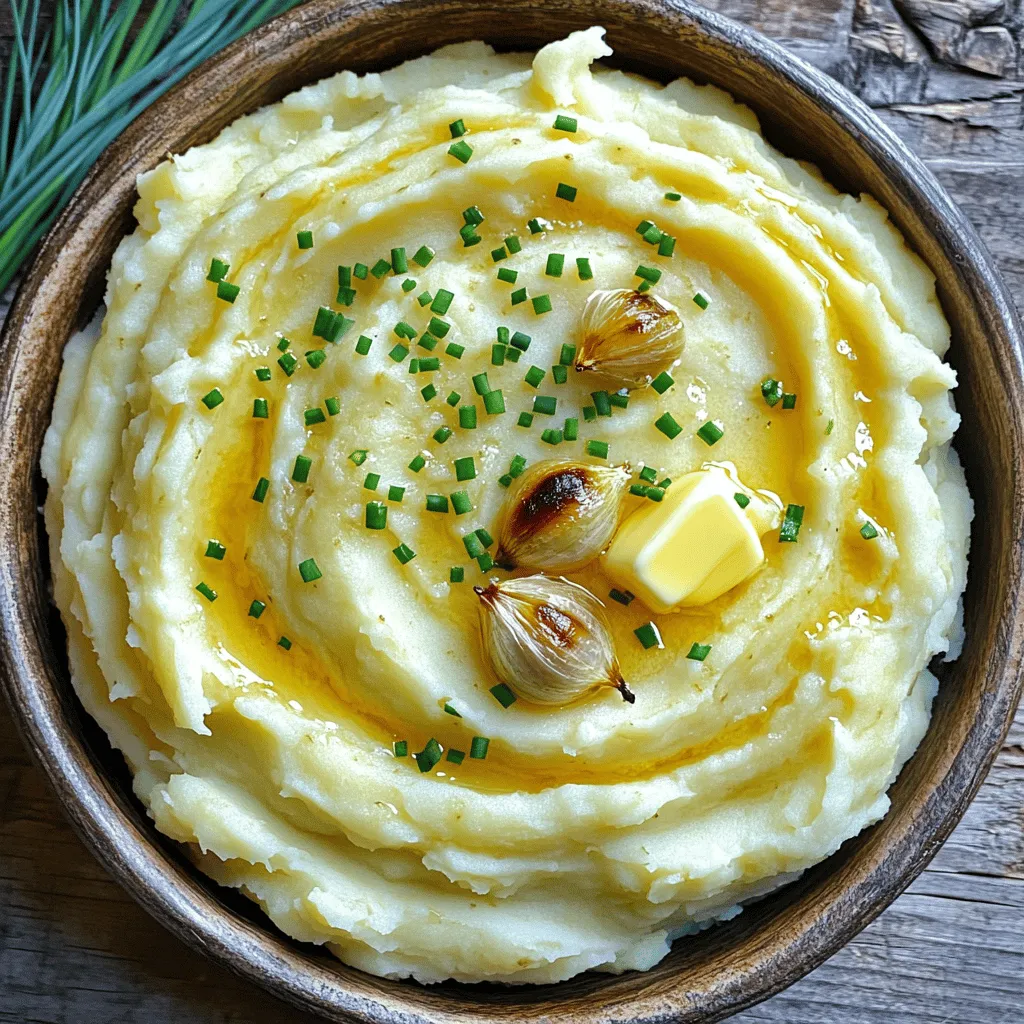 - 2 pounds Yukon Gold potatoes, peeled and cubed - 1 bulb of garlic - 1/2 cup unsalted butter (1 stick) - 1 cup heavy cream - Salt and pepper to taste - Fresh chives, for garnish Choosing the right potatoes matters. Yukon Gold potatoes are the best for mashing. They have a creamy texture and buttery flavor. This makes for rich, smooth mashed potatoes. Avoid using waxy potatoes like red potatoes. They can become gummy when mashed. Fresh garlic brings a strong flavor. Roasting garlic softens it and adds sweetness. Use a whole garlic bulb for this recipe. The process of roasting makes it easy to squeeze into the potatoes. It adds depth to the dish. Cheese is a great add-in. Try adding parmesan or cheddar for extra flavor. Cream cheese can also add a nice tang. Fresh herbs like rosemary or thyme can enhance the taste. Just chop them finely and mix them in. Spices like paprika or garlic powder can add warmth and depth. 1. First, preheat your oven to 400°F (200°C). This step is key for roasting garlic. 2. Take the garlic bulb and cut off the top. This will expose the cloves. 3. Drizzle olive oil over the garlic and wrap it in foil. 4. Place the wrapped garlic in the oven. Roast it for about 30-35 minutes until soft and golden. 5. While the garlic roasts, bring a large pot of salted water to a boil. 6. Add the cubed Yukon Gold potatoes to the boiling water. Cook them for about 15-20 minutes. They should be fork-tender. 1. Once the potatoes are cooked, drain them well and return them to the pot. 2. Squeeze the roasted garlic into the pot with the potatoes. The sweet flavor will shine here. 3. Add the butter and heavy cream to the pot. These ingredients bring creaminess. 4. Use a potato masher or hand mixer to mash everything together. You want a creamy and smooth texture here. 5. If the potatoes seem too thick, add more cream until you reach your desired consistency. 6. Season with salt and pepper to taste. Mix thoroughly to ensure even flavor. 1. Transfer the mashed potatoes to a serving dish. This will make it look nice. 2. Garnish with freshly chopped chives for a pop of color and flavor. 3. Pair these mashed potatoes with your favorite main dish. They go well with meats or veggies. For the detailed recipe, check out the Full Recipe. To achieve creaminess in your mashed potatoes, use Yukon Gold potatoes. They have a smooth texture. Cook them until fork-tender, but don’t overcook. This helps keep them fluffy. Once cooked, drain the potatoes well. Excess water will make them gluey. To avoid gluey potatoes, mash them gently. Use a potato masher or hand mixer, but don’t overdo it. Too much mixing can release starch. This makes your potatoes sticky instead of creamy. For a richer taste, use homemade chicken broth. It adds depth without overpowering the garlic. Simply replace some heavy cream with broth. You can also try adding fresh herbs like thyme or rosemary. They bring a fresh taste to the dish. Other seasonings can enhance the flavor, too. A pinch of nutmeg adds warmth. You might like to try smoked paprika for a hint of smokiness. Experiment to find your favorite blend. Meal prep can save you time. You can peel and cut the potatoes a day ahead. Store them in cold water in the fridge. This keeps them fresh and ready to cook. Cooking potatoes in advance is smart for busy days. You can boil them and store them in the fridge. When you’re ready, just reheat them with garlic and cream. They will still taste great! For the complete recipe, check out the Full Recipe. {{image_2}} You can mix things up with roasted garlic and herbs in your mashed potatoes. Adding herbs like rosemary or thyme gives a fresh taste. Just chop them finely and mix them in when you mash the potatoes. Cheese-infused mashed potatoes are another great option. You can use sharp cheddar, cream cheese, or even goat cheese. Just stir in your cheese of choice after mashing. This makes everything rich and creamy. If you're vegan, you can still enjoy this dish! Use plant-based butter and almond or coconut milk instead of cream. These swaps keep the flavor while making it vegan-friendly. For those needing gluten-free options, you’re in luck! This recipe is naturally gluten-free since all the ingredients are safe for a gluten-free diet. Just check your butter and cream for any hidden gluten. Roasted garlic mashed potatoes shine as a side dish. They pair well with roasted meats, stews, or grilled veggies. Each bite brings comfort and flavor to any meal. You can also use these mashed potatoes in other recipes. Try them as a topping for shepherd's pie. You can even use them in stuffed peppers for a fun twist! For the full recipe, check out the details above. To store leftovers, let the potatoes cool first. Place them in an airtight container. They should last up to four days in the fridge. When ready to eat, check for any bad smells or changes in texture. For freezing, use a freezer-safe container. Before freezing, let the mashed potatoes cool completely. They can be stored for up to three months. It’s best to freeze them in portions for easy use later. When ready to eat, thaw them overnight in the fridge. To reheat, use a microwave or stovetop. Add a splash of heavy cream or milk. This helps keep the potatoes creamy. Stir frequently to avoid hot spots. If using the oven, cover them with foil to keep moisture in. Enjoy your delicious, creamy roasted garlic mashed potatoes! For the full recipe, check out the previous sections. What potatoes are best for mashing? Yukon Gold potatoes work best for mashing. They are creamy and smooth. Their natural sweetness adds great flavor. Can I use pre-roasted garlic? Yes, you can use pre-roasted garlic. It saves time and still gives great flavor. Just make sure it is fresh. How can I make mashed potatoes ahead of time? You can make mashed potatoes ahead. Prepare them, and then cool them quickly. Store in the fridge for up to two days. How long should I boil potatoes? Boil the potatoes for 15-20 minutes. They should be fork-tender when done. Check them with a fork for doneness. Can I use a food processor for mashing? You can use a food processor, but be careful. Over-processing can make them gluey. Use it in short bursts for best results. What can I use instead of heavy cream? You can use half-and-half or milk. For a lighter option, try sour cream or Greek yogurt. Can I omit the butter? Yes, you can omit the butter. Use olive oil or a dairy-free substitute for richness. It will still be tasty. In this blog post, we explored the perfect mashed potatoes. We covered key ingredients, like Yukon Gold potatoes and fresh garlic. I shared preparation steps and the mashing process for creamy results. You learned tips for enhancing flavor and saving time. Variations, storage info, and common questions helped round out your knowledge. Remember, good mashed potatoes come from choosing the right ingredients and techniques. Experiment with flavors and enjoy the process. With these tips, your mashed potatoes will impress everyone at the table. Enjoy every bite!