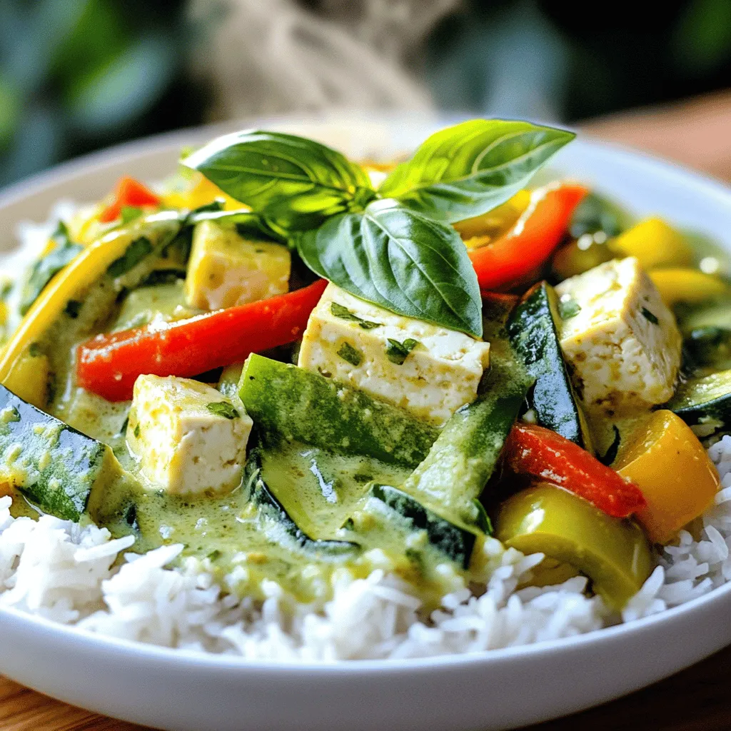 For this dish, you need a few key ingredients to create the base. They are: - 400g firm tofu, pressed and cubed - 1 tablespoon vegetable oil - 2-3 tablespoons green curry paste (adjust to taste) - 1 can (400ml) coconut milk - 1 cup vegetable broth These ingredients give the curry its rich flavor and creamy texture. Firm tofu holds its shape well, making it perfect for this dish. The green curry paste adds that iconic spice and depth. Coconut milk makes it creamy, while vegetable broth enhances the taste. Adding fresh vegetables makes your curry vibrant and healthy. I recommend: - 1 cup bell peppers, sliced (mix of red, yellow, and green) - 1 cup zucchini, sliced - 1 cup baby spinach Bell peppers bring sweetness and color, while zucchini adds a nice texture. Baby spinach wilts down perfectly, adding freshness to the dish. Seasonings and garnishes elevate your Thai green curry. Use: - 1 tablespoon soy sauce - 1 tablespoon brown sugar - Fresh Thai basil leaves, for garnish Soy sauce adds umami, while brown sugar balances the heat. Fresh Thai basil leaves offer a fragrant finish. This combination makes each bite delicious. For the full recipe, check out the details provided above. To start, you need to press the tofu. This step helps remove extra moisture. Wrap the tofu in a clean kitchen towel. Place a heavy object on top, like a cast iron pan. Let it sit for about 15 minutes. After pressing, cut the tofu into small cubes. This size helps it cook evenly and soak up the flavors. Next, heat a tablespoon of vegetable oil in a big pan or wok. Set the heat to medium. Add one sliced onion and sauté it for about 3-4 minutes. You want the onion to become soft and translucent. This step builds the flavor foundation. Now, stir in 2-3 tablespoons of green curry paste. Cook it for another minute. You will smell a wonderful aroma as the paste warms up. Now, pour in one can of coconut milk and one cup of vegetable broth. Stir well to mix everything. Bring this mix to a gentle simmer. Add one cup each of sliced bell peppers and zucchini. Cook these for 5-7 minutes until they are tender. Next, gently add your cubed tofu to the pan. Then, stir in one tablespoon of soy sauce and one tablespoon of brown sugar. Mix everything well. Let it cook for another 3-4 minutes to warm the tofu through. Finally, fold in one cup of baby spinach. Let it wilt gently for about 2 minutes. If needed, taste the curry and adjust with more soy sauce. Serve this dish hot over jasmine rice. For a lovely touch, garnish with fresh Thai basil leaves. Enjoy your Thai green curry with tofu! For the full recipe, check out the details above. To get the best flavor, start with the right curry paste. Use 2-3 tablespoons of green curry paste. You can always add more if you want it spicier. Remember, a little goes a long way. For the perfect texture, coconut milk is key. Use a can of full-fat coconut milk for creaminess. If you like a thinner sauce, combine it with vegetable broth. This mix gives your curry a nice, rich consistency. When sautéing vegetables, make sure your pan is hot. Add a splash of oil and let the onions cook until they turn soft. This draws out their sweetness and builds a solid base for your curry. When adding tofu, do it gently. Cut your firm tofu into cubes. Use a spatula to lower it into the curry. This keeps the tofu from breaking apart. Stir carefully to coat it without mashing it up. Pair your Thai green curry with jasmine rice. This rice has the perfect texture and flavor to balance the curry's spices. Serve the curry over a bed of rice for a delightful meal. For presentation, use a large bowl. Ladle the curry in and sprinkle fresh Thai basil on top. This adds a pop of color and a fresh herbal note. You can also slice some lime wedges to brighten the dish. For the full recipe, check out the details above. Enjoy your cooking! {{image_2}} You can easily change the main protein in this dish. Try chicken or shrimp for a non-vegetarian option. If you prefer a plant-based choice, chickpeas work great too. Each option brings its own texture and flavor. For vegetables, feel free to get creative. Use what’s in season or what you have on hand. Carrots, green beans, or eggplant all add unique tastes. This flexibility lets you enjoy a new dish each time. To make this dish vegan, ensure you use plant-based options for any non-vegan ingredients. The recipe is already vegan-friendly, as it uses tofu and vegetable broth. If you need a gluten-free option, switch out regular soy sauce for a gluten-free brand. This small change keeps the flavors intact without the gluten. Want to boost freshness? Add lime juice or lime zest to your curry. The bright flavor really lifts the dish. For garnishing, consider using different herbs. Cilantro or mint can give a fresh twist. Experiment to find your favorite combination. For the full recipe, check out the detailed cooking steps and tips. After enjoying your Thai green curry with tofu, you may have some leftovers. To keep them fresh, let the dish cool down first. Place the curry in an airtight container. This helps keep the flavors intact. Store it in the refrigerator. It will last for about three to four days. Reheating your curry can be tricky. You want to avoid losing its creamy texture. The best method is to use a stovetop. Pour the curry into a pan and heat it slowly over medium-low heat. Stir gently to warm it up. This keeps the tofu and veggies from breaking apart. You can also add a splash of vegetable broth if it seems too thick. If you want to save your Thai green curry for later, freezing is a great option. Wait until the curry cools completely. Then, transfer it to a freezer-safe container. Make sure to leave some space at the top for expansion. Seal it tightly to prevent freezer burn. Your curry can stay good in the freezer for up to three months. When you're ready to eat, thaw it overnight in the fridge. Then reheat it using the stovetop method. Enjoy the tasty flavors again! For the complete cooking process, check the Full Recipe. For Thai green curry, use firm tofu. Firm tofu holds its shape well during cooking. It absorbs flavors nicely without falling apart. Soft tofu, while creamy, may not work as well in this dish. Choose firm tofu for a satisfying bite. You can press it to remove excess moisture, which makes it even better. To add heat, try these tips: - Increase the amount of green curry paste. - Add sliced fresh chili peppers. - Use chili flakes for a quick kick. These options let you control the spice level. Start small, then adjust to your taste. You can also pair the dish with a spicy chili sauce on the side. Yes, you can make this curry ahead of time. Prepare the curry, cool it, and store it in the fridge. The flavors will deepen overnight. When you are ready to eat, just reheat it on the stove. This dish is perfect for meal prep. It saves time on busy days. If you need an alternative to coconut milk, try these options: - Almond milk adds a nutty flavor. - Soy milk gives a creamy texture. - Cashew cream offers richness and depth. Each option changes the taste slightly. Coconut milk gives a unique flavor, so choose wisely based on your needs. This article showed you how to create a tasty Thai green curry with tofu. You learned about key ingredients, fresh vegetables, and spices to elevate your dish. Followed by step-by-step instructions, you can now prepare and build a delicious curry at home. Tips and variations help you tailor the meal to your taste and dietary needs. Remember, practice makes perfect, so adjust as needed for your own twist. Enjoy experimenting with your curry, and make it your own!