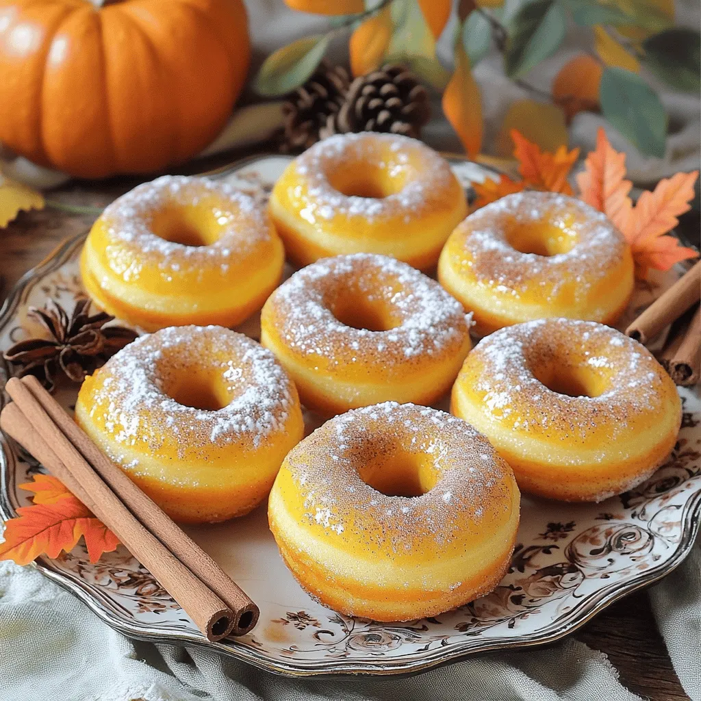 For these baked pumpkin donuts, you will need: - 1 cup pumpkin puree - 1/2 cup granulated sugar - 1/4 cup brown sugar, packed - 2 large eggs - 1/4 cup vegetable oil - 1/4 cup buttermilk (or milk mixed with 1 tsp vinegar) - 1 teaspoon vanilla extract - 1 1/2 cups all-purpose flour - 1 teaspoon baking powder - 1 teaspoon baking soda - 1 teaspoon ground cinnamon - 1/2 teaspoon ground nutmeg - 1/4 teaspoon ground ginger - 1/4 teaspoon salt The pumpkin puree gives the donuts their rich flavor and moist texture. Both granulated and brown sugars add sweetness. Eggs bind the ingredients. The oil keeps them light, and buttermilk adds a slight tang. If you want to swap some ingredients, here are some options: - Sugar Alternatives: You can use coconut sugar or agave syrup instead of granulated sugar. - Dairy Alternatives: Swap buttermilk for almond milk or oat milk mixed with vinegar. - Gluten-Free Options: Use a gluten-free flour blend in place of all-purpose flour for a gluten-free treat. These swaps can help you cater to different dietary needs without losing flavor. Each baked pumpkin donut contains about: - Calories: 150 - Fat: 5 grams - Sugar: 10 grams This makes them a delightful yet mindful treat. Enjoy them knowing they are not overly heavy. You can indulge without guilt! If you want to learn more about the full recipe, check the complete instructions. 1. Preheat the oven and prepare the pan Start by preheating your oven to 350°F (175°C). While it heats, take your donut pan and grease it with cooking spray or oil. This step helps the donuts come out easily after baking. 2. Mixing wet ingredients In a large bowl, add the pumpkin puree, granulated sugar, brown sugar, eggs, vegetable oil, buttermilk, and vanilla extract. Whisk all these together until the mixture is smooth and well combined. This mixture brings a lot of flavor and moisture to your donuts. 3. Sifting and mixing dry ingredients In another bowl, sift together the all-purpose flour, baking powder, baking soda, ground cinnamon, ground nutmeg, ground ginger, and salt. Sifting helps remove lumps and mixes the dry ingredients well. It also adds air, making your donuts lighter. 4. Incorporating dry and wet mixtures Gradually add the dry ingredients to the wet mixture. Stir gently until just combined. Be careful not to over-mix, as this can make your donuts dense. You want a thick batter that holds its shape. 5. Piping batter into the pan Transfer the batter into a piping bag or a resealable plastic bag with one corner snipped off. Pipe the batter into the prepared donut pan, filling each mold about halfway. This step ensures your donuts will rise nicely without spilling over. 6. Baking time and testing for doneness Bake your donuts for 12-15 minutes. To check if they are done, insert a toothpick into a donut. If it comes out clean, they are ready. Remove the pan from the oven and let the donuts cool for about 5 minutes before taking them out. This helps them set and makes removing them easier. To make a smooth batter, start with room-temperature ingredients. This helps them mix better. Combine the wet ingredients first. Whisk the pumpkin puree, sugars, eggs, oil, buttermilk, and vanilla well. This will give you a nice base. Avoid over-mixing by gently folding in the dry ingredients. When you see no flour streaks, stop mixing. Some lumps are okay. This keeps the donuts light and fluffy. For toppings, you can use powdered sugar, glaze, or cinnamon sugar. To make cinnamon sugar, mix 1/4 cup granulated sugar with 1 tablespoon cinnamon. Dust the donuts after they cool for a sweet finish. Serve with hot drinks like coffee, tea, or apple cider. These pair well with the warm spices in the donuts. You can also serve them with a side of whipped cream for a fun treat. Store leftover donuts in an airtight container. This keeps them fresh for up to three days. You can also freeze them for longer storage. Just wrap each donut in plastic wrap and place them in a freezer bag. To reheat, pop them in the microwave for about 10 seconds. This will make them warm and soft again. Enjoy your homemade treats even after a few days! {{image_2}} You can easily change the flavor of your baked pumpkin donuts. Add more spices like cloves or allspice for warmth. You can also mix in chocolate chips for a sweet touch. Nuts are a great addition too. Try chopped pecans or walnuts for crunch. Dried fruits like cranberries or raisins can add a burst of flavor. These add-ins can make your donuts unique and fun. If you want a vegan option, swap the eggs with flax eggs. Mix one tablespoon of ground flaxseed with three tablespoons of water. Let it sit for five minutes to thicken. You can also use plant-based milk for the buttermilk. For a low-sugar version, use a sugar substitute like stevia or erythritol. You can reduce the sugar in the recipe without losing taste. These changes make your donuts fit various diets. Baked pumpkin donuts can fit any holiday theme. Add a splash of maple syrup for a fall twist. Try using peppermint extract during the winter months for a festive vibe. You can also experiment with unique flavors. Combine pumpkin with chai spices or even matcha for a fresh spin. These twists make your donuts stand out and celebrate the season. Can I use fresh pumpkin instead of canned? Yes, you can use fresh pumpkin. Just make sure to cook and puree it first. Fresh pumpkin gives a nice flavor. You will need about 1 cup of puree, just like in the full recipe. How long do baked donuts last? Baked pumpkin donuts last about 2 to 3 days at room temperature. Keep them in an airtight container. For longer storage, you can freeze them. They stay good for about a month in the freezer. Why are my donuts too dense? Dense donuts often happen due to over-mixing the batter. Mix just until combined. Also, make sure to measure your flour correctly. Too much flour can lead to density. How can I make my donuts more flavorful? You can add spices like allspice or cloves for more depth. A splash of maple syrup can also enhance the flavor. Don’t forget to taste the batter for balance. What drinks pair well with pumpkin donuts? Pumpkin donuts pair well with coffee or chai tea. A warm cup of apple cider is also a great choice. The flavors mix well and enhance the taste. How to store and serve donuts for a party? For a party, arrange donuts on a nice plate. You can cover them with a clean cloth to keep them fresh. If you want, add a drizzle of icing or a sprinkle of powdered sugar. To make baked pumpkin donuts, gather these key ingredients: - 1 cup pumpkin puree - 1/2 cup granulated sugar - 1/4 cup brown sugar - 2 large eggs - 1/4 cup vegetable oil - 1/4 cup buttermilk - 1 teaspoon vanilla extract - 1 1/2 cups all-purpose flour - 1 teaspoon baking powder - 1 teaspoon baking soda - 1 teaspoon ground cinnamon - 1/2 teaspoon ground nutmeg - 1/4 teaspoon ground ginger - 1/4 teaspoon salt Start by preheating your oven to 350°F (175°C). Grease a donut pan with cooking spray. Mix the pumpkin puree, both sugars, eggs, oil, buttermilk, and vanilla in one bowl. In another bowl, sift the dry ingredients. Combine both mixtures, being careful not to over-mix. Pipe the batter into the pan and bake for 12-15 minutes. Let them cool before enjoying. You can find the full recipe in the earlier section. Enjoy these donuts warm, dusted with powdered sugar or cinnamon sugar. They taste great paired with coffee or tea. Feel free to get creative with toppings. You can add nuts, chocolate chips, or even a drizzle of maple syrup. These donuts are perfect for fall gatherings or cozy mornings at home. To make your recipe pop, include images of: - The mixing process of wet and dry ingredients - The batter being piped into the donut pan - A close-up of the finished baked donuts, garnished with sugar - A cozy setting with warm donuts and a cup of coffee or tea These visuals will help others see how fun and easy it is to make baked pumpkin donuts. This blog post covered all you need to know about making baked pumpkin donuts. We explored ingredients, substitutions, and nutritional information. I shared step-by-step instructions for preparation and baking. Tips helped you achieve perfect donuts, while variations opened up creative options. In conclusion, have fun experimenting! These donuts are versatile and perfect for any season. Enjoy sharing them with friends and family. Your homemade treats will impress everyone, and the flavors will keep them coming back for more. Happy baking!