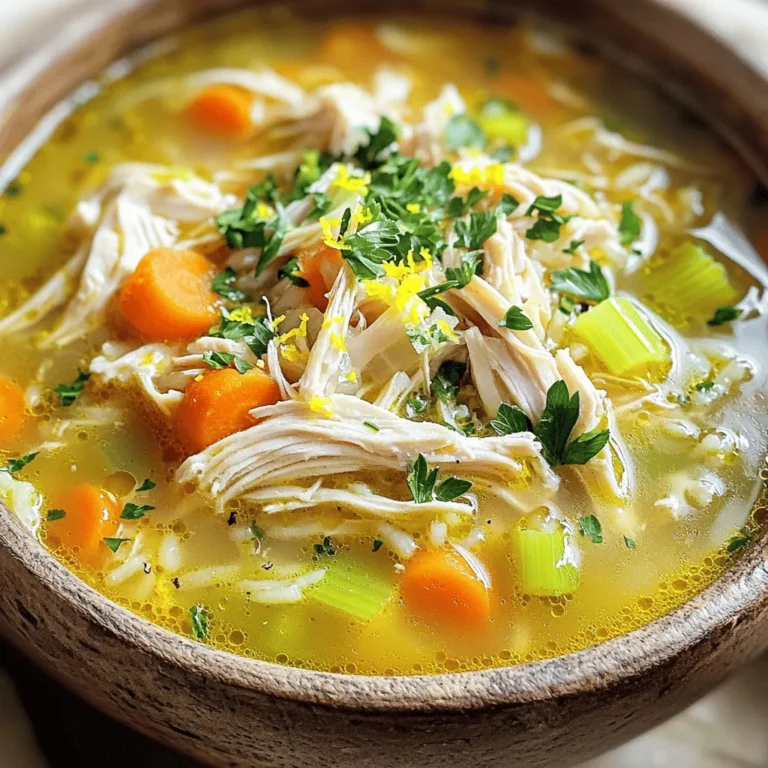 When I think of Easy Chicken and Rice Soup, I focus on fresh, simple ingredients. Each one plays a key role in making this dish comforting and tasty. Here’s what you need: - 1 tablespoon olive oil - 1 medium onion, chopped - 2 cloves garlic, minced - 2 medium carrots, diced - 2 celery stalks, diced - 1 pound boneless, skinless chicken breasts - 6 cups chicken broth - 1 cup long-grain rice (uncooked) - 1 teaspoon dried thyme - 1 teaspoon dried oregano - Salt and pepper to taste - Juice of 1 lemon - Fresh parsley for garnish These ingredients create a warm and hearty soup. The olive oil gives a nice base flavor. The onion and garlic add depth, while the carrots and celery bring sweetness and crunch. Chicken breasts provide protein and heartiness. Chicken broth is the soul of the soup, while rice thickens it up. Herbs like thyme and oregano enhance the flavor. A little salt and pepper bring everything together. The lemon juice adds brightness at the end, and parsley gives a fresh touch. Gather these items before you start cooking. Trust me, having everything on hand makes the process smoother. If you want the full recipe, check the [Full Recipe]. 1. Sautéing vegetables Start by heating one tablespoon of olive oil in a large pot over medium heat. Add one chopped onion. Cook it until it is soft and clear, which takes about five minutes. Then, stir in two minced garlic cloves, two diced carrots, and two diced celery stalks. Cook these veggies for three to four minutes until they soften a bit. 2. Cooking chicken in broth Next, add one pound of boneless, skinless chicken breasts into the pot. Pour in six cups of chicken broth to cover the chicken. Bring this mixture to a gentle boil. Once it boils, reduce the heat, and let it simmer for about 15 minutes. The chicken should be fully cooked at this point. 3. Shredding chicken and adding rice After cooking, take the chicken out of the pot. Use two forks to shred it into bite-sized pieces. Return the shredded chicken back into the pot. Add one cup of uncooked long-grain rice, one teaspoon of dried thyme, and one teaspoon of dried oregano. Season with salt and pepper to your taste. 4. Simmering and flavoring the soup Mix everything well. Cover the pot and let it simmer for 20 to 25 minutes. The rice should be tender and fluffy. Before serving, add the juice of one lemon for a fresh, bright taste. You can adjust the seasoning again if needed. This recipe makes a cozy meal for four to six people. For the full recipe, check the ingredients and steps above. Choosing the right chicken for flavor I recommend using boneless, skinless chicken breasts. They cook quickly and stay tender. If you want deeper flavor, try bone-in chicken thighs. They add richness to the soup. Adjusting seasoning for personal taste Taste your soup while cooking. If you like more flavor, add salt, pepper, or herbs. Fresh herbs, like parsley, can brighten up the dish. A splash of lemon juice adds a nice zing too. How to make the soup creamier For a creamier soup, add a splash of heavy cream or milk near the end. Stir it in gently to combine. You can also mash some of the rice to thicken the broth. This will give your soup a nice, silky texture. Try these tips to make your chicken and rice soup perfect every time. For the full recipe, check the Cozy Chicken and Rice Soup section. {{image_2}} You can change up your Easy Chicken and Rice Soup in fun ways. - Adding vegetables like peas or corn: Toss in some frozen peas or corn. These add color and sweetness. You can add them in the last 5 minutes of cooking. They will stay bright and tasty. - Using brown rice instead of white: Brown rice gives a nuttier flavor. It also adds more fiber. Just remember, it takes longer to cook. Add about 10 extra minutes to your cooking time. - Making it gluten-free with alternative broth: If you want a gluten-free version, choose a gluten-free broth. Many brands offer this. Check the labels to make sure. You can also use vegetable broth for a lighter taste. Feel free to mix and match these ideas! You can create a soup that suits your taste. For the full recipe, check out the Cozy Chicken and Rice Soup. Proper storage keeps your soup fresh and tasty. First, let the soup cool down. This step is key. After cooling, you can put it in a container. Use an airtight container for best results. - Refrigeration guidelines: Store your Easy Chicken and Rice Soup in the fridge. It stays good for about 3 to 4 days. Make sure to label the container with the date. This way, you know when to use it. - Freezing tips for leftovers: If you want to keep it longer, freeze the soup. Pour it into freezer-safe bags or containers. Leave some space at the top to allow for expansion. It will last for about 3 months in the freezer. When you are ready to eat it, thaw it in the fridge overnight. - Best reheating methods to maintain flavor: Reheat the soup on the stove for the best flavor. Pour it into a pot and heat over medium-low heat. Stir it often to prevent sticking. You can also use a microwave. Just heat it in a microwave-safe bowl. Stir it halfway through heating to warm it evenly. This soup is great because you can make it ahead. Enjoying it later is easy with these storage tips. For the full recipe, check out the Cozy Chicken and Rice Soup above. Can I use leftover chicken for this recipe? Yes, you can use leftover chicken. Just shred it and add it in step 5. This step saves time and adds flavor. Make sure the chicken is cooked and safe to eat. How can I make this soup dairy-free? To make this soup dairy-free, simply skip any cream or milk. The broth and lemon juice add great taste. You can also add a splash of coconut milk for creaminess if you like. What can I serve with chicken and rice soup? You can serve this soup with crusty bread or a fresh salad. Both pair well with the soup's warmth. I also like to add some crackers for a nice crunch on the side. For a full meal, consider a light dessert afterward. For the complete guide on making this soup, check out the Full Recipe. Enjoy! You learned how to make an easy chicken and rice soup. We covered the key ingredients and detailed steps for cooking. I shared tips for perfecting your soup and customizing it to your taste. Plus, I provided storage advice and answered common questions. Now, you can enjoy a warm bowl of soup that's both simple and delicious. Cook it for yourself or share with friends. This recipe is sure to please!