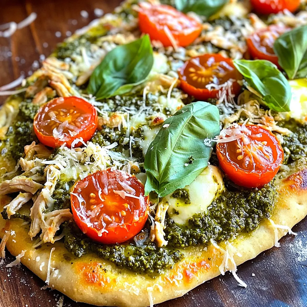 - 2 flatbreads (store-bought or homemade) - 1 cup cooked chicken breast, shredded - 1/2 cup pesto sauce (store-bought or homemade) - 1 cup cherry tomatoes, halved - 1 cup mozzarella cheese, shredded - 1/4 cup parmesan cheese, grated - 1 tablespoon olive oil - Salt and pepper to taste - Fresh basil leaves for garnish When making Pesto Chicken Flatbread, the quality of your ingredients can make a big difference. I like to use fresh, ripe cherry tomatoes. They add a nice burst of flavor. For the chicken, you can use leftover chicken or rotisserie chicken. It saves time and tastes great. I often make my own pesto. However, store-bought pesto works just fine too. It can save you some effort. Just make sure to check the ingredients for quality. The mozzarella cheese is the star here. I use shredded mozzarella for a gooey texture. The parmesan adds a nice salty touch, which enhances the overall flavor. Finally, don't skip the olive oil. It helps the flatbread crisp up in the oven. A sprinkle of salt and pepper ties everything together. Fresh basil leaves on top add color and a fresh taste. For the complete recipe, check the Full Recipe. - Preheat your oven to 400°F (200°C). - Prepare a baking sheet with parchment paper. This helps with easy cleanup. - In a bowl, mix shredded chicken with pesto sauce. Make sure it is well coated. - Spread the pesto chicken mixture evenly over each flatbread. This ensures every bite is tasty. - Scatter the halved cherry tomatoes over the chicken mixture. This adds freshness. - Sprinkle shredded mozzarella cheese on top. Cheese makes everything better! - Drizzle olive oil over the flatbreads. Season with salt and pepper to taste. - Bake for 12-15 minutes. Look for melted cheese and golden edges. - Let the flatbread cool for a minute. Garnish with fresh basil leaves for color and flavor. For the full recipe, check the complete instructions above. Enjoy your savory meal! To make a great pesto chicken flatbread, start with ripe cherry tomatoes. Look for bright colors and a firm feel. If you gently squeeze one, it should yield slightly. This shows it's juicy and fresh. Fresh tomatoes add a sweet burst of flavor to your dish. Now, let’s talk about pesto. Homemade pesto tastes amazing, but store-bought can save time. If you choose store-bought, look for one with fresh ingredients. A good pesto should smell like basil and taste vibrant. If you have time, try making your own with basil, garlic, nuts, cheese, and olive oil. It’s easy and so tasty! Baking flatbreads evenly is key. Place them on a baking sheet lined with parchment paper. This helps them cook without sticking. Make sure they have space between them. If they touch, they may not crisp up well. Sometimes, cheese doesn’t melt as we hope. If that happens, make sure your oven is at 400°F (200°C). Keep an eye on them while baking. If the cheese is not melting, try moving the flatbreads closer to the top of the oven for the last few minutes. This increases the heat and helps the cheese melt nicely. Pair your flatbreads with a nice wine. A light white wine, like Sauvignon Blanc, works well. If you prefer red, try a light Pinot Noir. Both complement the flavors of the dish. For dipping, consider a tangy balsamic glaze or a rich garlic aioli. These sauces add a new layer of flavor. You can also serve a simple side salad with fresh greens. This balances the meal and adds a crunch. Enjoy your delicious pesto chicken flatbread with these tasty tips! {{image_2}} You can switch up the protein in your pesto chicken flatbread for different tastes. Try using ground beef or shredded turkey instead of chicken. Both options add a rich flavor. If you're feeling adventurous, consider adding seafood. Shrimp or crab works well with pesto. Just cook them lightly before adding to the flatbread. If you need a gluten-free meal, replace the flatbreads with gluten-free versions. Many stores sell gluten-free flatbreads. You can even use cauliflower crusts for a fun twist. Always check labels to ensure all ingredients are gluten-free. This way, everyone can enjoy your tasty creation! Adding new flavors can make this dish even more exciting. Try using goat cheese or feta for a tangy kick. You can also add spicy jalapeños or crushed red pepper flakes if you enjoy heat. These additions will elevate the flatbread and create a unique taste experience. Experimenting with flavors is part of the fun! For the full recipe, check out the Full Recipe section to get started! To keep your pesto chicken flatbread fresh, refrigerate it right away. Place the leftovers in an airtight container. This helps keep the moisture in and the flavors intact. The flatbreads will last about three days in the fridge. Make sure to eat them before they start to dry out. To enjoy your flatbread again, use the oven for reheating. Preheat it to 350°F (175°C). Place the flatbread on a baking sheet for even heating. Bake for about 10 minutes. This method keeps the flatbread crispy. Avoid microwaving them, as this can make them soggy. If you use a microwave, heat for only a short time. You can freeze leftover flatbreads for later. Wrap each flatbread in plastic wrap, then in foil. This helps prevent freezer burn. They can last up to three months in the freezer. To thaw, place them in the fridge overnight. When ready to eat, reheat them in the oven for the best taste. You can make simple homemade pesto in minutes. Start with fresh basil, garlic, and nuts. Pine nuts work well, but walnuts are a great option too. Blend them together with olive oil. Add Parmesan cheese for a rich flavor. Here’s a quick recipe: - 2 cups fresh basil leaves - 2 cloves garlic - 1/3 cup pine nuts or walnuts - 1/2 cup olive oil - 1/2 cup grated Parmesan cheese - Salt to taste Combine all the ingredients in a food processor. Blend until smooth. This fresh pesto will elevate your flatbread. You can also store it for later use. Yes, pre-cooked chicken is a great time-saver. Store-bought rotisserie chicken works perfectly. Just shred it and mix it with the pesto sauce. This will save you time and still give you great flavor. Make sure to check for any seasoning. You may want to adjust the salt since rotisserie chicken can be salty. This recipe is great for meal prep. You can prepare the flatbreads ahead of time. Just store the components in separate containers. Keep the chicken, pesto, and toppings ready. When you’re ready to eat, assemble and bake. This way, you enjoy a fresh meal anytime. You can even make extra flatbreads to freeze for later. Pesto chicken flatbread is quick and fun to make. We covered the key ingredients, easy steps, and tips to make it perfect. You can choose your proteins and even make it gluten-free. Don’t forget to try variations and store any leftovers properly. This dish is not only tasty, but it also suits many diets and tastes. Enjoy making this delicious meal that fits your needs and impresses your guests!
