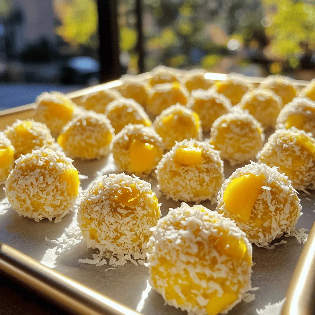 To make Mango Coconut Energy Balls, gather these key ingredients: - 1 cup dried mango, chopped - 1 cup unsweetened shredded coconut - 1 cup rolled oats - 1/2 cup almond butter (or any nut butter) - 1/4 cup honey (or maple syrup for vegan option) - 1/4 cup chia seeds - 1 teaspoon vanilla extract - Pinch of salt These ingredients work together to create a sweet and chewy snack. The dried mango offers a burst of fruity flavor. Shredded coconut gives a tropical touch and a satisfying texture. Rolled oats add heartiness and fiber. Nut butter binds everything while adding healthy fats. Honey sweetens the mix and helps it stick. Chia seeds pack in extra nutrients, and vanilla boosts the taste. You can easily adjust your energy balls to fit your taste. Here are some fun ideas: - Add 1/4 cup of nuts for a crunch. - Mix in some chocolate chips for sweetness. - Use spices like cinnamon or ginger for warmth. - Swap dried mango for other dried fruits, like apricots or cranberries. These options allow you to create a snack that feels special to you. Experimenting with flavors makes cooking fun and personal. Every ingredient in these energy balls brings health benefits: - Dried Mango: Rich in vitamins A and C, it supports eye health and boosts immunity. - Shredded Coconut: High in fiber, it aids digestion and provides lasting energy. - Rolled Oats: A great source of whole grains, they help keep you full and steady blood sugar. - Almond Butter: Packed with protein and healthy fats, it promotes heart health. - Honey: Natural sweetener with antioxidants, it can soothe a sore throat. - Chia Seeds: Loaded with omega-3s, they support brain health and help keep you hydrated. - Vanilla Extract: Adds flavor and may have antioxidant properties. - Salt: Enhances flavor and helps with electrolyte balance. Incorporating these ingredients makes your snack tasty and nutritious. This recipe not only satisfies your cravings but also supports your well-being. For the complete recipe, check the Full Recipe section. Start by gathering your dry ingredients. You need dried mango, shredded coconut, and rolled oats. Take one cup of each. Place them in a large mixing bowl. Stir them well to mix everything evenly. This step is key for flavor. Next, we move to the wet ingredients. In another bowl, combine half a cup of almond butter, a quarter cup of honey, and chia seeds. Add one teaspoon of vanilla extract and a pinch of salt. Mix until it’s smooth. This mix adds creaminess and sweetness. Now, pour the wet mix into the bowl with the dry ingredients. Use a spatula or your hands to combine everything. If the mix is too sticky, add more shredded coconut or oats. Once mixed well, refrigerate for about 30 minutes. This helps it firm up for shaping. After chilling, take the mixture out. Use your hands to roll it into small balls. Aim for about one inch in diameter. If you like coconut, roll the balls in more shredded coconut. This adds a fun texture and flavor. Place the energy balls on a parchment-lined tray. Refrigerate them for another 30 minutes to set. Once firm, store them in an airtight container. They last up to one week in the fridge. Enjoy these as a snack or post-workout treat. For the full recipe, check out the earlier section. To get the right texture for your Mango Coconut Energy Balls, balance is key. You want them firm but not hard. Start with the base ingredients: dried mango, shredded coconut, and oats. If the mix feels too dry, add more almond butter. If it’s too wet, toss in a bit more oats or coconut. Chill the mixture for 30 minutes before shaping. This makes it easier to form balls. Sticky hands can be a hassle when shaping energy balls. To reduce stickiness, keep your hands damp. A little water on your palms helps the mixture slide off easily. You can also roll the finished balls in more shredded coconut. This adds flavor and keeps them from sticking together. Store your energy balls in an airtight container. This keeps them fresh and tasty. Place them in the fridge for up to a week. If you want to keep them longer, freeze them. They last for about three months in the freezer. Make sure to label the container with the date. This way, you’ll know when they were made. These snacks are perfect for a quick energy boost any time! {{image_2}} You can switch up the sweeteners in this recipe. Instead of honey, use maple syrup. It makes the energy balls vegan. You can also try agave syrup for a different taste. As for nut butters, almond butter works great, but peanut butter adds a strong flavor. Sunflower seed butter is another option for those with nut allergies. To make these energy balls more exciting, add spices or chocolate chips. A pinch of cinnamon or nutmeg can enhance the taste. If you love chocolate, mix in some dark chocolate chips. Dried fruits, like cranberries or apricots, can also add a fun twist. Experiment with different ingredients to find your favorite combo! To keep this recipe vegan, use maple syrup instead of honey. For a gluten-free option, ensure your oats are certified gluten-free. This way, everyone can enjoy these tasty snacks! You can also substitute rolled oats with ground nuts or seeds for a different texture. For the full recipe, check the earlier section and let your creativity shine! To keep your mango coconut energy balls fresh, store them in an airtight container. This helps prevent air from making them dry. Place the container in the fridge. They stay good for about one week. If you want to eat them later, freezing is a great option. You can freeze these energy balls for up to three months. First, roll them into balls and place them on a baking sheet. Make sure they are not touching. Freeze them for about two hours. Once frozen, move them to a freezer bag or container. Label it with the date. This way, you always know when you made them. Check for any off smells or changes in texture. If they feel slimy or smell sour, it's best to throw them away. If they look dry but smell okay, they may still be safe to eat. Always trust your senses. Keeping these tips in mind helps you enjoy your mango coconut energy balls safely! Mango Coconut Energy Balls last about one week in the fridge. Store them in an airtight container. This keeps them fresh and tasty. If you want them to last longer, freeze them. They can stay good for up to three months in the freezer. You can use fresh mango, but it changes the texture. Fresh mango has more moisture. This can make the energy balls too wet. If you want to use fresh mango, add more oats or coconut to help balance it out. You can swap almond butter for sunflower seed butter for nut allergies. Use maple syrup instead of honey for a vegan option. If you need gluten-free, ensure your oats are certified gluten-free. You can also use any seeds in place of chia seeds. Yes, these energy balls are great to make ahead. You can prepare them up to a week in advance. Just keep them in the fridge. They also freeze well, so you can make a big batch and enjoy them later. For the full recipe, check the instructions to get started! In this post, we explored how to make tasty Mango Coconut Energy Balls. We covered essential and optional ingredients, along with their health benefits. You learned step-by-step instructions for mixing, shaping, and serving. I shared tips to get the right texture and ideas for fun variations. Finally, we discussed storage practices and answered common questions. These energy balls are easy to make and great for snacks. Enjoy creating your own versions!