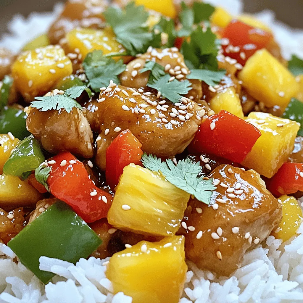 - 1 lb boneless chicken thighs, cut into bite-sized pieces - 1 cup bell peppers (red, green, and yellow), diced - 1 medium onion, sliced - 1 cup pineapple chunks (fresh or canned) - 1/4 cup honey - 1/4 cup apple cider vinegar - 1/4 cup ketchup - 1 tablespoon soy sauce - 1 tablespoon cornstarch - 1 tablespoon vegetable oil - 2 cloves garlic, minced - Salt and pepper to taste - Cooked rice, for serving - Sesame seeds, for garnish - Fresh cilantro, for garnish (optional) Gather these items to make your sweet and sour chicken shine. The chicken thighs give a juicy bite. The bell peppers add color and crunch. Onions bring a nice sweetness. The sauce is where the magic happens. Pineapple makes it fruity and bright. Honey adds sweetness, while apple cider vinegar gives zing. Ketchup ties it all together. For a smooth sauce, use cornstarch. Vegetable oil helps cook your chicken just right. Garlic adds flavor, while salt and pepper enhance everything. Serve your sweet and sour chicken over rice. Top it with sesame seeds and cilantro for a nice touch. You can find the Full Recipe [here]. Start by mixing the honey, apple cider vinegar, ketchup, soy sauce, salt, and pepper in a large bowl. This mixture will be your marinade. Cut the chicken thighs into bite-sized pieces and add them to the bowl. Toss the chicken to coat it well. Cover the bowl and let it marinate for at least 30 minutes. The longer you marinate, the more flavor the chicken will absorb. While the chicken marinates, prepare the sauce. In a small bowl, take one tablespoon of the marinade from the chicken. Add one tablespoon of cornstarch to this and stir until smooth. This mixture will help thicken your sauce later. Set it aside for now. Heat one tablespoon of vegetable oil in a large skillet over medium heat. Once hot, add the marinated chicken to the skillet. Cook the chicken until it turns brown and is fully cooked, which takes about 5 to 7 minutes. Remove the cooked chicken and keep it warm. In the same skillet, add the sliced onion and diced bell peppers. Sauté them for about 3 to 4 minutes, until they start to soften. Then, add the minced garlic and cook for another minute. Next, return the chicken to the skillet along with the pineapple chunks and the remaining marinade. Stir everything together to combine. Finally, pour the cornstarch mixture into the skillet. Stir constantly for about 2 to 3 minutes until the sauce thickens. You can find the Full Recipe for more detailed instructions. To get sweet and sour just right, use equal parts honey and vinegar. Honey gives a sweet touch, while vinegar adds tang. Adjust these to your taste. If it's too sweet, add more vinegar. If it's too sour, add more honey. A dash of soy sauce adds depth without overpowering the dish. For tender and juicy chicken, use boneless thighs. They stay moist during cooking. Marinate your chicken for at least 30 minutes. This step infuses flavor and keeps it juicy. Cook the chicken on medium heat. This method ensures it cooks evenly without drying out. To keep your veggies crisp, add them at the right time. Sauté onions and bell peppers for about 3-4 minutes. Wait to add garlic until the last minute. This helps it stay fragrant and bright. Add pineapple for a burst of sweetness just before serving. This keeps the texture firm and fresh. For the full recipe, check out the [Full Recipe]. {{image_2}} To make a tasty vegetarian version of sweet and sour chicken, simply swap the chicken for tofu or tempeh. Both options absorb flavors well. I recommend using firm tofu for the best texture. Press the tofu to remove excess water, then cut it into bite-sized pieces. Tempeh has a nutty flavor and works great too. Just slice it into cubes or strips. You can marinate these proteins just like you would the chicken. This keeps all the vibrant flavors. You can get creative with the sweet and sour sauce. Try using different fruits like mango, peach, or even apricot for a unique twist. Each fruit gives the sauce a different taste. If you want a bit more tang, use rice vinegar or white vinegar instead of apple cider vinegar. Each option adds its own flavor profile, making the dish your own. Sweet and sour chicken pairs well with many side dishes. Serve it over fluffy cooked rice, which soaks up the sauce nicely. You can also try it with steamed broccoli or snap peas for added crunch. If you're feeling adventurous, serve it with fried rice or noodles. Garnish with sesame seeds and fresh cilantro for a lovely look. These additions enhance both taste and appeal. For a complete meal, consider adding a light salad on the side. To keep your Sweet and Sour Chicken fresh, place leftovers in an airtight container. This helps prevent moisture loss. You can store it in the fridge for about three to four days. Always let the dish cool before sealing it. This keeps the flavors intact and avoids sogginess. If you want to save some for later, freezing works well. First, let the dish cool completely. Then, divide it into portions. Use freezer-safe bags or containers. Remove as much air as possible to avoid freezer burn. Sweet and Sour Chicken can last up to three months in the freezer without losing quality. When you're ready to enjoy your leftovers, reheating is key. You can use the microwave for quick results. Heat it on low power to ensure even warming. Stir halfway through to avoid hot spots. If you prefer, reheat in a skillet over medium heat. Add a splash of water or broth to keep it moist. This method also helps revive the flavors. Sweet and sour chicken is a popular dish in Chinese cuisine. It combines tender chicken with a tangy sauce. This dish has roots in Chinese-American cooking. It blends sweet and sour flavors, giving a burst of taste. The bright colors of vegetables add to its appeal. The dish often includes pineapple for a fruity twist. It is served over rice, making it a complete meal. You can find variations across different cultures, but the core flavors remain the same. Yes, you can make sweet and sour chicken ahead of time. This dish stores well and tastes great later. To prepare, marinate the chicken and cook the dish as normal. Allow it to cool before storing in an airtight container. Keep it in the fridge for up to three days. You can also freeze it for longer storage. Just make sure to separate the rice. To reheat, use the microwave or stovetop. Add a splash of water to keep it moist. Sweet and sour chicken can be part of a balanced meal. The chicken provides protein, while the vegetables add vitamins. To make it healthier, you can use less sugar or honey. Consider using lean chicken breast instead of thighs. You can also add more vegetables for extra nutrients. If you want a lighter version, try using tofu as a protein source. Overall, with mindful choices, sweet and sour chicken can fit into a healthy diet. Check out the Full Recipe for more details. In this blog post, we explored the delicious components of Sweet and Sour Chicken. We reviewed main ingredients, sauce components, and techniques for perfect chicken and veggies. Remember, balancing flavors is key to success. Experiment with substitutions for a twist, like tofu for chicken. Store leftovers properly for great taste later. Prepare this dish ahead for easy meals. Enjoy your cooking journey, and don't hesitate to try new variations to make this dish your own!