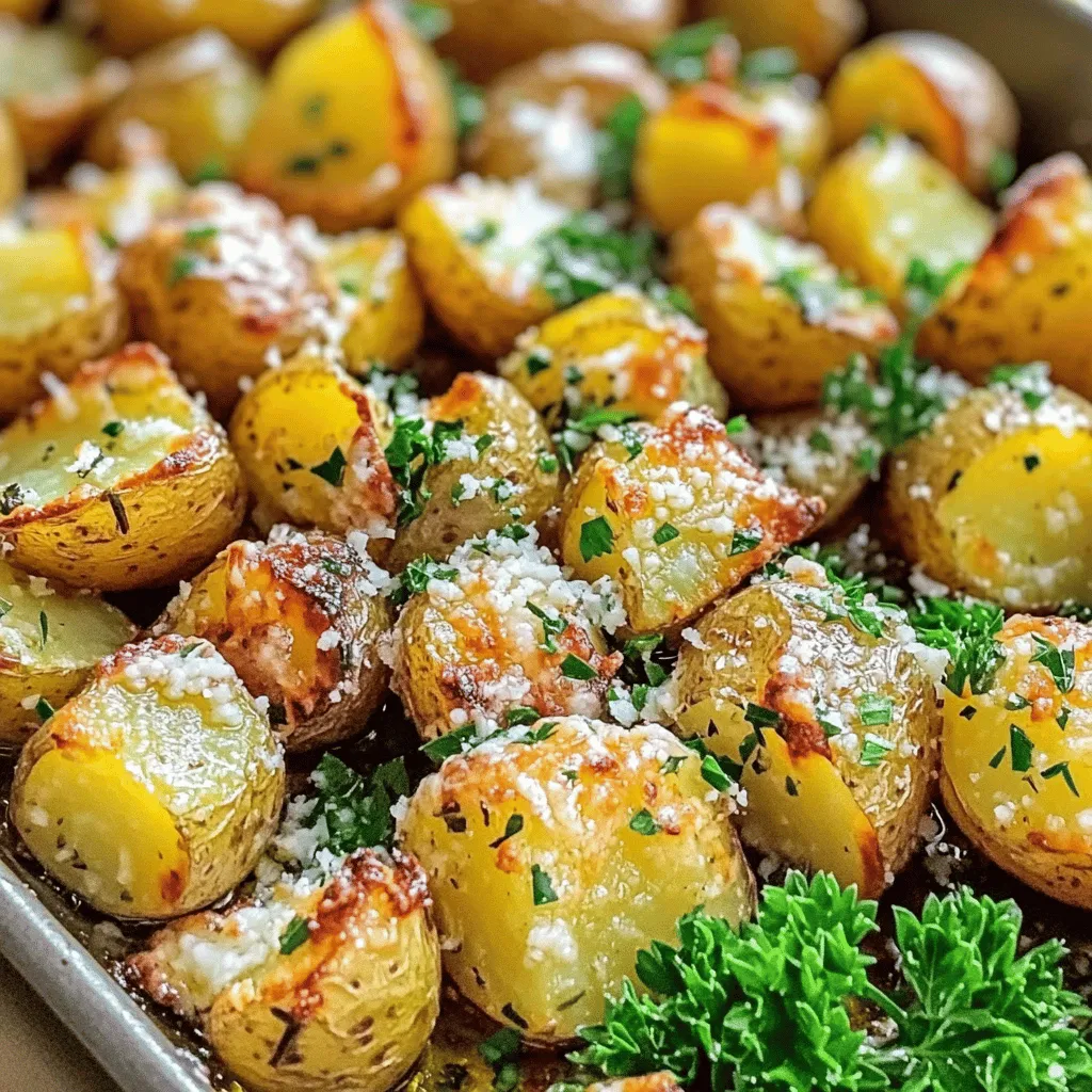 - 2 lbs baby potatoes, halved - 4 cloves garlic, minced - 1/4 cup grated Parmesan cheese - 1/4 cup olive oil - 2 tablespoons fresh rosemary, chopped - 1 teaspoon paprika - Salt and pepper to taste - Fresh parsley, for garnish For this recipe, I love using baby potatoes. They are small, tender, and cook quickly. You can use regular potatoes, but you will need to cut them into smaller pieces. Garlic adds a bold flavor that pairs well with the cheese. I like to use fresh rosemary for its earthy taste, but you can swap it out for thyme or oregano. If you prefer a vegan option, try using nutritional yeast instead of Parmesan cheese. For more variety, consider adding spices like garlic powder or onion powder. You can even throw in some paprika for a smoky kick. - Use regular potatoes instead of baby potatoes. - Nutritional yeast works as a vegan Parmesan. - Try thyme or oregano for different flavors. - Baking sheet - Mixing bowl - Parchment paper These tools make the process simple. A baking sheet helps evenly roast the potatoes. A mixing bowl is great for tossing all the ingredients together. Parchment paper keeps clean-up easy and helps the potatoes crisp up nicely. For the full recipe, check back to see how these ingredients come together in a delicious dish! 1. Preheat your oven to 425°F (220°C). This temperature helps the potatoes roast well. 2. In a large bowl, add the halved baby potatoes, minced garlic, and olive oil. 3. Add chopped rosemary, paprika, salt, and pepper to the bowl. Toss everything together. 4. Ensure the potatoes are coated evenly with the oil and spices. This step is key for flavor. 1. Spread the coated potatoes in a single layer on a baking sheet lined with parchment paper. 2. Place the baking sheet in the preheated oven. Roast for 25-30 minutes. 3. Stir the potatoes halfway through cooking. This helps them brown evenly and stay crispy. 1. Once the potatoes are golden brown, remove them from the oven. 2. Sprinkle the grated Parmesan cheese over the hot potatoes. 3. Return the baking sheet to the oven for an additional 5 minutes to melt the cheese perfectly. 4. For a bright finish, garnish with freshly chopped parsley before serving. For a complete guide, check the Full Recipe. To get the best garlic parmesan roasted potatoes, space them out on the baking sheet. This allows hot air to flow around each piece. If they are too close, they might steam instead of roast. Aim for a single layer, with some space in between. This makes them crispy on all sides. To enhance crispiness, try using a little more olive oil. You could also add a pinch of baking soda to the seasoning. This helps create a nice, crunchy texture. You can change the flavor of your potatoes by adding spices or herbs. Consider using thyme, oregano, or even a dash of cayenne for heat. Marinating the potatoes before roasting can also boost their taste. Combine the potatoes with olive oil, garlic, and your chosen spices. Let them sit for 30 minutes to absorb the flavors. You will taste the difference when they roast! Garlic parmesan roasted potatoes pair well with many dishes. They make a great side for grilled chicken or steak. You can also enjoy them with a fresh salad. For a lovely presentation, serve them in a rustic bowl. Garnish with chopped parsley for a pop of color. You can find the full recipe to guide you in preparing this delicious dish! {{image_2}} You can change the cheese for new flavors. Try cheddar or feta for a twist. Mixing in different cheeses can elevate the dish. You can also add vegetables like bell peppers or zucchini. They roast well and add color. For protein, consider adding cooked chicken or bacon. This can turn the potatoes into a full meal. You can cook these potatoes in an air fryer. It gives them a crispy texture with less oil. Just set the air fryer to 400°F for about 20 minutes. Shake the basket halfway through for even cooking. Another option is to grill the garlic parmesan potatoes. Toss them in a grill basket and cook until they are golden. This adds a smoky flavor that's hard to beat. Herbs can change with the seasons. In spring, use fresh basil or chives for a light taste. In winter, rosemary or thyme gives warmth and depth. For holidays, try adding a sprinkle of nutmeg or sage. These flavors can make your dish festive and special. Each season brings a chance for new flavors in this recipe. To store leftovers, let the potatoes cool first. Place them in an airtight container. This keeps them fresh and safe. The best containers are glass or plastic with tight lids. These materials help seal in moisture. You can reheat these potatoes in the oven or microwave. For the oven, set it to 350°F (175°C) and bake for about 10-15 minutes. This keeps them crispy. If using the microwave, heat for 1-2 minutes. Stir halfway to warm evenly. However, the microwave may make them soft. Yes, you can freeze garlic parmesan roasted potatoes. First, let them cool completely. Then, place them in a freezer bag. Remove all the air before sealing. To thaw, leave them in the fridge overnight. For best results, reheat in the oven to regain their crispiness. How long to roast garlic parmesan potatoes? Roast garlic parmesan potatoes for 25 to 30 minutes. They should turn golden brown and crispy. Stir them halfway through to cook evenly. Can I use other types of potatoes? Yes, you can use other potatoes like Yukon Gold or red potatoes. Each type brings a different flavor and texture. What's the best way to know when they're done? Check if the potatoes are golden and crispy. You can also poke one with a fork. It should feel soft inside. Can I make this recipe in advance? You can prepare the potatoes ahead of time. Just coat them and store in the fridge. Roast them when you're ready to eat. How to make it spicier? Add red pepper flakes or cayenne pepper to the mix. This will give your dish a nice kick. Is this recipe gluten-free? Yes, garlic parmesan roasted potatoes are naturally gluten-free. Enjoy them without worry. Can it be made dairy-free? You can replace Parmesan with a dairy-free cheese option. Nutritional yeast also adds a cheesy flavor without dairy. For more detailed instructions, check out the [Full Recipe]. This blog post covered how to make delicious garlic Parmesan roasted potatoes. I shared ingredients, tips, and cooking steps. You learned about variations and storage options to keep them fresh. Remember, the key to great potatoes is in the details—cooking time, spacing, and seasoning matter. Enjoy these potatoes as a side dish or snack. With some simple tweaks, you can make this dish your own. Now, it's time to enjoy your tasty creation!