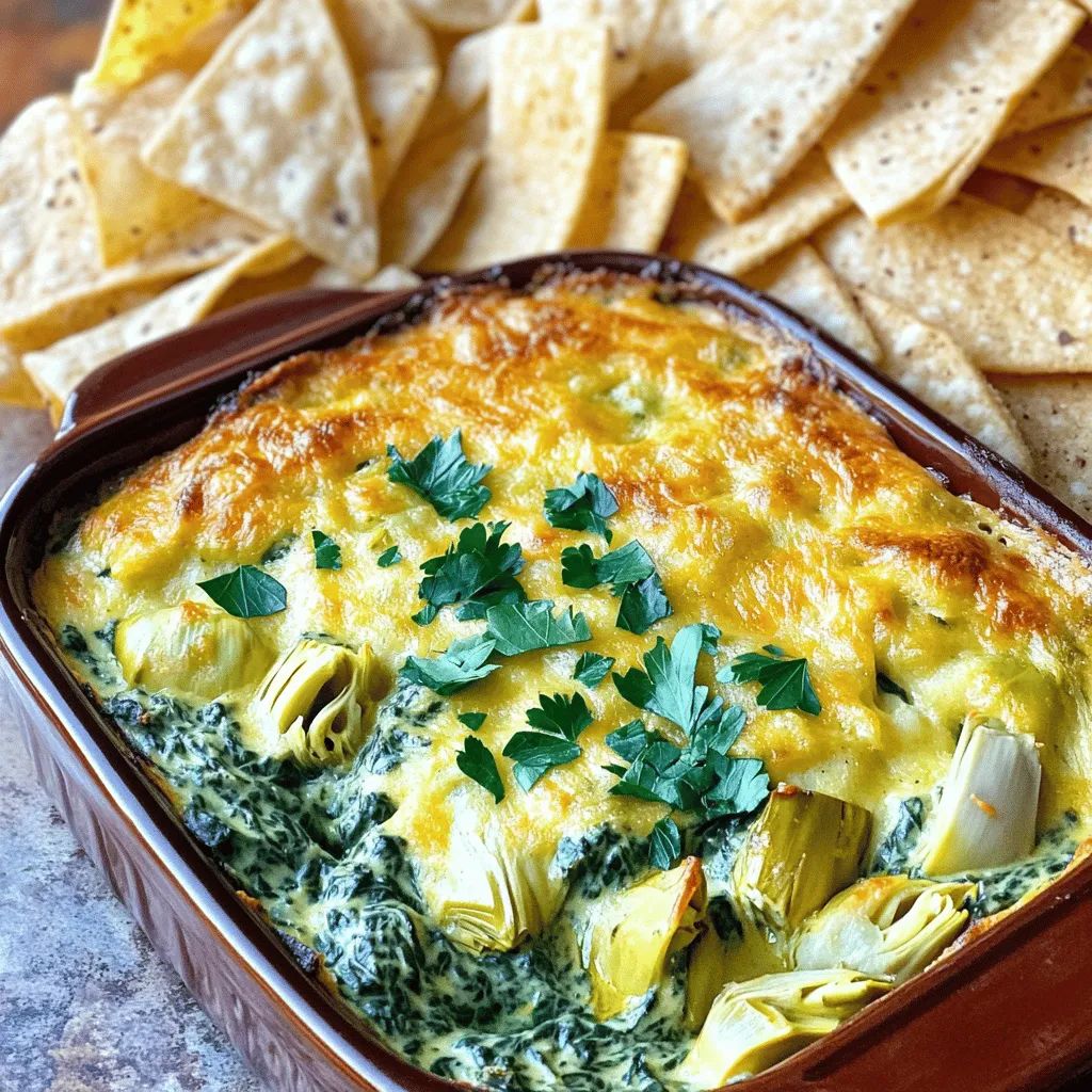 - 1 cup frozen spinach - 1 can (14 oz) artichoke hearts - 1 cup cream cheese - ½ cup sour cream - ½ cup mayonnaise - 1 cup shredded mozzarella cheese - ½ cup grated Parmesan cheese - 2 cloves garlic - ½ teaspoon red pepper flakes (optional) - Salt and pepper I love this dip because it is simple yet delicious. The frozen spinach and artichoke hearts bring a nice earthiness. Cream cheese gives it a rich texture. Sour cream and mayonnaise add creaminess. Mozzarella and Parmesan give it cheesy goodness. - Tortilla chips - Sliced baguette When serving, I suggest pairing the dip with crunchy tortilla chips or warm, sliced baguette. These options help balance the creamy dip. You can even mix and match! Enjoy the fun of dipping and sharing with friends. For the full recipe, check out the steps to make this dip. It’s a tasty crowd pleaser that everyone loves! - Preheat your oven to 350°F (175°C). - In a large bowl, combine 1 cup of softened cream cheese, ½ cup of sour cream, and ½ cup of mayonnaise. Mix these until smooth and creamy. - Next, stir in 2 cloves of minced garlic, 1 can of chopped artichoke hearts, and 1 cup of thawed, well-drained spinach. Mix until everything is well combined. - Now, add in 1 cup of shredded mozzarella cheese, ½ cup of grated Parmesan cheese, and ½ teaspoon of red pepper flakes if you want a little heat. Season with salt and pepper to taste, then mix everything thoroughly. - Transfer your creamy mixture into a baking dish and spread it out evenly. - Bake in the preheated oven for 25-30 minutes. You will know it's ready when the dip is bubbly and golden on top. - Once baked, remove the dish from the oven. Let it cool slightly before serving. This dish is great served with tortilla chips or sliced baguette for dipping. For the full recipe, check out the details above! To make the best creamy spinach artichoke dip, start with your spinach. You need to ensure proper drainage. If you skip this step, your dip might be too watery. After thawing, squeeze the spinach in a clean kitchen towel to remove excess moisture. This keeps your dip thick and rich. Next, adjust the seasonings for your taste. I like to start with salt and pepper. You can also add garlic for extra flavor. If you want more heat, sprinkle in some red pepper flakes. Taste as you go. It’s all about making it your own! Presentation matters when serving your dip. Garnish with fresh parsley or a sprinkle of grated Parmesan cheese. This adds color and makes your dish look fancy. For serving suggestions, use crispy tortilla chips or sliced baguette. Both options are great for scooping. Arrange them around the dip for a nice touch. You can also serve it in a bread bowl for a fun twist. Enjoy your delicious dip! For the full recipe, check out the detailed section above. {{image_2}} You can make Creamy Spinach Artichoke Dip lighter. Try using Greek yogurt instead of sour cream. Greek yogurt adds creaminess and cuts calories. It also boosts protein. Another option is to use low-fat cream cheese. This still gives a rich texture but saves on fat. You can enjoy the dip guilt-free while still savoring the flavor. Want to kick up the taste? Add some fresh herbs like basil or thyme. These herbs bring a fresh twist that brightens the dip. You can even mix in some cooked bacon for a savory crunch. Sautéed onions also make a tasty addition. They add sweetness and depth. Both options create a flavor explosion that keeps everyone coming back for more. Serve this dip with creative dippers. Tortilla chips are classic, but you can also use sliced veggies like cucumbers or bell peppers. They add a nice crunch and are healthy too. You can also turn the dip into a spread for sandwiches. Simply slather it on bread for a tasty lunch. This twist makes it easy to enjoy the flavors in a new way. For the full recipe, check out the recipe section above. To keep your creamy spinach artichoke dip fresh, store it in an airtight container. Make sure to let it cool before sealing. This dip stays good in the fridge for about 3 to 5 days. If you want to keep it longer, consider freezing it. However, the texture may change slightly after thawing. When you’re ready to enjoy the dip again, you can reheat it in several ways. The best method is to use the oven. Preheat your oven to 350°F (175°C) and place the dip in a baking dish. Heat for about 15-20 minutes until it's warm and bubbly. If you’re short on time, you can use the microwave. Place the dip in a microwave-safe bowl and heat it in 30-second intervals. Stir after each interval until it’s hot. Both methods make it easy to enjoy this tasty crowd-pleaser again. Yes, you can prepare this dip a day ahead. Just mix all the ingredients as the recipe states. Store it in an airtight container in the fridge. When you're ready to serve, spread it in a baking dish and bake as instructed. This saves time and makes your party prep easier. Just remember, let it sit at room temperature for about 15 minutes before baking. This helps it cook evenly. To add heat, sprinkle in more red pepper flakes. You can use one teaspoon instead of half. Another option is to mix in diced jalapeños. If you like smoky flavors, try adding smoked paprika. These choices will give your dip a fun kick and make it exciting. This dip pairs well with various dippers. Tortilla chips work great for scooping. You can also use sliced baguette, pita chips, or veggies like carrots and celery. If you want something unique, try using pretzel bites. They add a nice salty crunch. Yes, you can freeze this dip. Just put it in a freezer-safe container. It will keep well for up to three months. When you're ready to eat it, thaw it in the fridge overnight. Reheat it in the oven until it’s hot and bubbly again. This way, you can enjoy it any time. For the full recipe, check out the details above! In this post, we covered how to make creamy spinach artichoke dip. We listed the ingredients and provided detailed steps for easy preparation. You learned tips for perfecting your dip and tasty variations to impress your guests. Remember to store leftovers properly and follow reheating tips to enjoy the dip later. With these ideas, your next gathering will be a hit. This dip is simple yet delicious and sure to please everyone. Enjoy making your dish and sharing it with friends!