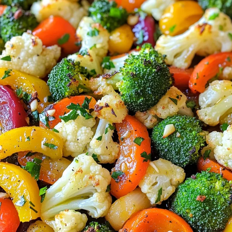To make Garlic Herb Roasted Veggies, gather these items: - 2 cups broccoli florets - 2 cups cauliflower florets - 1 cup carrots, sliced - 1 cup bell peppers, chopped (any color) - 1/4 cup olive oil - 6 cloves garlic, minced - 2 teaspoons dried thyme - 2 teaspoons dried oregano - 1 teaspoon salt - 1/2 teaspoon black pepper - 1 tablespoon balsamic vinegar (optional, for added depth) - Fresh parsley, chopped (for garnish) These fresh ingredients give the dish great taste and color. You can use fresh or frozen veggies for this dish. Fresh veggies taste best and keep their crunch. They also soak up the flavors well. If you're short on time, frozen veggies work too. They are quick to prepare and often frozen at peak freshness. Just remember to thaw them a bit before roasting. Want to boost the flavor? Try adding these items: - Red pepper flakes for heat - Lemon juice for a tangy kick - Parmesan cheese for richness These add-ins let you create your own twist on this dish. Feel free to mix and match based on what you like. Check the Full Recipe for more details on how to prepare these tasty veggies! Start by gathering your ingredients. You need fresh veggies and herbs. Chop the broccoli and cauliflower into small florets. Slice the carrots and bell peppers. I like to use a mix of colors for a bright dish. Next, preheat your oven to 400°F (200°C). This step helps the veggies roast evenly. In a large mixing bowl, combine all the chopped veggies. In a small bowl, whisk together olive oil, minced garlic, dried thyme, oregano, salt, and black pepper. If you want extra flavor, add balsamic vinegar. Pour this mixture over your veggies. Make sure to coat each piece well. Spread the veggies onto a large baking sheet. Use parchment paper for easy cleanup. Roast them in the oven for 25-30 minutes. Stir the veggies halfway through to ensure even cooking. They should be tender and slightly browned when done. Once out of the oven, let the veggies cool for a few minutes. Transfer them to a serving bowl. To make it look pretty, sprinkle fresh parsley on top. This dish pairs well with grilled chicken or pasta. You can also serve it as a tasty side dish for dinner. For the full recipe, check out the details above. To get perfectly roasted veggies, you need a few key tips. First, cut your vegetables into similar sizes. This ensures they cook evenly. I like to make pieces about one inch. Next, don’t crowd the pan. If veggies are too close, they steam instead of roast. Spread them out on the baking sheet. Use parchment paper for easy cleanup. Another tip is to toss the veggies with olive oil and seasoning well. You want each piece to shine with flavor. This helps the garlic and herbs stick. For a nice finish, let them brown a bit. Look for a golden color to know they are ready. One common mistake is not preheating the oven. If the oven is not hot enough, veggies won't roast right. Always set your oven to 400°F (200°C) first. Also, avoid skipping the stirring step. Stirring helps cook the veggies evenly. If you forget, some pieces may burn while others stay raw. Finally, don’t skip the balsamic vinegar. It adds a tasty depth that makes the dish pop. Want to make your veggies sing? Try adding different herbs! Fresh herbs like rosemary or basil work well. You can also mix in lemon juice for a bright taste. For a spicy kick, add red pepper flakes. A sprinkle of cheese before serving can also add richness. Lastly, feel free to try different veggies. Sweet potatoes or zucchini can bring new flavors to the table. For the full recipe, check out Garlic Herb Roasted Veggies and enjoy a tasty dish! {{image_2}} You can mix up the veggies in your dish. Try using zucchini, asparagus, or sweet potatoes. Each choice gives a new taste and texture. For a colorful plate, use a rainbow of bell peppers. You can also add cherry tomatoes for a sweet burst. The key is to keep the total amount around 6 cups. This way, your roasting time stays the same. If you want a twist, change the herbs. Instead of thyme and oregano, try rosemary or basil. These herbs will change the flavor profile. You can also use fresh herbs if you have them. Just chop them finely and use about three times the amount. Mix and match until you find your perfect blend. This recipe is already vegan and gluten-free! If you want to make it even healthier, add more veggies. Kale or spinach can be tossed in. Just remember to add these greens later in the cooking time so they don’t burn. This way, you maintain their bright color and nutrients. For even more flavor, drizzle a bit of lemon juice before serving. Remember, the full recipe is your guide to get started with these variations! To keep your Garlic Herb Roasted Veggies fresh, let them cool first. Place them in an airtight container. This method keeps moisture out and flavor in. Store the container in the fridge. Eat the leftovers within three days for the best taste. When you're ready to enjoy leftovers, preheat your oven to 350°F (175°C). Spread the veggies on a baking sheet. Heat them for about 10-15 minutes. This method keeps them crispy. You can also use a microwave. Heat them in short bursts of 30 seconds, stirring in between. Stored in the fridge, these veggies last for about three days. You can freeze them too! Just place cooled veggies in a freezer-safe bag. They can last up to three months in the freezer. To use frozen veggies, thaw them in the fridge overnight before reheating. Enjoy your flavorful dish again! For the full recipe, refer to the main article. To make Garlic Herb Roasted Veggies vegan, stick to plant-based ingredients. The recipe is already vegan-friendly. You don't need to change anything. Just follow the [Full Recipe] as it is. Use fresh vegetables and herbs for the best taste. Yes, you can use fresh garlic instead of minced. Fresh garlic gives a strong, bold taste. Simply crush or finely chop the garlic cloves. Use the same amount as the minced garlic in the recipe. This change adds a vibrant flavor to your veggies. You can use many herbs for roasting. Rosemary, basil, and dill work well. Each herb adds a unique flavor. You can mix and match to find your favorite combo. Try using fresh herbs for a more intense taste. This blog post covered how to choose the best ingredients and prepare them. We explored fresh vs. frozen items, how to cook veggies, and ways to serve them. I shared tips for perfect roasting and important mistakes to avoid. We also looked at variations, storage tips, and answered common questions. Try these steps next time you roast veggies. You’ll enjoy great taste and texture! Your meals will be healthier and more fun. Happy cooking!
