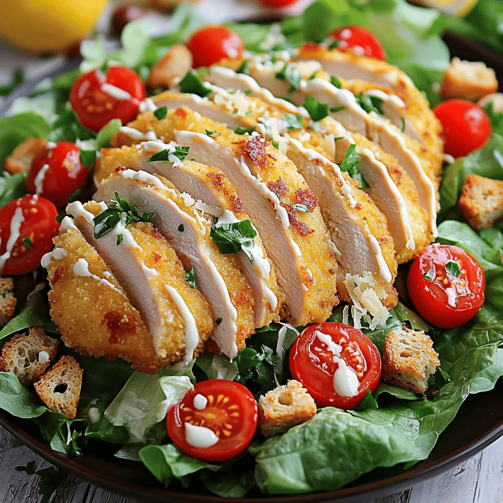 - 2 boneless, skinless chicken breasts - 4 cups romaine lettuce, chopped - 1/4 cup Caesar dressing (homemade or store-bought) - 1/2 cup cherry tomatoes, halved - 1/4 cup Parmesan cheese, shaved - 1/2 cup whole grain croutons - 1 tablespoon olive oil - Salt and pepper to taste - Fresh parsley for garnish - 1 tablespoon lemon juice To create the perfect Classic Chicken Caesar Salad, you need a good mix of fresh and tasty ingredients. Start with the main trio: chicken, romaine lettuce, and Caesar dressing. The chicken adds protein and flavor, while the romaine gives a nice crunch. The dressing ties everything together with its rich, creamy taste. You might want to add some optional ingredients for extra flavor. Cherry tomatoes add a burst of sweetness, and Parmesan cheese brings a salty, nutty note. Whole grain croutons add more crunch and texture. Don't forget to season your dish. A splash of olive oil, salt, and pepper gives the chicken a great taste. Fresh parsley adds a pop of color, and a squeeze of lemon juice brightens up the salad. For the full recipe, you can check out the Crispy Chicken Caesar Delight above. Enjoy your cooking! To start, preheat your oven to 400°F (200°C). This helps cook the chicken evenly. While the oven heats, season your chicken breasts. Rub them with olive oil, then sprinkle salt and pepper on both sides. This adds flavor and helps the chicken brown nicely. Place the seasoned chicken on a baking sheet lined with parchment paper. Bake for 20-25 minutes until the chicken is cooked through and golden brown. Use a meat thermometer to check if it reaches 165°F (75°C). Once done, let the chicken rest for 5 minutes before slicing. This keeps the juices inside, making it tender. In a large mixing bowl, combine the chopped romaine lettuce, halved cherry tomatoes, and shaved Parmesan cheese. Pour the Caesar dressing and lemon juice over the salad. Toss gently until everything is well-coated. Then, add the whole grain croutons and mix again. Finally, top your salad with the sliced chicken breast and garnish with fresh parsley for a pop of color. Enjoy your Classic Chicken Caesar Salad! For full details, check the Full Recipe. You can save time by prepping some ingredients ahead. Chop the romaine lettuce and store it in a sealed bag. You can also cook the chicken breasts in advance. Once they cool, slice them and keep them in the fridge. This way, you can quickly toss your salad together. For leftovers, store the components separately. This keeps the salad fresh and crisp. Want to boost the flavor? Try making your own Caesar dressing. Use olive oil, lemon juice, garlic, and anchovies for a classic taste. You can also add a pinch of red pepper flakes for heat. Experiment with other seasonings. A sprinkle of smoked paprika can add depth. Fresh herbs like basil or dill can bring a new twist. Pair your Chicken Caesar Salad with a crusty bread or a light soup. These sides complement the salad nicely. For presentation, arrange the salad on a large plate. Place sliced chicken on top and sprinkle with Parmesan. A light drizzle of extra dressing can make it shine. Adding a few cherry tomatoes around the edge adds color and freshness. {{image_2}} You can change up the protein in your Classic Chicken Caesar Salad. Grilled shrimp or salmon adds a nice twist. These options give you a fresh taste while keeping it light. If you prefer a vegetarian option, try chickpeas or grilled tofu. Both add protein and texture without meat. You can also toss in some nuts for a crunch. Not everyone loves the classic Caesar dressing. You can opt for lighter dressing options like a yogurt-based Caesar. This adds creaminess without all the fat. You might also try dressings with different flavors, like balsamic vinaigrette. This change can give your salad a unique kick. Switch up your greens for a fun change. Try kale or spinach instead of romaine. These greens offer different flavors and textures. You can also mix in seasonal ingredients for freshness. Consider adding roasted vegetables or fruit like apples. These swaps add depth and make your salad exciting. Check out the Full Recipe for more ideas! To keep your Chicken Caesar Salad fresh, store it in an airtight container. This helps prevent wilting. Place the salad and chicken in the fridge within two hours of making it. You can enjoy leftovers for up to three days. After that, the quality may fade. You can freeze the chicken, but avoid freezing the salad. Freezing can change the texture of the lettuce. For freezing chicken, let it cool completely. Wrap it tightly in plastic wrap and then in foil. This keeps the chicken fresh for about three months. When you reheat chicken, do it gently. Use the oven or a skillet. Heat to 165°F to keep it juicy. If you prefer a chilled salad, just enjoy it straight from the fridge. It tastes great cold, especially on warm days. To make a homemade Caesar dressing, you need a few simple ingredients. Here’s what you will need: - 1/4 cup mayonnaise - 2 tablespoons lemon juice - 1 tablespoon Dijon mustard - 1 garlic clove, minced - 1/4 cup grated Parmesan cheese - Salt and pepper to taste Start by mixing the mayo, lemon juice, and mustard in a bowl. Then, add the minced garlic and Parmesan. Whisk it all together until smooth. Season with salt and pepper. This dressing adds creamy flavor and pairs perfectly with the salad. Yes, you can prepare the salad in advance. I suggest you follow these tips: - Chop the lettuce and store it in an airtight container. - Prepare the chicken but don't slice it until serving. This keeps it juicy. - Keep the dressing separate until you are ready to eat. This way, your salad stays fresh and tasty. You can easily swap out some ingredients in your Chicken Caesar Salad. Here are a few ideas: - Instead of chicken, use grilled shrimp or tofu for a vegetarian option. - For croutons, try toasted nuts or seeds for a crunch. These substitutions can change the flavors and make this salad fun and new. This blog post covered the key ingredients for a great chicken Caesar salad. You learned about both main and optional components, from the chicken to the perfect dressing. I shared step-by-step instructions for cooking and assembling your salad. There are helpful tips for make-ahead meal prep, as well as serving ideas. Final thoughts: Experiment with variations to keep the dish fresh. Whether you swap proteins or try new dressings, have fun with it! Enjoy your salad journey.