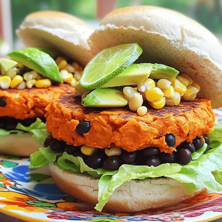 - 1 medium sweet potato, peeled and cubed - 1 can (15 oz) black beans, drained and rinsed - 1/2 cup breadcrumbs (whole wheat preferably) - 1/4 cup finely chopped red onion - 1/4 cup corn kernels (fresh or frozen) These main ingredients create a tasty and filling burger. The sweet potato provides a creamy texture, while the black beans add protein. Breadcrumbs help bind everything together. Red onion gives a sharp bite, and corn adds a sweet crunch. - 1 tablespoon ground cumin - 1 teaspoon chili powder - 1/2 teaspoon garlic powder - 1/4 teaspoon salt - 1/4 teaspoon black pepper These spices add depth to the flavor. Ground cumin brings an earthy note, while chili powder adds warmth. Garlic powder enhances the savory taste. Salt and black pepper boost all the other flavors. - 1 tablespoon olive oil (for cooking) - Whole grain buns, for serving - Toppings: avocado slices, lettuce, tomato, and your favorite sauce (like spicy mayo or hummus) Olive oil is key for cooking the patties. Whole grain buns provide a hearty base. For toppings, I love to add creamy avocado, crisp lettuce, and juicy tomato. A flavorful sauce, like spicy mayo or hummus, makes each bite sing. For the full recipe, check out the details above. Enjoy making these burgers! Start by boiling the sweet potato cubes. Place them in a pot of water. Make sure the cubes are fully covered. Cook until they are tender, about 10-15 minutes. Once cooked, drain them well. Let the sweet potato cool for a few minutes. This helps when mashing. In a large bowl, mash the cooked sweet potato with a fork or potato masher. Aim for a smooth texture. Next, add the black beans. Use a fork to partially mash the beans. Keep some chunks for a nice texture. Then, stir in the breadcrumbs, chopped red onion, corn, cumin, chili powder, garlic powder, salt, and black pepper. Mix everything well until you have a uniform blend. Now it's time to shape your patties. Scoop out the mixture and form it into round patties. You should get about 4-6 burgers, depending on your size choice. Heat olive oil in a non-stick skillet over medium heat. Cook each patty for about 4-5 minutes on each side. Look for a golden brown color and ensure they are heated through. Once done, they are ready for serving on whole grain buns. Enjoy with your favorite toppings! For the full recipe, check [Full Recipe]. To make sure your burgers stay moist, do not overcook the sweet potatoes. Boil them until they are tender, about 10-15 minutes. Drain and let them cool slightly. When mixing, leave some black bean chunks for texture. This helps keep the burgers from becoming too dry. For even cooking, shape your patties uniformly. This way, they cook at the same rate. Use a non-stick skillet and heat the oil over medium heat. Cook each side for about 4-5 minutes until they turn golden brown. You can add more spices to boost flavor. Try adding smoked paprika for a smoky touch or ground coriander for a citrus note. If you like heat, a pinch of cayenne pepper can spice things up. For sauces, pair your burgers with spicy mayo or hummus. These sauces add creaminess and extra taste. You can also serve them with a zesty lime dressing for a fresh kick. When plating the burgers, use colorful plates for a vibrant look. Stack your burger high with fresh toppings like avocado, lettuce, and tomato. This not only tastes great but also looks appealing. Garnish with a slice of lime or fresh herbs. This adds color and a pop of flavor. Remember, how you present the burger can make it even more appetizing! For the full recipe, check out the detailed instructions and enjoy making these delicious burgers. {{image_2}} You can easily make these burgers fit your needs. For a gluten-free option, use gluten-free breadcrumbs. They work just as well. You can find them in most stores. If you want to keep it vegan, swap out the toppings. Use avocado, lettuce, and tomato. Instead of mayo, try hummus or a vegan dressing. This keeps your burger tasty and plant-based. Do not hesitate to get creative with flavors. You can add diced bell peppers or shredded zucchini to the mix. These veggies add texture and taste. They also make the burgers even more colorful. Another option is to play with spices. Adding smoked paprika gives your burgers a smoky flavor. You can also try cayenne for some heat or even Italian herbs for a twist. You can choose different cooking methods for your burgers. Baking them is a healthy option. Just place them on a baking sheet and cook at 400°F for about 25 minutes. Flip halfway through for even cooking. Frying is another popular method. Fry in a skillet with olive oil until golden brown. This adds a nice crunch to the outside of the burger. Grilling is perfect for summer. It adds a smoky taste and nice grill marks. Just make sure your grill is hot before adding the patties. Enjoy exploring these variations to find your favorite! For the full recipe, check out the details above. To keep your sweet potato black bean burgers fresh, store them properly. Place the cooled burgers in an airtight container. They can last in the fridge for up to 4 days. If you plan to eat them later, don’t wait too long! Reheat the burgers on the stovetop for the best texture. Heat a non-stick skillet over medium heat. Add a little olive oil, then place the burgers in the pan. Cook for about 3-4 minutes on each side. This gives them a nice crispy outside while warming them through. You can also use the microwave, but they might get a bit soggy. To freeze the patties, first, let them cool completely. Then, place them in a single layer on a baking sheet and put them in the freezer. Once frozen, transfer them to a freezer bag. They can last up to 3 months. When ready to cook, thaw them in the fridge overnight before cooking. This makes sure they cook evenly. To make Sweet Potato Black Bean Burgers, start by boiling a medium sweet potato. Peel and cube it, then cook in water for 10-15 minutes until tender. Drain and let it cool slightly. In a bowl, mash the sweet potato until smooth. Then, add one can of black beans, partially mashing them to keep some chunks. Mix in 1/2 cup of breadcrumbs, 1/4 cup chopped red onion, and 1/4 cup corn. Add spices: 1 tablespoon ground cumin, 1 teaspoon chili powder, 1/2 teaspoon garlic powder, 1/4 teaspoon salt, and 1/4 teaspoon black pepper. Form patties, then cook in olive oil for 4-5 minutes on each side. You can find the full recipe in the earlier section. Yes, you can make these burgers ahead of time. Prepare the patties and store them in the fridge for up to three days. Make sure to keep them in an airtight container. If you want to store them longer, you can freeze them. Wrap each patty in plastic wrap and place them in a freezer bag. They can last for up to three months. When you’re ready to eat, just thaw them in the fridge overnight before cooking. Sweet Potato Black Bean Burgers pair well with many side dishes. You can serve them with a crisp green salad or roasted vegetables. Sweet potato fries make a tasty side too. For a heartier meal, try quinoa or brown rice. You can also add a fresh salsa or a side of coleslaw for a nice crunch. Yes, you can bake these burgers. Preheat your oven to 400°F (200°C). Place the patties on a baking sheet lined with parchment paper. Bake for about 20-25 minutes, flipping halfway through. This method is healthier and still gives a nice texture. Just keep an eye on the time, as ovens can vary. This blog post showed how to make sweet potato black bean burgers. We covered the main ingredients, spices, cooking tips, and even variations. I shared methods for cooking, storing, and reheating the burgers to keep them fresh. You can enjoy a tasty meal that fits many diets and preferences. Now, it’s time for you to gather your ingredients and start cooking. Enjoy making your burgers and have fun experimenting with flavors!
