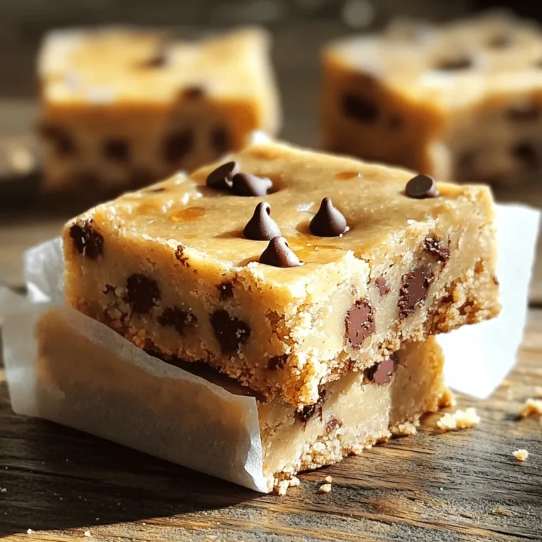 The base for these bars is simple and tasty. Here’s what you need: - 1 cup almond flour - 1/2 cup rolled oats - 1/2 cup creamy peanut butter (or almond butter) - 1/4 cup maple syrup - 1 teaspoon vanilla extract - 1/2 cup mini chocolate chips - 1/4 teaspoon salt These ingredients come together to create a smooth and yummy dough. Almond flour gives it a nice texture. Rolled oats add fiber and chewiness. Peanut butter provides creaminess and flavor. Maple syrup adds sweetness without refined sugar. Vanilla extract enhances the taste, while chocolate chips make it a treat. You can easily swap some ingredients if needed. If you don’t have almond flour, try oat flour or all-purpose flour. For a nut-free option, use sunflower seed butter instead of peanut butter. You can replace maple syrup with honey or agave nectar. It’s great to have choices based on what you have at home. Want to make these bars even better? Add some mix-ins! You can use: - 1/4 cup crushed nuts (like walnuts or almonds) - 1/4 cup dried fruit (like cranberries or raisins) These add-ins boost flavor and add texture. Feel free to get creative! You can also try adding a pinch of cinnamon or a scoop of protein powder for a twist. Mixing in different ingredients keeps it fun and interesting! If you want the full recipe, just follow the steps above. Making no bake cookie dough bars is easy and fun. You can prepare everything in just 10 minutes. First, gather all your ingredients. This includes almond flour, rolled oats, peanut butter, maple syrup, and chocolate chips. You will need a large bowl for mixing and an 8x8 inch baking dish. 1. Start by mixing almond flour, rolled oats, and salt in a large bowl. Stir well to combine. 2. Next, add creamy peanut butter, maple syrup, and vanilla extract. Mix until you get a thick dough. It should feel smooth but not sticky. 3. Now, gently fold in the mini chocolate chips. If you want, add crushed nuts or dried fruit for extra crunch. 4. Line your baking dish with parchment paper. Make sure some paper hangs over the sides for easy lifting later. 5. Spoon the cookie dough mixture into the dish. Press it down firmly and evenly. 6. Place the dish in the fridge for at least 1 hour. This helps the bars set up nicely. Once the bars are set, it’s time to cut them. Lift the bars out using the overhanging parchment paper. Use a sharp knife for neat cuts. You can cut them into squares or rectangles based on your preference. Serve them cold straight from the fridge. They taste best this way. Enjoy your no bake cookie dough bars! For the full recipe, check the earlier section. To get the best texture in your no-bake cookie dough bars, follow a few simple steps. Use almond flour and oats for a great base. Make sure to mix the dry and wet ingredients well. You want a thick dough, but not too dry. If the dough feels crumbly, add a bit more maple syrup or nut butter. This little trick keeps the bars soft and chewy. Many first-time bakers run into some common issues. One mistake is not chilling the bars long enough. They need at least one hour in the fridge to set properly. Another issue can be mixing the ingredients too much. If you overmix, the bars can turn out tough. Gently fold in the chocolate chips to keep a nice, smooth texture. Lastly, always line your pan with parchment paper. This makes it easy to lift out the bars later. You can easily switch things up to suit your taste. Add a pinch of cinnamon for a warm flavor. If you like crunch, toss in some crushed nuts or dried fruit. These add-ins not only change the taste but also improve the texture. You can even swap out the chocolate chips for white chocolate or butterscotch chips. This simple change can make your bars feel new and exciting. For the full recipe, check the earlier section. {{image_2}} You can mix up the flavors of your no-bake cookie dough bars easily. Try using different nut butters, like cashew or sun butter, for a new taste. Swap the mini chocolate chips for chopped dark chocolate or white chocolate for a sweet twist. You can also add spices like cinnamon or cocoa powder for extra flavor. If you enjoy fruit, mix in dried cherries or cranberries for a fruity touch. The options are endless, and you can create something unique each time. Making these bars vegan is simple. Just use maple syrup and almond flour, which are both plant-based. Choose a nut butter that has no added ingredients to keep it clean. For a gluten-free version, ensure your oats are certified gluten-free. This way, everyone can enjoy these tasty treats without worry. You can cater to many diets with just a few swaps. Toppings can make your bars even more fun. Try drizzling melted chocolate on top for a sweet finish. You can also sprinkle crushed nuts or coconut flakes for texture. If you want layers, press half the mixture into the pan, add a layer of chocolate chips, and then top it with the rest of the dough. This creates a delightful surprise in every bite. Each addition adds flavor and makes them look even better. For the complete recipe, check out the Full Recipe section. To keep your no bake cookie dough bars fresh, store them in an airtight container. This simple step helps prevent them from drying out. Place a piece of parchment paper between layers if stacking. This keeps them from sticking together. Always make sure the bars are completely cooled before storing. These bars last up to one week in the fridge. They also freeze well for up to three months. To freeze, wrap each bar in plastic wrap, then place in a freezer bag. When you're ready to enjoy, thaw them in the fridge overnight. This keeps the texture nice and soft. If the bars seem a bit firm after storage, let them sit at room temp for a bit. You can also warm them slightly in the microwave for 10-15 seconds. This helps revive their softness. Enjoy them as they are, or add a sprinkle of chocolate chips for extra yum. Yes, you can use other nut butters. Almond butter and cashew butter work well. Sunflower seed butter is a great nut-free option. Each nut butter adds its own taste and texture. You can even mix them for fun flavors. Just ensure the nut butter is smooth for best results. These bars need to chill for at least one hour. This helps them set properly. If you want firmer bars, chill them longer. You can leave them in the fridge overnight if you prefer. Just cover the dish with plastic wrap to keep them fresh. Cutting these bars is easy with a few steps. First, lift them out of the dish using the parchment paper. Place them on a cutting board. Use a sharp knife for clean cuts. Wipe the knife with a damp cloth between cuts for neat squares. This keeps your bars looking great. Enjoy them fresh or store leftovers in the fridge. For the full recipe, check out the detailed steps above. You learned how to make no bake cookie dough bars from scratch. We covered the key ingredients, tips for mixing, and ways to enhance flavor. You can also find storage guidelines and answers to common questions. Now, get creative with variations and make these bars your own! Enjoy your tasty treats and share them with friends. These bars are simple, fun, and sure to satisfy your sweet tooth.