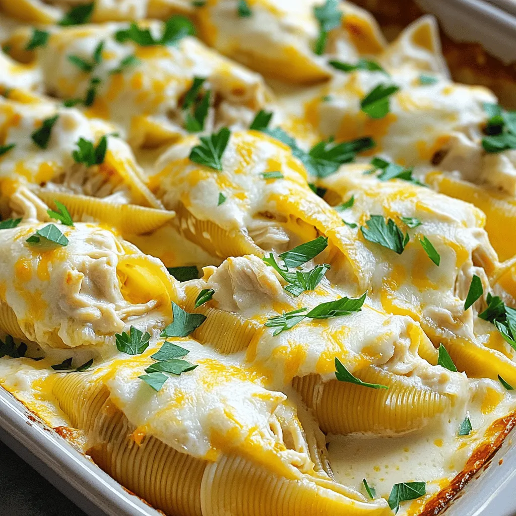 For Chicken Alfredo Stuffed Shells, you will need: - 12 jumbo pasta shells - 2 cups cooked chicken breast, shredded - 1 cup ricotta cheese - 1 cup shredded mozzarella cheese These main ingredients create a creamy and savory filling. The jumbo shells hold the delicious mixture perfectly. You also need: - 1/2 cup grated Parmesan cheese - 2 cups Alfredo sauce (store-bought or homemade) - 1 teaspoon garlic powder - 1 teaspoon Italian seasoning - Salt and pepper to taste - Fresh parsley, chopped (for garnish) The Alfredo sauce adds richness. Parmesan cheese gives a nice sharp flavor. The seasonings enhance the dish's taste. You can change up the recipe by: - Using alternative cheeses, like goat cheese or feta - Choosing different proteins, such as turkey or ham - Making it gluten-free by using gluten-free pasta shells These variations keep the dish fresh and fun. You can mix and match based on what you have at home or your taste. For the full recipe, check the earlier section. First, you need to preheat your oven to 375°F (190°C). This is key for even cooking. Then, bring a large pot of salted water to a boil. Cook the jumbo pasta shells as per the package instructions. They should be al dente, so don’t overcook them. Drain the shells and set them aside to cool slightly. Next, mix your filling ingredients. In a large bowl, combine 2 cups of shredded chicken, 1 cup of ricotta cheese, half of the mozzarella cheese, and ½ cup of grated Parmesan cheese. Add 1 teaspoon of garlic powder, 1 teaspoon of Italian seasoning, and salt and pepper to taste. Stir everything until well combined. This mixture will be rich and creamy. Now it's time to stuff the pasta shells. Take one shell and carefully fill it with the chicken and cheese mixture. You can use a spoon or even your hands for this. Place each stuffed shell in your baking dish, open side up. Make sure to leave some space between the shells. Once all your shells are stuffed, pour 1 cup of Alfredo sauce into the baking dish. Spread it evenly across the bottom. Then, drizzle the remaining sauce over the tops of the stuffed shells. Finally, sprinkle the rest of the mozzarella cheese over the sauce. This will create a delicious cheesy crust when baked. Cover your baking dish with aluminum foil. This helps keep the moisture in while the shells bake. Place it in the preheated oven and bake for 25 minutes. After that, remove the foil and bake for another 10 to 15 minutes. This step is crucial to achieve a bubbly and golden top. For tips, keep an eye on the baking time. Ovens can vary, and you want the cheese to be perfectly melted and lightly browned. When done, take the dish out of the oven and let it cool for a few minutes. Garnish with fresh parsley before serving. Enjoy your meal! - To ensure even cooking of shells, boil in salted water. Stir gently to prevent sticking. - Cook shells until al dente. They will finish cooking in the oven. - When perfecting the sauce, taste as you go. Adjust salt and pepper if needed. - If using store-bought sauce, warm it slightly before adding to the shells. - Pair Chicken Alfredo Stuffed Shells with a fresh green salad. A Caesar salad works well. - Garlic bread is a great side that adds crunch and flavor. - For presentation, serve in a shallow bowl. Add a sprinkle of parsley on top. - Drizzle extra Alfredo sauce over the shells for a creamy touch. - To scale the recipe up, double the ingredients. Bake in a larger dish. - For smaller servings, halve the recipe. Use a smaller baking dish. - Adjust seasonings to taste. Add more garlic powder or Italian seasoning for extra flavor. - Feel free to mix in vegetables like spinach or mushrooms for added nutrition. For the full recipe, check out the detailed instructions provided earlier. {{image_2}} You can choose between homemade and store-bought Alfredo sauce. Homemade sauce tastes great. You can control the flavor and creaminess. Use heavy cream, butter, and Parmesan cheese for a rich sauce. Store-bought sauce saves time. It still tastes good and is easy to use. You can also try adding other flavors. Mix in garlic or herbs like basil. A dash of lemon juice can brighten the sauce. This small change can make your dish unique. You can make a vegetarian version by omitting the chicken. Instead, use fresh vegetables. Spinach, zucchini, or bell peppers work well. Roasting them first adds flavor. You can also use plant-based alternatives. Try plant-based chicken or tofu. These options give you a similar texture and taste. You will still enjoy creamy, cheesy stuffed shells. Want to make your dish even better? You can add extra ingredients to the filling. Spinach or mushrooms are great choices. They add nutrients and flavor. For a crunchy topping, sprinkle breadcrumbs over the shells. This adds a nice texture contrast. You can mix breadcrumbs with Parmesan cheese for extra taste. These small tweaks can elevate your Chicken Alfredo Stuffed Shells to the next level. For the full recipe, check out the detailed guide. To store leftovers, place the Chicken Alfredo Stuffed Shells in an airtight container. Make sure they cool down first to keep them fresh. You can keep them in the fridge for up to three days. For reheating, use the oven or microwave. If using the oven, cover the dish with foil to prevent drying out. Heat at 350°F (175°C) until warmed through, about 20 minutes. In the microwave, heat in short bursts to avoid overcooking. If you want to freeze uncooked shells, prepare the filling and stuff the pasta. Lay them in a single layer in a freezer-safe dish. Cover tightly with plastic wrap and then foil to prevent freezer burn. You can freeze them for up to three months. When ready to cook, no need to thaw. Just bake at 375°F (190°C) for 35-40 minutes, adding extra time if frozen. In the fridge, the Chicken Alfredo Stuffed Shells last about three days. Look for signs of spoilage like off smells or mold. If they smell funny or look different, it’s best to toss them out. Fresh food keeps you safe and happy! To make Chicken Alfredo Stuffed Shells from scratch, start by cooking jumbo pasta shells. Boil them until they are just tender. While they cool, mix shredded chicken, ricotta cheese, mozzarella, Parmesan, and seasonings in a bowl. Preheat your oven to 375°F (190°C). Pour some Alfredo sauce into your baking dish. Fill each shell with the chicken mix and place them in the dish. Drizzle more Alfredo sauce on top and add extra mozzarella. Cover with foil and bake for 25 minutes. Remove the foil and bake for another 10-15 minutes until golden. For detailed steps and ingredients, check out the Full Recipe. Yes, you can use store-bought Alfredo sauce. It saves time and still tastes great. Many brands offer rich and creamy sauces that can match homemade ones. If you are in a hurry, this option fits well. Just make sure to choose a brand you love. You can also add herbs or spices to enhance the flavor. Great sides for Chicken Alfredo Stuffed Shells include: - Garlic bread - Fresh green salad - Steamed broccoli - Roasted vegetables - Caesar salad These sides balance the creamy richness of the stuffed shells and add freshness to your meal. You learned how to make delicious Chicken Alfredo Stuffed Shells using simple ingredients. We covered the main ingredients, preparation steps, baking tips, and variations. You can even adjust the recipe to your taste and dietary needs. Remember to store leftovers properly to enjoy them later. With practice, you can create a tasty dish that impresses everyone. Enjoy making this dish and feel proud of your cooking skills!