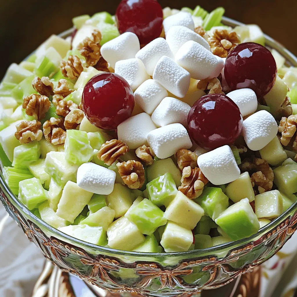 - 2 cups of diced apples - 1 cup of diced celery - 1 cup of red grapes, halved - 1/2 cup of chopped walnuts - 1 cup of mini marshmallows - 1/2 cup of plain Greek yogurt - 1/4 cup of mayonnaise - 1 tablespoon of lemon juice - 1 tablespoon of honey (optional) - Salt and pepper to taste Making Classic Waldorf Fruit Salad is simple and fun. You start with fresh, crisp apples. I like using Granny Smith or Honeycrisp apples. They add a nice crunch and tartness. Next, I add diced celery for a refreshing crunch. Red grapes add sweetness and color to the mix. Chopped walnuts bring a lovely nutty flavor. Toasting them enhances their taste. Mini marshmallows add sweetness and a fun texture. For the dressing, plain Greek yogurt gives creaminess. Mayonnaise adds richness. A splash of lemon juice brightens the flavors. Honey is optional but can add extra sweetness. Finally, season with salt and pepper. This salad is colorful and nutritious. You can enjoy it as a side dish or a light meal. For the full recipe, check out Waldorf Wonderland Salad. - Alternative fruits to consider: You can use pears or berries for a twist. - Non-dairy options for dressing: Try using dairy-free yogurt or avocado for creaminess. - Different types of nuts: Pecans or almonds can replace walnuts for different flavors. - Overview of calories, fats, proteins: This salad is light, with about 150 calories per serving. - Benefits of the ingredients: Apples are high in fiber; walnuts are good for heart health. - Dietary considerations: The salad is gluten-free and vegetarian, making it a great choice for many diets. To make a Classic Waldorf Fruit Salad, start with the fruits and nuts. In a medium bowl, mix these ingredients: - 2 cups of diced apples - 1 cup of diced celery - 1 cup of red grapes, halved - 1/2 cup of chopped walnuts Stir them gently so they blend well. Next, you will make the dressing. In a small bowl, whisk together: - 1/2 cup of plain Greek yogurt - 1/4 cup of mayonnaise - 1 tablespoon of lemon juice - 1 tablespoon of honey (optional for extra sweetness) Keep whisking until the mixture is smooth. This dressing adds a creamy touch to your salad. Now, let’s add the marshmallows. Pour the dressing over the fruit and nut mix. Add: - 1 cup of mini marshmallows Gently fold everything together. This mixing ensures each piece gets coated with the dressing. To make sure the dressing spreads evenly, stir slowly. This helps keep the fruit intact while blending flavors. Chill your salad in the fridge for at least 30 minutes. This step helps the flavors mix and taste better. When serving, try using a crisp lettuce cup or a decorative glass bowl. Add a sprinkle of walnuts and a few whole grapes on top for a pretty look. For the full recipe, check out the details above. To keep your apples fresh, cut them just before mixing. Use a mix of lemon juice and water to soak the apple pieces for a few minutes. This method helps stop browning. For your walnuts, toast them over medium heat. Stir them often for even browning. Toast them until they smell nutty, about 5 to 7 minutes. Kick your salad up a notch by adding spices. A pinch of cinnamon or nutmeg can add warmth. For extra fruit, consider diced pineapple or berries. They bring a nice pop of color and taste. To flavor the dressing, try adding a splash of vanilla extract or a bit of maple syrup. Both options add depth to your salad. Waldorf salad shines at picnics, potlucks, or holiday gatherings. It pairs well with grilled chicken or turkey. Serve it alongside a light soup or with crusty bread. For a fun twist, use lettuce cups for a fresh presentation. This adds crunch and makes serving easy. {{image_2}} You can play with the fruits in your Waldorf salad. Try adding berries, like blueberries or strawberries. They add a burst of color and flavor. You can also use citrus fruits. Oranges or mandarins add a nice zing to the mix. If you want something chewy, consider dried fruits. Raisins or dried apricots can do the trick. They change the texture and add sweetness. The dressing is key to your salad. You can use different yogurt flavors for a twist. Vanilla yogurt will make it sweeter, while lemon yogurt adds tang. If you want to skip yogurt or mayo, try a honey mustard dressing. A vinaigrette made with olive oil and vinegar is fresh and light. You can even go nutty with tahini for a unique flavor. Making this salad vegan is easy! Swap the yogurt and mayo for a plant-based option. Use coconut yogurt or avocado for creaminess. If you need a nut-free version, just leave out the walnuts. You can replace them with seeds, like sunflower or pumpkin. These keep the crunch while being safe for those with nut allergies. To keep your Waldorf salad fresh, store it in an airtight container. Place it in the fridge right after serving. This method helps lock in the flavors and keeps the salad crisp. Your salad will stay fresh for about three days. After that, the apples may brown, and the salad can lose its crunch. You can freeze Waldorf salad, but I don’t recommend it. Freezing changes the texture of the apples and grapes. If you still want to freeze, separate the ingredients. Freeze the apples and grapes in one bag and the dressing in another. This way, you can mix them fresh later, which keeps the taste and texture right. Got leftovers? You can turn your Waldorf salad into something new! Try making a wrap by spreading it on a tortilla. Roll it up for a tasty lunch. You can also add it to sandwiches. It gives a burst of flavor and a crunchy texture. Waldorf salad dates back to the 1890s. It was created at the Waldorf Astoria Hotel in New York. The original recipe included apples, celery, and mayonnaise. Over the years, cooks added more fruits and nuts. Today, we often see walnuts and grapes in the mix. This evolution makes every version unique. Yes, you can make this salad ahead of time. Just keep a few tips in mind: - Use lemon juice to coat the apples. This helps prevent browning. - Mix ingredients except for the marshmallows until serving time. - Store in the fridge in an airtight container. This keeps it fresh for up to two days. Waldorf salad pairs well with many dishes. Here are some great ideas: - Roast chicken or turkey for a tasty main dish. - Grilled fish adds a light touch. - Crusty bread or rolls balance the meal. - Sparkling water or light white wine makes refreshing drinks. These pairings create a balanced and enjoyable meal experience. This blog post covered all the basics of making a Classic Waldorf Fruit Salad. We discussed important ingredients like apples and grapes, plus helpful tips for preparing and mixing. You now know ingredient substitutions and nutritional facts, too. I shared fun variations for flavor and dietary needs, plus storage tips for your leftovers. Remember, this salad is not just tasty; it’s also adaptable for various diets. Enjoy making it for your next meal or gathering!