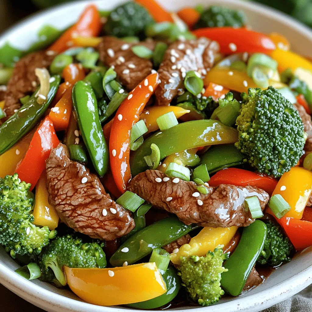 - 1 lb beef sirloin, thinly sliced - 2 tablespoons soy sauce - 1 tablespoon cornstarch - 2 tablespoons vegetable oil - 2 cloves garlic, minced - 1 thumb-sized piece of ginger, grated - 1 red bell pepper, sliced - 1 yellow bell pepper, sliced - 1 cup broccoli florets - 1 cup snap peas - 2 medium carrots, julienned - 2 tablespoons hoisin sauce - 1 tablespoon sesame oil - Salt and pepper to taste The heart of this dish lies in the beef sirloin and colorful vegetables. The beef adds a rich flavor, while the assorted veggies bring crunch and color. Soy sauce and cornstarch act as the marinade, infusing the beef with taste and tenderness. - Green onions, sliced - Sesame seeds These garnishes do more than just look pretty. Green onions add a fresh bite, and sesame seeds give a nutty crunch. - Wok or large skillet - Mixing bowl A good wok or skillet is key. It allows the food to cook evenly over high heat, making your stir-fry quick and delicious. A mixing bowl helps you prepare the beef marinade easily. You can find the full recipe [here](Full Recipe). - Marinating the beef Begin by slicing the beef sirloin thinly. In a bowl, mix the beef with soy sauce and cornstarch. This method makes the beef tender and flavorful. Let it marinate for at least 15 minutes. - Cooking the beef in batches Heat one tablespoon of vegetable oil in a large wok or skillet over high heat. Add the marinated beef in small batches. Do not overcrowd the pan, as this helps it brown nicely. Cook for about 2-3 minutes on each side. Once browned, remove the beef and set it aside. - Sautéing aromatics In the same pan, add another tablespoon of vegetable oil. Toss in minced garlic and grated ginger. Sauté them for about 30 seconds until they smell great. - Adding and cooking vegetables Next, add the sliced red and yellow bell peppers, broccoli florets, snap peas, and julienned carrots. Stir-fry these veggies for 4-5 minutes. You want them to be crisp-tender, not mushy. - Adding back the beef Once the veggies are ready, return the cooked beef to the pan. This step helps mix the flavors together. - Stir in sauces and seasonings Pour in the hoisin sauce and sesame oil. Toss everything well for 2-3 more minutes, heating it all through. Adjust the flavor with salt and pepper as needed. For the full recipe, check out the Beefy Veggie Delight Stir-Fry section. To make your stir-fry great, focus on two key things: cooking time and beef texture. - Avoiding overcooking vegetables: Cook the veggies quickly. High heat keeps them crisp. Stir-fry for just a few minutes until they are bright and colorful. They should be tender yet firm. If you overcook them, they lose nutrients and flavor. - Ensuring tender beef: Start with thin slices of beef. Marinate it to add flavor and help it stay tender. Use high heat to sear the beef quickly. Cook in small batches to avoid steaming. Adding the right sauces and spices makes a big difference in flavor. - Recommended sauces and spices: Use soy sauce for saltiness. Hoisin sauce adds sweetness and depth. For heat, add a touch of chili paste or crushed red pepper. These enhance the overall taste without overwhelming it. - Using fresh herbs for garnish: Fresh herbs add brightness. Use green onions for a mild onion flavor. Cilantro can offer a fresh touch. Scatter them on top right before serving for a pop of color. The right tools can make cooking easier and more fun. - Choosing the right skillet: A large skillet works well, but a wok is best. Skillets may not hold heat as well. A wok’s shape helps distribute heat evenly. This allows for quick cooking. - Benefits of a wok: Woks have high sides, which prevents food from spilling out. They heat quickly and retain heat better. This helps create the perfect stir-fry texture. If you stir-fry often, a wok is a worthy investment. For the full recipe, check out Beefy Veggie Delight Stir-Fry! {{image_2}} You can switch the beef for chicken, shrimp, or tofu. Chicken adds a light flavor. Shrimp cooks quickly and brings a nice texture. Tofu is great for a plant-based meal. Use firm tofu for best results. Just cut it into cubes and sauté until golden. Feel free to use seasonal vegetables. Think about bell peppers, zucchini, or asparagus. Each offers a unique taste and crunch. You can mix colors for a vibrant dish. The best mix includes what you love and what’s fresh. Always choose veggies at their peak for the best flavor. If you need gluten-free options, use tamari instead of soy sauce. This keeps the taste while fitting your needs. For low-carb variations, skip the carrots and snap peas. Instead, add more broccoli or cauliflower. These swaps keep your meal healthy and tasty. To store leftovers, place your beef and vegetable stir-fry in an airtight container. This helps keep it fresh. Make sure it cools down first before sealing. You can keep it in the fridge for up to three days. When you’re ready to eat, reheat it in a skillet over medium heat. Stir often, and add a splash of water if needed to keep it from drying out. You can also microwave it for about 2-3 minutes, stirring halfway. You can freeze your stir-fry for future meals. Just let it cool completely, then place it in a freezer-safe bag or container. Try to remove as much air as you can to prevent freezer burn. This dish can stay good in the freezer for up to three months. When you're ready to enjoy it, take it out and thaw it overnight in the fridge. Heat it in a skillet or microwave until hot. Stored stir-fry lasts about three days in the fridge. If you freeze it, aim to eat it within three months. Check for signs of spoilage before eating. If you see any mold or notice a sour smell, it’s best to toss it. Always trust your senses. This keeps your meals safe and tasty! Beef is a popular choice for stir-fry. It has rich flavor and tenderness. Many cooks prefer beef sirloin for this dish. It cooks quickly and stays juicy. Other good options are chicken and shrimp. Chicken is leaner and cooks fast. Shrimp adds a sweet touch. Tofu is great for a vegetarian twist. Each protein brings its own taste. Choose what you like best! Yes, you can make this stir-fry ahead of time. Start by cutting the beef and veggies. Marinate the beef and store it in the fridge. You can also prep the vegetables. Keep them in a sealed bag to stay fresh. On cooking day, just stir-fry everything! This saves time and helps on busy nights. To thicken your stir-fry sauce, use cornstarch. Mix one tablespoon of cornstarch with water. Add this mixture to your sauce while cooking. Stir it well to avoid clumps. Cook for a few minutes until it thickens. You can also add soy sauce for more flavor. Adjust as needed for your taste. You learned how to make a delicious stir-fry using beef and fresh veggies. We covered key ingredients, suggested tools, and step-by-step instructions. Plus, I shared tips for perfect results and variations to suit your taste. Remember, stir-fries are versatile and quick, making them great for any meal. Enjoy your cooking and feel confident experimenting with flavors. Great meals are just a stir away!