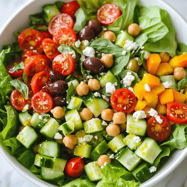 - 2 cups romaine lettuce, chopped - 1 cup cherry tomatoes, halved - 1 cucumber, diced - 1 bell pepper (red or yellow), diced - 1/2 red onion, finely chopped - Fresh basil leaves When making a Classic Italian Chopped Salad, fresh produce is key. Romaine lettuce gives a nice crunch. Cherry tomatoes add sweetness. Cucumbers bring a cool taste. A bell pepper adds color and flavor. Red onion gives a slight bite. Fresh basil leaves top it off with a fragrant finish. - 1 cup cooked chickpeas, drained and rinsed - 1/2 cup Kalamata olives, pitted and halved - 1/4 cup feta cheese, crumbled Don’t forget the canned and packaged items. Chickpeas add protein and heartiness. Kalamata olives bring a salty kick. Feta cheese adds creaminess and tang. Each of these ingredients makes the salad more filling and satisfying. - 3 tablespoons extra virgin olive oil - 2 tablespoons red wine vinegar - 1 teaspoon Dijon mustard - Salt and pepper to taste Condiments and seasonings are where the magic happens. Extra virgin olive oil gives richness. Red wine vinegar adds acidity and brightness. Dijon mustard brings a little spice. Salt and pepper enhance all the flavors. Together, they create a simple dressing that ties everything together perfectly. For the full recipe, check out the [Full Recipe]. First, we chop the vegetables. Start with the romaine lettuce. Use a sharp knife to cut it into small pieces. Then, halve the cherry tomatoes. Dice the cucumber and bell pepper into bite-sized pieces. Next, finely chop the red onion. It adds a nice crunch and flavor. Lastly, rinse the cooked chickpeas under cold water. Drain them well. For the olives, cut them in half. This step makes all the flavors blend nicely. Now, let’s make the dressing. In a small bowl, add the extra virgin olive oil, red wine vinegar, and Dijon mustard. Use a whisk to mix these together. Make sure they blend well. Add a pinch of salt and pepper. Whisk until the dressing is smooth and creamy. This dressing will bring our salad to life! Next, it’s time to combine everything. In a large bowl, add all the chopped vegetables, chickpeas, and olives. Pour the dressing over the salad. Toss gently, so everything gets coated. Be careful not to break the feta too much when you add it. Give it one last toss. Let the salad sit for about 5-10 minutes. This helps the flavors come together. Now, serve the salad in bowls or on a large platter. Don’t forget to add fresh basil leaves on top. They add color and a lovely aroma. You can find the Full Recipe to see all the details! To boost the flavor of your Classic Italian Chopped Salad, try marinating it. After you mix the salad, let it sit for 10 minutes. This helps the ingredients soak up the dressing. You can also swap ingredients for a new twist. Use arugula instead of romaine for a peppery kick. Substitute cherry tomatoes with sun-dried tomatoes for a deeper taste. If you want a creamier salad, try using goat cheese instead of feta. When serving, think about how it looks. For gatherings, use a large platter. Arrange the salad in layers for a colorful display. Garnish your salad with fresh basil leaves. You can also sprinkle some extra feta on top for a nice touch. Another great idea is to add a drizzle of olive oil just before serving. This adds shine and flavor. Prep your ingredients ahead of time. You can chop the veggies the night before. Store them in airtight containers in the fridge. This makes salad-making quick and easy. Consider using canned chickpeas instead of dried ones. Canned chickpeas save time because you don't need to soak them. Just rinse and drain before adding them to your salad. This keeps the cooking process simple and fast. For the full recipe, check out the Italian Rustic Chopped Salad. {{image_2}} You can boost your salad's texture with a few tasty add-ins. - Avocado: Adding creamy avocado makes your salad richer and smoother. It brings a nice balance to the crunch of the veggies. - Nuts or seeds: Toss in some nuts or seeds for a delightful crunch. Pine nuts, walnuts, or sunflower seeds work well. They add flavor and healthy fats. You have options when it comes to dressing your salad. - Homemade vs. store-bought options: I always recommend making your own dressing. It's simple and fresh. However, store-bought dressings can save time when you’re busy. Look for ones with clean ingredients. - Different vinegar choices: While red wine vinegar is classic, you can swap it for apple cider vinegar or balsamic vinegar. Each type gives the salad a unique taste. Change your ingredients to match the season for a fresh twist. - Summer versions: In warmer months, add sweet corn, ripe peaches, or fresh herbs. These bring bright flavors and colors. - Winter versions: For cold months, try adding roasted root vegetables or hearty greens like kale. These ingredients make the salad warm and satisfying. For the full recipe, check out the Italian Rustic Chopped Salad 🥗 section. To keep your Italian chopped salad fresh in the fridge, follow these tips. First, store the salad in an airtight container. This helps keep moisture out. Second, keep the dressing separate. Adding it right before eating keeps the salad crisp. Use the salad within three days for the best flavor and texture. Freezing this salad is not ideal, but you can freeze some ingredients. For example, cooked chickpeas freeze well. Just drain and rinse them, then place in a freezer bag. You can also freeze diced bell peppers. When you want to use them, thaw in the fridge overnight. To enjoy leftovers, I recommend serving them cold. If you want to warm any ingredients, heat them gently. Be careful not to overcook. Mix in fresh greens or add more dressing to brighten the flavor. Enjoy your meal! For the full recipe, check out the Italian Rustic Chopped Salad. A Classic Italian Chopped Salad is a fresh mix of flavors and textures. It usually includes: - Romaine lettuce - Cherry tomatoes - Cucumber - Bell pepper - Chickpeas - Red onion - Kalamata olives - Feta cheese This salad is colorful and packed with nutrients. You can enjoy it as a side dish or a light meal. To make this salad vegan, swap out the feta cheese. You can use: - Vegan cheese - A mix of nuts for creaminess Also, ensure that your chickpeas are canned and not packed with any animal products. This way, you keep all the great taste while making it plant-based. Yes, you can prepare this salad ahead of time. Here are some tips: - Chop the veggies and store them in the fridge. - Mix the dressing separately. - Combine everything just before serving. This keeps the salad fresh and crunchy. You can also let it sit for a bit to allow the flavors to mix, but avoid letting it sit too long. This blog post shared a clear path to making a classic Italian chopped salad. We covered fresh produce, canned goods, and flavorful dressings. You learned how to prepare, mix, and serve the salad with tips to enhance taste and save time. Feel free to make it your own with different ingredients or dressings. Salad is simple, healthy, and perfect for any meal. Enjoy creating your version and sharing it with others!