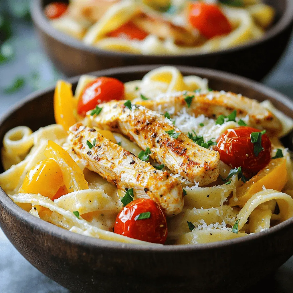 To make Spicy Cajun Chicken Pasta, you will need a few key items. Here’s what you need: - 2 boneless, skinless chicken breasts - 2 tablespoons Cajun seasoning - 2 tablespoons olive oil - 3 cloves garlic, minced - 1 bell pepper (red or green), sliced - 1 small onion, diced - 1 cup cherry tomatoes, halved - 1 cup heavy cream - 1 cup chicken broth - 8 oz fettuccine or penne pasta - Salt and pepper to taste These ingredients create a delicious mix of flavors. The Cajun seasoning gives a nice kick. The cream adds richness to the dish. Adding garnishes can enhance the dish's look and taste. Consider these options: - Fresh parsley, chopped - Grated Parmesan cheese - Crushed red pepper flakes These garnishes not only add color but also extra flavor. Fresh parsley brightens the dish while Parmesan gives a savory touch. Having the right tools makes cooking easier. Here’s what I recommend using: - Large pot for boiling pasta - Large skillet for cooking the chicken and sauce - Wooden spoon for stirring - Knife and cutting board for chopping These tools help you cook efficiently. With them, you’ll create a meal that impresses everyone. For the complete cooking process, refer to the Full Recipe. Start by boiling a large pot of salted water. Add 8 oz of fettuccine or penne pasta. Cook the pasta according to the package directions. Stir occasionally to prevent sticking. Drain the pasta when it is al dente, then set it aside for later. Take 2 boneless, skinless chicken breasts. Evenly coat them with 2 tablespoons of Cajun seasoning on both sides. Use your hands to make sure the seasoning sticks. This will give your chicken a flavorful kick. In a large skillet, heat 2 tablespoons of olive oil over medium-high heat. Once hot, add the seasoned chicken breasts. Cook them for 6-7 minutes on each side. Look for a golden color and ensure they are fully cooked. After cooking, remove the chicken and let it rest. Slice it into thin strips when cool. In the same skillet, add 3 cloves of minced garlic, 1 sliced bell pepper, and 1 diced onion. Sauté these for 3-4 minutes until they soften. Then, add 1 cup of halved cherry tomatoes. Cook for 2 more minutes until the tomatoes begin to blister. Next, lower the heat to medium-low. Pour in 1 cup of heavy cream and 1 cup of chicken broth. Stir well and let it simmer for about 5 minutes. This melds the flavors together. Now, add the cooked pasta to the skillet. Toss everything together until the pasta is well coated in the sauce. Then, return your sliced chicken to the skillet. Mix again and season with extra salt and pepper to taste. Remove the skillet from heat. Garnish your dish with fresh chopped parsley. Serve the spicy Cajun chicken pasta in deep bowls. For a delightful finish, sprinkle with grated Parmesan cheese. Enjoy this dish with garlic bread for a complete meal. For the full recipe, refer to the earlier section. To get that true Cajun taste, choose a good Cajun seasoning. Make sure it has the right mix of herbs and spices. You can make your own, too! Just mix paprika, garlic powder, onion powder, thyme, and cayenne. Use enough seasoning on your chicken for a bold flavor. Marinate the chicken for at least 30 minutes if you have time. This helps the flavors soak in. Cooking the chicken right is key. Don’t overcrowd the pan. This lets the chicken sear well and stay juicy. Always let it rest after cooking. This keeps the juices inside. When you sauté the veggies, cook them just until they soften. You want them to keep some crunch. This adds great texture to your dish. For serving, use deep bowls to hold all that creamy pasta. Top with grated Parmesan cheese and fresh parsley. This adds flavor and looks nice. Serve with garlic bread on the side. It’s perfect for soaking up the sauce. Try a light salad to balance the meal. You could also add a splash of lemon juice for a fresh kick. For the full recipe, check out the complete cooking steps! {{image_2}} You can easily make a vegetarian version of spicy Cajun chicken pasta. Replace the chicken with hearty vegetables like zucchini, bell peppers, and mushrooms. Use the same Cajun seasoning to keep that bold flavor. For the sauce, add extra vegetable broth to maintain richness. This dish still feels filling and satisfying. For a seafood twist, swap chicken for shrimp or scallops. Cook the seafood just until it turns pink. Then, follow the same steps for the sauce. The seafood brings a lovely flavor that pairs well with Cajun spice. You can also add some crab meat for extra luxury. This version feels like a treat! If you need a gluten-free meal, choose gluten-free pasta. Most stores have great options for fettuccine or penne. The sauce stays the same, ensuring you still enjoy that creamy texture. Just be cautious while cooking, as gluten-free pasta can cook faster than regular pasta. Keep an eye on it to prevent mushiness. For more ideas, check out the Full Recipe. After you enjoy your meal, let the leftovers cool. Place them in an airtight container. Store the container in the fridge. Leftovers can stay fresh for about three days. Make sure to label the container with the date. This helps you keep track of freshness. When you’re ready to eat your leftovers, you have a few options. You can use the microwave or heat them on the stove. If using the microwave, place the pasta in a bowl. Add a splash of chicken broth or cream to keep it moist. Heat it in short intervals, stirring in between. If using the stove, warm it up in a skillet over low heat. Stir often to avoid burning. If you want to save some for later, freezing works well. Start by letting the dish cool completely. Then, transfer it to a freezer-safe container. Be sure to leave some space for expansion. You can freeze it for up to three months. When you’re ready to eat, thaw it in the fridge overnight. Reheat it on the stove or in the microwave, just like you would with leftovers. For the full recipe, check out the Spicy Cajun Chicken Pasta Delight! Fettuccine or penne works best for Spicy Cajun Chicken Pasta. These shapes hold the sauce well. Fettuccine offers a nice, flat surface. Penne has tubes that trap the sauce inside. You can also use spaghetti or rotini if you prefer. Yes, you can use shrimp, sausage, or tofu. Shrimp cooks fast and adds a sweet flavor. Sausage gives a smoky taste. If you want a meat-free option, tofu absorbs the sauce well. Just adjust cooking times as needed. To reduce the spice, use less Cajun seasoning. You can also add more cream to mellow the heat. Another trick is to include a bit of sugar. This balances the heat and adds a nice touch. A simple green salad works great. Garlic bread is another excellent choice. You can also serve roasted vegetables for added color and nutrients. Consider a light coleslaw for a refreshing crunch. Yes, you can prepare the chicken and sauce ahead of time. Store them separately in the fridge. Cook the pasta fresh just before serving. This keeps everything tasting great. For the best flavor, eat within two days. For the full recipe, check out the details above. This blog post covered the essentials for making Spicy Cajun Chicken Pasta. You learned about key ingredients, step-by-step cooking instructions, and helpful tips for perfecting flavors. We also explored tasty variations and how to store leftovers. In the end, cooking is fun. Don’t be afraid to try new ideas. Enjoy making this dish and sharing it with others. Cooking brings people together, and this recipe is a great start!