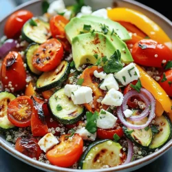 - Quinoa and Broth - 1 cup quinoa, rinsed - 2 cups vegetable broth or water - Fresh Vegetables - 1 zucchini, diced - 1 bell pepper (any color), diced - 1 cup cherry tomatoes, halved - 1 red onion, chopped - Seasonings and Oils - 2 tablespoons olive oil - 1 teaspoon garlic powder - 1 teaspoon smoked paprika - Salt and pepper to taste - Optional Toppings - 1 avocado, sliced - Fresh parsley or cilantro for garnish - ¼ cup feta cheese or crumbled tofu (optional) - 1 tablespoon lemon juice This list gives you everything needed for roasted veggie quinoa bowls. The quinoa and broth form the base. Fresh veggies add color and nutrition. Seasonings bring bold flavors to life. Optional toppings elevate the meal, making it more special. You can mix and match to fit your taste. For the full recipe, check the details above. Cooking Quinoa Start by rinsing 1 cup of quinoa under cold water. This helps remove any bitter taste. In a medium pot, bring 2 cups of vegetable broth or water to a boil. Add the rinsed quinoa, then lower the heat. Cover the pot and let it simmer for 15 minutes. When all the liquid is absorbed, take it off the heat. Fluff the quinoa with a fork to keep it light. Preparing the Vegetables While the quinoa cooks, prepare your veggies. Take a large bowl and add 1 diced zucchini, 1 diced bell pepper, 1 cup of halved cherry tomatoes, and 1 chopped red onion. These veggies bring color and taste to the dish. Drizzle 2 tablespoons of olive oil over the mix. Sprinkle in 1 teaspoon of garlic powder, 1 teaspoon of smoked paprika, and add salt and pepper to taste. Toss everything until the veggies are well coated. Roasting the Veggies Next, spread the seasoned vegetables on a baking sheet lined with parchment paper. Preheat your oven to 425°F (220°C). Roast the veggies in the oven for 25-30 minutes. Stir the veggies halfway through to ensure even cooking. They should come out tender and slightly caramelized. Mixing Quinoa and Veggies In a large serving bowl, combine the cooked quinoa with the roasted vegetables. This mix creates a hearty base. Drizzle 1 tablespoon of lemon juice over everything and toss gently to mix the flavors. Adding Final Toppings Now, it's time for the fun part—toppings! Slice 1 avocado and add it on top. If you like, sprinkle ¼ cup of feta cheese or crumbled tofu for extra flavor. Finish with fresh parsley or cilantro for a pop of color. Enjoy your beautiful and tasty Roasted Veggie Quinoa Bowls! For the full recipe, refer to the beginning of this article. Importance of Rinsing Quinoa Always rinse your quinoa before cooking. This removes a bitter coating called saponin. Rinsing will give your quinoa a clean, nutty taste. Simply place the quinoa in a fine mesh strainer and rinse under cold water for a minute. Trust me, this step makes a big difference! Checking for Doneness After cooking, check if your quinoa is done. The grains should look fluffy, and you should see tiny spirals called germ. If the liquid is gone but the quinoa seems hard, add a splash more water. Cover and cook for another few minutes. This ensures a perfect texture! Achieving Perfectly Roasted Vegetables Roasting brings out the sweet flavors in veggies. Cut your vegetables into even pieces to help them cook evenly. Spread them in a single layer on a baking sheet. Overcrowding will make them steam instead of roast. Bake at 425°F for 25-30 minutes, stirring halfway through for best results. Flavor Enhancements Through Seasoning Seasoning is key to tasty roasted veggies. Use olive oil to help spices stick. Garlic powder and smoked paprika add depth. Don’t forget salt and pepper! Toss your veggies well to coat them evenly. This simple step boosts flavor and makes every bite delightful. For more details on how to prepare this dish, check the Full Recipe. {{image_2}} Adding protein can enhance your roasted veggie quinoa bowls. You can use cooked chicken for a hearty touch. Simply grill or roast the chicken breasts before slicing them. Toss them right in with the quinoa and veggies. If you prefer a plant-based option, chickpeas work great too. They add a nice texture and protein boost. Just drain and rinse a can of chickpeas, then roast them alongside your veggies. For a different twist, try tofu or tempeh. These ingredients soak up flavors well. Cut the tofu into cubes and press it to remove excess water. Marinate it in olive oil, garlic powder, and smoked paprika. Roast it until golden and crispy. Tempeh, with its nutty flavor, can be sliced or crumbled. It also benefits from similar seasonings. Both options are tasty and nutritious. Using seasonal veggies is a smart way to keep your bowls fresh and exciting. In the summer, add corn or eggplant for sweetness. In fall, consider butternut squash and Brussels sprouts for warmth. The key is to mix a variety of colors. Colorful mixes not only look great but also provide different nutrients. Try bell peppers, carrots, and broccoli for a vibrant blend. Each veggie brings its unique flavor and crunch. You can also experiment with roasted sweet potatoes or beets. They add sweetness and a lovely color. Always remember to cut your veggies into similar sizes for even cooking. With these variations, your roasted veggie quinoa bowls will never get boring! - Refrigerating Leftovers After you enjoy your roasted veggie quinoa bowls, let them cool. Store leftovers in an airtight container. They will stay fresh in the fridge for up to four days. When you want to eat them again, just take them out. - Freezing Options You can freeze your quinoa bowls for later. Place the cooled dish in a freezer-safe container. It will keep well for up to three months. Label the container with the date. This way, you know when to use it. - Ensuring Optimal Texture To keep your quinoa bowl tasty, reheat it gently. You can use the microwave or a pan on the stove. If using the microwave, add a splash of water to keep it moist. Cover it with a lid or a damp paper towel to trap steam and heat evenly. - Quick Reheat Methods For quick reheating, use the microwave. Heat it for one to two minutes, stirring halfway. If using a pan, heat on medium and stir often. This helps prevent sticking and keeps the veggies from getting mushy. Enjoy your delicious meal again! Can I use different grains instead of quinoa? Yes, you can! You can use rice, farro, or barley. Just remember that cooking times might change. Check the package for the right water and time needed. Quinoa is great, but other grains can add new flavors. What vegetables are best for roasting? Many veggies roast well! I love using zucchini, bell peppers, and cherry tomatoes. You can also try carrots, Brussels sprouts, or broccoli. Each veggie brings its own taste and texture, so feel free to mix them up! Is this dish gluten-free? Yes, this dish is gluten-free! Quinoa is naturally free from gluten. It makes a perfect base for a healthy meal. Just ensure any added ingredients, like broth or toppings, are also gluten-free. How to make it vegan-friendly? Making this dish vegan is easy! Just skip the feta cheese or use crumbled tofu instead. You can also add more veggies or legumes for protein. This way, you keep it tasty and plant-based. For the full recipe, check out the section above! Roasted veggie quinoa bowls are easy and fun to make. This blog covered ingredients, step-by-step cooking, and tips to enhance your dish. You learned how to store leftovers and reheat them well. Adding proteins and seasonal veggies makes it flexible and tasty. Enjoy your meal creation, and don't hesitate to get creative with ingredients! This dish is sure to impress and satisfy everyone’s taste buds. Happy cooking!