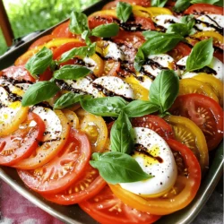 - 4 ripe medium tomatoes, sliced - 8 ounces fresh mozzarella cheese, sliced - 1 cup fresh basil leaves - 2 tablespoons balsamic glaze - 2 tablespoons olive oil - Salt and freshly cracked black pepper to taste - Additional toppings (e.g., avocado or pesto) - Flavored balsamic glazes (e.g., raspberry or fig) When I make Caprese salad, I focus on fresh, quality ingredients. Each item plays a role in the dish. Ripe tomatoes provide sweetness and juiciness. Fresh mozzarella adds creaminess, while basil gives a fragrant touch. The balsamic glaze brings a sweet-tart flavor that ties everything together. I often choose ripe tomatoes. They should feel firm but slightly give when pressed. Next, I pick high-quality mozzarella. It should be soft and moist, not dry or rubbery. Fresh basil leaves should be vibrant and fragrant. For the balsamic glaze, I recommend using a good-quality brand. This glaze is thick and sweet, unlike regular balsamic vinegar. It adds a finishing touch that elevates the salad. I like to get creative with optional ingredients. Adding avocado makes the salad richer. Pesto can also boost the flavor profile. Different flavored balsamic glazes, like raspberry or fig, can add a unique twist. This dish is simple but packs a punch. Its bright colors and fresh flavors make it a delight. You can find the full recipe to create your own Caprese salad masterpiece. 1. Arrange sliced tomatoes and mozzarella on a serving platter. Start by placing the tomato slices on one side and the mozzarella on the other. Alternate them for a colorful look that draws people in. 2. Tuck fresh basil leaves in between slices. Take your fresh basil leaves and gently insert them between the tomato and mozzarella slices. This adds flavor and brightens the dish. 3. Drizzle olive oil and balsamic glaze. Pour a little olive oil over the salad, making it shine. Then, drizzle balsamic glaze on top, covering all the ingredients. This step is key for that sweet and tangy taste. - Best ways to present the salad: Serve it chilled on a large platter. Add extra basil leaves on top for a pop of color. A sprinkle of sea salt also enhances the flavors. - Ideal accompaniments: This salad pairs well with crusty bread. Grilled meats like chicken or steak also complement it nicely. Enjoy your meal with a glass of crisp white wine for a perfect touch. For the complete recipe, check out the Full Recipe. Enjoy making this fresh and flavorful dish! To make a great Caprese salad, start with ripe tomatoes. Look for tomatoes that feel heavy and firm, yet give slightly to the touch. They should have a deep red color and smell sweet. Ripe tomatoes will provide the best flavor and juiciness. Next, choose high-quality mozzarella cheese. Fresh mozzarella is soft and creamy. It should feel moist and have a mild flavor. For the best taste, buy it from a local cheese shop or a farmer's market if possible. This cheese melts in your mouth and pairs perfectly with the tomatoes and basil. One common mistake is overdoing the balsamic glaze. A little goes a long way. You want a hint of sweetness, not an overpowering flavor. Drizzle it lightly and taste it as you go. This way, you can balance the flavors well. Another mistake is chilling the salad for too long before serving. Caprese salad tastes best at room temperature. The flavors blend better when it’s fresh. Chill it briefly, but serve it as soon as you can for the best taste. For a full recipe, check out the Caprese Salad Delight section. {{image_2}} You can make your Caprese salad even more exciting. One way is to add fruits. Peaches and strawberries work great. Their sweetness pairs well with the tangy balsamic glaze. Just slice them thin and layer them in. You can also try different herbs. Arugula adds a peppery kick. Mint brings a refreshing touch. Mix and match herbs to find your favorite flavor. If you want a lighter salad, there are low-calorie options. You can reduce the amount of cheese or use a lighter version. This keeps the flavors without adding too many calories. For a vegan twist, swap the mozzarella for a plant-based cheese. There are many tasty vegan cheeses in stores today. Use these options to enjoy a fresh Caprese salad while sticking to your diet. For the complete recipe, check out the Full Recipe section. To store leftovers, use an airtight container. This keeps the salad fresh and tasty. Place the Caprese salad in the fridge right away. You can keep it there for up to two days. After that, the tomatoes and mozzarella lose their best flavor and texture. It’s best not to reheat this dish. The fresh taste and texture of the salad are key. Reheating can make the mozzarella rubbery and the tomatoes mushy. If you have stale leftovers, try a fun trick. Chop the salad and mix it into pasta for a new meal. This way, you can enjoy the flavors in a different way! What is balsamic glaze and how is it made? Balsamic glaze is a thick, sweet syrup made from balsamic vinegar. To make it, you heat balsamic vinegar in a pan until it reduces and thickens. This process enhances its sweetness and flavor. You can buy it ready-made too. Can I use dried basil instead of fresh? While dried basil can work in a pinch, fresh basil tastes much better. Fresh basil adds vibrant flavor and aroma to your Caprese salad. I always recommend using fresh basil for the best taste. How long can I keep a Caprese salad in the fridge? You should eat your Caprese salad within a day. After that, the tomatoes can become mushy and lose their fresh taste. If you must store it, keep the ingredients separate until you’re ready to eat. Can I make Caprese salad in advance? Yes, you can prep the ingredients ahead of time. Slice the tomatoes and mozzarella, and store them in the fridge. Just wait to add the basil, olive oil, and balsamic glaze until you're ready to serve for the best flavor. What to do if I can’t find fresh mozzarella? If fresh mozzarella is hard to find, you can use regular mozzarella cheese. Look for low-moisture mozzarella in a block or shredded form. It won’t taste the same, but it can still make a decent salad. This blog post covered how to make a delicious Caprese salad with fresh ingredients. You learned about the key ingredients and options to customize the dish. We discussed step-by-step instructions for prep and serving ideas. You now have tips to perfect your salad and know how to store it properly. In closing, you can enjoy this simple dish in many ways. Whether you stick to the classic or explore variations, the Caprese salad is sure to impress. Make it fresh, share it with friends, and savor each bite!