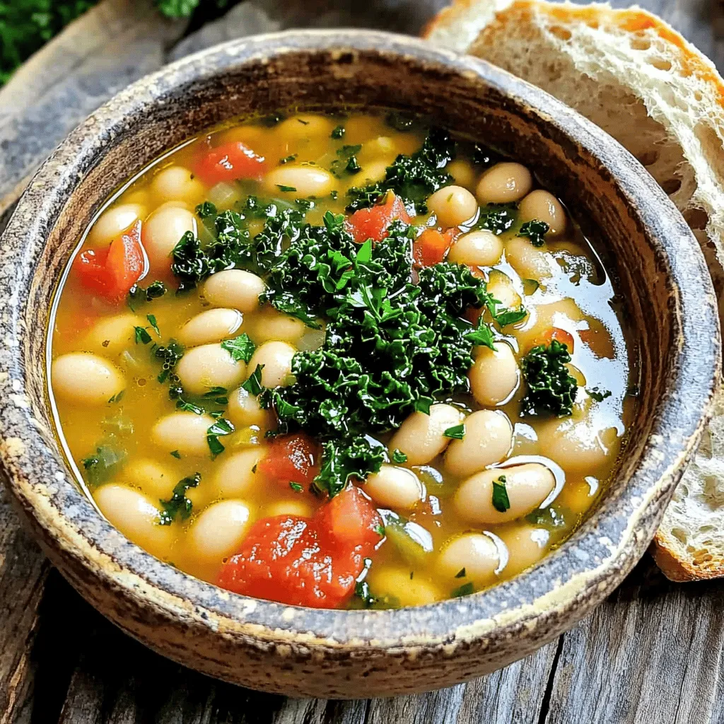 - 1 can (15 oz) of cannellini beans, drained and rinsed - 1 can (15 oz) of diced tomatoes, undrained - 4 cups vegetable broth - 2 cups fresh kale, chopped - 1 medium onion, chopped - 2 cloves garlic, minced - 2 large carrots, diced - 2 celery stalks, diced - 1 teaspoon dried rosemary - 1 teaspoon dried thyme - 1 bay leaf - Salt and black pepper to taste When I make Tuscan White Bean Soup, I enjoy using simple, fresh ingredients. The cannellini beans are creamy and rich. They provide protein and fiber. The diced tomatoes add sweetness and acidity, balancing the flavors. Vegetable broth gives depth to the soup, making it warm and hearty. I love adding kale for a pop of green and nutrients. The aromatics—onion, garlic, carrots, and celery—bring life to the soup. They create a lovely base and fill your kitchen with amazing scents. The herbs, like rosemary and thyme, add a touch of earthiness and warmth. This soup is not just a meal; it is a hug in a bowl. Each ingredient plays a role in crafting a comforting dish. You can find the full recipe in the section above, detailing how to combine these delightful ingredients into a flavorful soup. First, you need to heat olive oil in a large pot over medium heat. Once that’s ready, add the chopped onions. Sauté them for about 3-4 minutes. You want them to become soft and translucent. Next, toss in the minced garlic, diced carrots, and diced celery. Cook this mix for another 5 minutes, stirring often. This step helps the flavors blend and makes your kitchen smell amazing. Once your vegetables are soft, it’s time to add the dried herbs. Stir in the dried rosemary, dried thyme, and bay leaf. Let these herbs cook for about 1 minute. This little step helps release their rich flavors. Now, pour in the vegetable broth and add the rinsed cannellini beans along with the undrained diced tomatoes. Bring everything to a gentle boil. After it reaches a boil, lower the heat to let it simmer. Allow it to cook for 15-20 minutes. This time helps all the ingredients meld together beautifully. When the time is up, remove the bay leaf and stir in the fresh chopped kale. Cook for an additional 5 minutes until the kale wilts and softens. This adds a fresh touch to your soup. Season it with salt and black pepper to taste. For a complete guide, check the [Full Recipe]. To make your Tuscan White Bean Soup shine, use fresh herbs. Fresh parsley, rosemary, or thyme adds a bright flavor. Chop them finely and stir them in at the end. This keeps their taste strong. Simmering is key for great flavor. After you mix in the broth, let the soup cook slowly. This melds the flavors together. Aim for about 15-20 minutes. You will notice the difference in taste. When serving, make it look nice. Ladle the soup into bowls. Sprinkle fresh parsley on top. Then, drizzle a bit of olive oil. This adds a touch of color and flavor. Pair your soup with crusty bread. A thick slice of sourdough or whole grain works best. You can even dip it into the soup for extra enjoyment. White beans are packed with nutrients. They provide protein, fiber, and iron. Adding kale boosts the soup's vitamins A and C. This makes the soup not just tasty but healthy. Using vegetable broth is smart too. It keeps the soup light and flavorful. Plus, it adds more nutrients without extra fat. This makes your soup a nourishing choice. {{image_2}} You can easily switch up the beans in this soup. Try using great northern or navy beans. These beans add a nice texture and flavor. You can also add proteins like shredded chicken or sausage for more heartiness. For greens, feel free to swap kale for spinach or Swiss chard. Both options give a fresh taste and extra nutrients. You can even add veggies like zucchini or bell peppers for added color and crunch. To kick up the flavor, sprinkle in some spices. A dash of paprika adds warmth, while cayenne gives it a nice kick. If you like cheesy flavors, try adding grated parmesan or nutritional yeast. Both add creaminess and depth to the soup. You can also toss in a splash of lemon juice for brightness. This little touch can elevate the taste of your soup. If you want a different texture, blend the soup until smooth for a creamy puree. This style is great for a fancy dinner. You can also use this soup as a base for many meals. Serve it with rice or pasta for a filling dish. You can also pour it over grilled chicken or fish for a delicious twist. Use this soup as a canvas, and let your imagination run wild! For the full recipe, check out the complete instructions. To store your leftover Tuscan White Bean Soup, let it cool first. Use an airtight container for the best results. The soup stays fresh in the fridge for about 3 to 4 days. Make sure to label it with the date you made it. This helps you keep track of how long it has been stored. If you want to freeze the soup, start by letting it cool. Then, pour it into freezer-safe containers or bags. Leave some space at the top for expansion. You can freeze the soup for up to 3 months. When you are ready to eat, thaw it overnight in the fridge. For reheating, you can use either the stovetop or microwave. If you use the stovetop, warm it over medium heat. Stir it often to keep it from sticking. For the microwave, heat in short bursts. Stir in between to ensure even heating. To keep the flavor and texture, add a splash of broth or water if it seems too thick. Enjoy your soup as if it was just made! How long does Tuscan White Bean Soup last in the fridge? Tuscan White Bean Soup lasts about 4 to 5 days in the fridge. Store it in an airtight container. This helps keep the soup fresh and tasty. Can I make this soup ahead of time? Yes, you can make this soup ahead. It actually tastes better after sitting for a day. Just let it cool and store it in the fridge. Is it possible to make this soup vegan? Absolutely! This soup is already vegan. Just use vegetable broth and skip any meat. You can enjoy its rich flavors without any animal products. Can I add meat to the Tuscan White Bean Soup? Yes, you can add meat if you like. Cook some diced chicken or sausage with the veggies. This adds a hearty touch to the soup. What sides pair well with Tuscan White Bean Soup? Crusty bread is a great side for this soup. You can also serve it with a fresh salad. These sides enhance the meal and add variety. How can I adjust the recipe for more servings? To make more servings, simply double the ingredients. Keep the same cooking times. This way, you will have enough soup for friends or family. For the Full Recipe, refer to earlier sections. Tuscan White Bean Soup is easy and tasty. You learned about key ingredients like cannellini beans and fresh kale. We discussed how to build flavor with herbs and aromatics. I shared tips for serving and storing the soup effectively. Try different ingredients to make it your own. Enjoy a healthy, warming meal that fuels your body. With these simple steps, you can create a comforting dish anytime. Don't hesitate to experiment and enjoy!