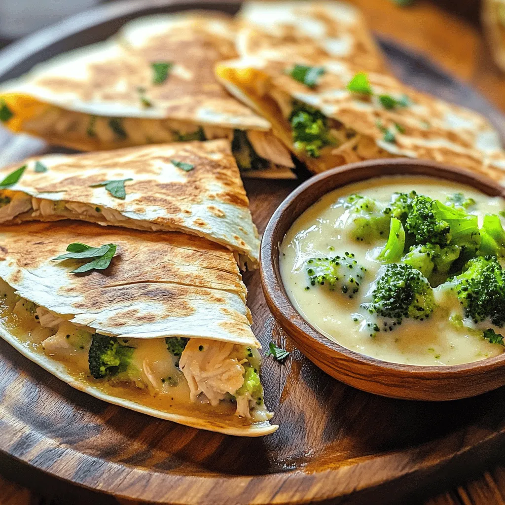 - Cooked chicken (shredded) - Steamed broccoli florets (chopped) - Alfredo sauce - Shredded mozzarella cheese - Flour tortillas - Olive oil - Garlic powder - Italian seasoning - Salt and pepper For this Chicken and Broccoli Alfredo Quesadilla, you need simple yet tasty ingredients. Start with cooked chicken, shredded into bite-sized pieces. I love using leftover chicken for this recipe. Next, grab some steamed broccoli florets. Chop them up so they mix well with the chicken. Then, you will need Alfredo sauce. This creamy sauce ties everything together. Now, for the additional ingredients, use shredded mozzarella cheese. It melts beautifully and adds a nice stretch. Flour tortillas are your base. They hold all the goodness inside. Don't forget olive oil. It helps crisp up the quesadilla. For seasoning, use garlic powder and Italian seasoning for flavor. Add a pinch of salt and pepper to taste. This mix will elevate your quesadilla, making each bite delicious. You can find the full recipe in the article. This dish is not only easy to make but also packed with flavor. Enjoy crafting this delightful meal! First, gather your ingredients. You need cooked chicken, steamed broccoli, and Alfredo sauce. In a large mixing bowl, combine the shredded chicken, chopped broccoli, and Alfredo sauce. Mix them well until everything is coated. This step gives your quesadilla flavor and creaminess. Next, stir in the seasonings. Add garlic powder, Italian seasoning, salt, and pepper to taste. This will enhance the dish and make it more tasty. You can adjust the seasonings based on your preference. Now, let’s heat the skillet. Place a large skillet over medium heat. Add one tablespoon of olive oil to the pan. This helps to keep the quesadilla from sticking. Assembling the quesadilla is easy. Place one tortilla in the skillet. Sprinkle half of the shredded mozzarella cheese evenly over it. Spoon half of the chicken and broccoli mixture on top of the cheese. Then, sprinkle the rest of the mozzarella cheese over this. Finally, place a second tortilla on top. Cooking the tortillas is next. Cook the quesadilla for 3-4 minutes until the bottom tortilla turns golden brown. Carefully flip the quesadilla with a large spatula. If needed, add the other tablespoon of olive oil to the skillet. Cook the other side for another 3-4 minutes, until it is golden brown and the cheese melts. After cooking, let the quesadilla cool for a minute. This makes it easier to slice. Use a sharp knife to cut it into wedges. Repeat this process with the remaining tortillas and filling. Enjoy your Chicken and Broccoli Alfredo Quesadilla! For the full recipe, check out the complete instructions above. To ensure even cooking, always preheat your skillet. A hot skillet helps the quesadilla crisp up nicely. I recommend using a non-stick skillet. This type of pan makes flipping easy and reduces the chance of sticking. If you have cast iron, that works too! It holds heat well and gives a nice crust. For plating, serve the quesadilla wedges on a large platter. This makes it look inviting and fun. Add a small bowl of extra Alfredo sauce for dipping. It adds flavor and a nice touch. You can also sprinkle fresh parsley on top for color. It makes the dish pop! The optimal cooking time for quesadillas is about 3-4 minutes per side. Keep an eye on them. You want a golden brown crust. To keep quesadillas warm, place them on a baking sheet in a low oven. Set it to about 200°F. This keeps them warm until you’re ready to serve. {{image_2}} You can easily change the protein in this quesadilla. Shrimp or tofu works great. Both options give unique flavors and textures. You can also swap out the broccoli. Bell peppers add sweetness, while spinach brings a fresh taste. Mix and match these ingredients to find your favorite combo. You have choices when it comes to sauce. You can use homemade Alfredo for a richer taste. Store-bought sauces save time and still taste good. If you want to try different flavors, consider using pesto or a spicy cheese sauce. These options can add a fun twist to your quesadilla. If you need a gluten-free option, use gluten-free tortillas. They hold up well and taste great. For binding, you can use a bit of cream cheese or extra cheese. This will help keep everything together while adding creaminess. For the full recipe, refer to the earlier section. To keep your chicken and broccoli Alfredo quesadilla fresh, place leftovers in an airtight container. Make sure to let them cool down first. Store in the fridge for up to three days. This way, you can enjoy the same great taste later. To freeze quesadillas, wrap each one tightly in plastic wrap. Then, place them in a freezer bag. This protects them from freezer burn. You can freeze them for up to three months. When ready to eat, take them out and let them thaw in the fridge overnight. For the best results, reheat quesadillas in a skillet. Heat it on medium-low. Add a little oil to keep them crispy. Cook each side for about 2-3 minutes until warm. If using a microwave, place a quesadilla on a plate and cover it with a paper towel. Heat for about 1-2 minutes. Keep an eye on it to avoid sogginess. Enjoy your meal! Can I use a different type of cheese? Yes, you can! Cheddar or Monterey Jack work well. They will give your quesadilla a new taste. Just remember to use a cheese that melts nicely. How can I make this recipe vegetarian? To make it vegetarian, swap the chicken for mushrooms or spinach. You can also add more veggies like bell peppers or zucchini. This keeps it tasty and filling. What if my quesadilla is too greasy? If your quesadilla is greasy, try using less oil. You can also use a non-stick skillet to help reduce the amount of fat. Drain excess grease before serving. How to achieve crispy quesadillas? To get crispy quesadillas, heat your skillet well before adding the tortilla. Use enough oil to coat the pan lightly. Flip them carefully to cook both sides evenly. Can I make the Alfredo sauce from scratch? Absolutely! You can make it using butter, cream, and cheese. Just melt the butter, stir in the cream, and add cheese until it melts. This gives a fresh taste. How do I steam broccoli effectively? To steam broccoli, place it in a pot with a bit of water. Cover the pot and let it cook for about 5 minutes. You want it bright green and tender, not mushy. This article covered a simple and tasty quesadilla recipe. You learned about key ingredients, step-by-step instructions, and useful tips. Cooking doesn’t have to be hard. With just a few steps, you can make a meal that fits your taste. Feel free to mix it up with different proteins or veggies. Whether you're cooking for yourself or a crowd, these quesadillas are sure to please. Happy cooking!