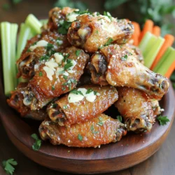 - 2 pounds chicken wings, cleaned and dried - 1/2 cup all-purpose flour - 1/2 teaspoon baking powder - 1 teaspoon garlic powder - 1 teaspoon onion powder - 1/2 teaspoon paprika - Salt and pepper to taste - 1/2 cup unsalted butter, melted - 1/2 cup grated Parmesan cheese - 3 cloves garlic, minced - 2 tablespoons fresh parsley, chopped When I make these crispy garlic Parmesan wings, I focus on quality. Fresh chicken wings work best. They need to be cleaned and dried well. This step helps the skin crisp. Using the right flour is key. All-purpose flour gives a great crunch. Baking powder helps too. It creates air pockets, making the wings light and crispy. Garlic powder and onion powder add flavor. Paprika gives a nice color. I always add salt and pepper to taste. They enhance the natural flavor of the wings. Next, the sauce is where the magic happens. Unsalted butter adds richness. Parmesan cheese adds a savory kick. Fresh garlic brings a bold taste. Fresh parsley not only tastes good but also looks pretty. - 1/2 cup of flour is about 60 grams. - 1/2 cup of butter is about 113 grams. - 1 cup is about 240 milliliters. If you don’t have a measuring cup, you can use a scale. It’s more precise for baking. - For gluten-free options, you can use almond flour or coconut flour. - Dairy-free alternatives include coconut oil instead of butter. Nutritional yeast can replace Parmesan cheese. These swaps let everyone enjoy crispy garlic Parmesan wings. - Preheat your oven to 425°F (220°C). - Line a large baking sheet with parchment paper. - In a medium bowl, whisk together: - 1/2 cup all-purpose flour - 1/2 teaspoon baking powder - 1 teaspoon garlic powder - 1 teaspoon onion powder - 1/2 teaspoon paprika - Salt and pepper to taste Coat the chicken wings in a large bowl with the flour mixture. Make sure each wing is covered evenly. This mix gives the wings their crunch. Now, arrange the wings in a single layer on your prepared baking sheet. This helps them cook evenly. Bake the wings for 40-45 minutes. Flip them halfway through to ensure crispiness on all sides. Look for a golden brown color when they’re done. While the wings bake, mix up the garlic Parmesan sauce. In a bowl, combine: - 1/2 cup unsalted butter, melted - 3 cloves garlic, minced - 1/2 cup grated Parmesan cheese Stir until well mixed. Once the wings are out of the oven, toss them in the garlic Parmesan sauce. Make sure they are fully coated. This step adds rich flavor and makes the wings shine. Enjoy your crispy garlic Parmesan wings! To get that perfect crunch, start by drying the wings well. Moisture makes wings soggy. Use paper towels to pat them dry. This simple step helps them crisp up nicely. Baking powder is key for extra crunch. It helps the skin puff up, leading to a golden finish. Just 1/2 teaspoon mixed with flour works wonders. Want to kick up the flavor? Try adding spices like cayenne pepper or smoked paprika. They give the wings a nice kick. Fresh herbs bring a bright taste. Use fresh parsley for a pop of color and flavor. Dried herbs work too, but fresh always shines brighter. You can bake or fry these wings. Baking is healthier and easy. Frying gives a crispier texture but adds more oil. Grilling is another fun option. It adds a smoky flavor that pairs well with garlic Parmesan. Just make sure to watch the wings closely; they can cook quickly on the grill. For a full recipe, check the earlier sections! {{image_2}} You can easily change the flavor of your crispy garlic parmesan wings. I love adding a spicy twist. For spicy garlic parmesan wings, just mix in some cayenne pepper or hot sauce. This adds heat and kicks up the flavor. Another great choice is lemon garlic parmesan wings. Just add fresh lemon juice and zest to the sauce. This gives the wings a bright and zesty taste that many enjoy. You can toss your wings in different sauces for a fun twist. Try buffalo sauce, barbecue sauce, or even a sweet chili sauce. Each sauce adds its own unique flavor. For garnishing, consider adding toasted sesame seeds or thinly sliced green onions. These toppings not only look great but also add extra crunch and taste to your wings. Pair your wings with tasty dips and sides. Ranch and blue cheese dips work well with the garlic flavor. Veggies like celery and carrot sticks add a nice crunch too. For a fun party idea, serve the wings in a large bowl with a side of various sauces. This way, everyone can pick their favorite flavor. You can even create a wing bar with different toppings and sauces for a fun gathering! To keep your crispy garlic Parmesan wings fresh, place them in an airtight container. This helps prevent moisture from making them soggy. You can store them in the fridge for up to three days. When you're ready to enjoy them again, reheating is key. Use an oven or air fryer to keep them crispy. Simply preheat your oven to 375°F (190°C) and bake for about 10-15 minutes. For longer storage, you can freeze these wings. Arrange them in a single layer on a baking sheet. Freeze until solid, then transfer them to a freezer bag. Be sure to remove as much air as possible. These wings can last up to three months in the freezer. To reheat, thaw them overnight in the fridge, then bake at 375°F (190°C) until heated through and crispy. In the fridge, your wings will stay good for about three days. If you freeze them, they can last up to three months. Always check for signs of spoilage. If they smell off or have a slimy texture, it’s best to discard them. Keeping track of how long they’ve been stored will help you enjoy them at their best! To make crispy garlic Parmesan wings, start by drying the wings well. This helps them get crispy. Use a mix of flour and baking powder for coating. Toss the wings in this mix until they’re fully coated. Bake them at 425°F for about 40-45 minutes. Flip them halfway through for even cooking. When they are golden, toss them in a mix of melted butter, garlic, and Parmesan cheese. This gives them a rich flavor. Always use fresh garlic for the best taste. Yes, you can bake wings without flour. You can use cornstarch for a crispy texture. Potato starch is another option. Both work well and keep the wings crispy. Just toss the wings in the starch before baking. You might notice a slight difference in texture. But they will still be delicious! The best dipping sauces for garlic Parmesan wings include ranch and blue cheese. Both add a creamy touch that pairs well with the flavors. You can also try a spicy buffalo sauce for a kick. Honey mustard adds a nice sweet touch. Other options are garlic aioli or a tangy vinaigrette. These sauces can enhance your wing experience. To make this recipe healthier, reduce the amount of butter. You can use olive oil instead for a lighter option. Try baking instead of frying to cut down on extra fat. You can also use skinless chicken wings. Another option is to add more herbs and spices instead of salt. This boosts flavor without extra calories. In this blog post, we covered how to make delicious garlic Parmesan chicken wings. You learned about the key ingredients and measurements, as well as substitutions for dietary needs. We outlined clear steps for prep, baking, and sauce-making. You discovered tips for achieving that perfect crispiness and explored variations to impress your guests. Now, with this knowledge, you can create your own tasty wings. Enjoy experimenting and sharing your flavor creations!
