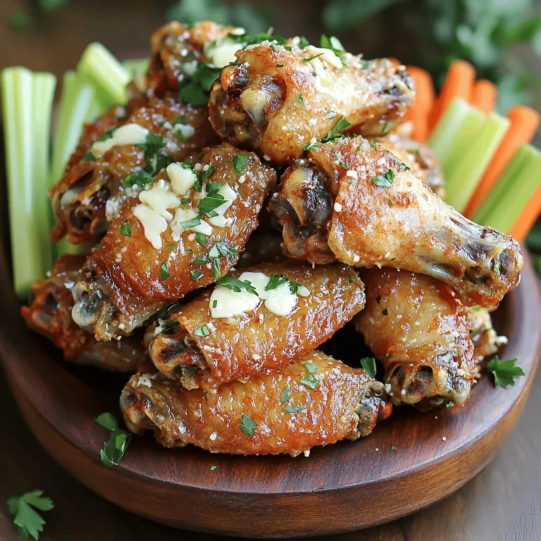 - 2 pounds chicken wings, cleaned and dried - 1/2 cup all-purpose flour - 1/2 teaspoon baking powder - 1 teaspoon garlic powder - 1 teaspoon onion powder - 1/2 teaspoon paprika - Salt and pepper to taste - 1/2 cup unsalted butter, melted - 1/2 cup grated Parmesan cheese - 3 cloves garlic, minced - 2 tablespoons fresh parsley, chopped When I make these crispy garlic Parmesan wings, I focus on quality. Fresh chicken wings work best. They need to be cleaned and dried well. This step helps the skin crisp. Using the right flour is key. All-purpose flour gives a great crunch. Baking powder helps too. It creates air pockets, making the wings light and crispy. Garlic powder and onion powder add flavor. Paprika gives a nice color. I always add salt and pepper to taste. They enhance the natural flavor of the wings. Next, the sauce is where the magic happens. Unsalted butter adds richness. Parmesan cheese adds a savory kick. Fresh garlic brings a bold taste. Fresh parsley not only tastes good but also looks pretty. - 1/2 cup of flour is about 60 grams. - 1/2 cup of butter is about 113 grams. - 1 cup is about 240 milliliters. If you don’t have a measuring cup, you can use a scale. It’s more precise for baking. - For gluten-free options, you can use almond flour or coconut flour. - Dairy-free alternatives include coconut oil instead of butter. Nutritional yeast can replace Parmesan cheese. These swaps let everyone enjoy crispy garlic Parmesan wings. - Preheat your oven to 425°F (220°C). - Line a large baking sheet with parchment paper. - In a medium bowl, whisk together: - 1/2 cup all-purpose flour - 1/2 teaspoon baking powder - 1 teaspoon garlic powder - 1 teaspoon onion powder - 1/2 teaspoon paprika - Salt and pepper to taste Coat the chicken wings in a large bowl with the flour mixture. Make sure each wing is covered evenly. This mix gives the wings their crunch. Now, arrange the wings in a single layer on your prepared baking sheet. This helps them cook evenly. Bake the wings for 40-45 minutes. Flip them halfway through to ensure crispiness on all sides. Look for a golden brown color when they’re done. While the wings bake, mix up the garlic Parmesan sauce. In a bowl, combine: - 1/2 cup unsalted butter, melted - 3 cloves garlic, minced - 1/2 cup grated Parmesan cheese Stir until well mixed. Once the wings are out of the oven, toss them in the garlic Parmesan sauce. Make sure they are fully coated. This step adds rich flavor and makes the wings shine. Enjoy your crispy garlic Parmesan wings! To get that perfect crunch, start by drying the wings well. Moisture makes wings soggy. Use paper towels to pat them dry. This simple step helps them crisp up nicely. Baking powder is key for extra crunch. It helps the skin puff up, leading to a golden finish. Just 1/2 teaspoon mixed with flour works wonders. Want to kick up the flavor? Try adding spices like cayenne pepper or smoked paprika. They give the wings a nice kick. Fresh herbs bring a bright taste. Use fresh parsley for a pop of color and flavor. Dried herbs work too, but fresh always shines brighter. You can bake or fry these wings. Baking is healthier and easy. Frying gives a crispier texture but adds more oil. Grilling is another fun option. It adds a smoky flavor that pairs well with garlic Parmesan. Just make sure to watch the wings closely; they can cook quickly on the grill. For a full recipe, check the earlier sections! {{image_2}} You can easily change the flavor of your crispy garlic parmesan wings. I love adding a spicy twist. For spicy garlic parmesan wings, just mix in some cayenne pepper or hot sauce. This adds heat and kicks up the flavor. Another great choice is lemon garlic parmesan wings. Just add fresh lemon juice and zest to the sauce. This gives the wings a bright and zesty taste that many enjoy. You can toss your wings in different sauces for a fun twist. Try buffalo sauce, barbecue sauce, or even a sweet chili sauce. Each sauce adds its own unique flavor. For garnishing, consider adding toasted sesame seeds or thinly sliced green onions. These toppings not only look great but also add extra crunch and taste to your wings. Pair your wings with tasty dips and sides. Ranch and blue cheese dips work well with the garlic flavor. Veggies like celery and carrot sticks add a nice crunch too. For a fun party idea, serve the wings in a large bowl with a side of various sauces. This way, everyone can pick their favorite flavor. You can even create a wing bar with different toppings and sauces for a fun gathering! To keep your crispy garlic Parmesan wings fresh, place them in an airtight container. This helps prevent moisture from making them soggy. You can store them in the fridge for up to three days. When you're ready to enjoy them again, reheating is key. Use an oven or air fryer to keep them crispy. Simply preheat your oven to 375°F (190°C) and bake for about 10-15 minutes. For longer storage, you can freeze these wings. Arrange them in a single layer on a baking sheet. Freeze until solid, then transfer them to a freezer bag. Be sure to remove as much air as possible. These wings can last up to three months in the freezer. To reheat, thaw them overnight in the fridge, then bake at 375°F (190°C) until heated through and crispy. In the fridge, your wings will stay good for about three days. If you freeze them, they can last up to three months. Always check for signs of spoilage. If they smell off or have a slimy texture, it’s best to discard them. Keeping track of how long they’ve been stored will help you enjoy them at their best! To make crispy garlic Parmesan wings, start by drying the wings well. This helps them get crispy. Use a mix of flour and baking powder for coating. Toss the wings in this mix until they’re fully coated. Bake them at 425°F for about 40-45 minutes. Flip them halfway through for even cooking. When they are golden, toss them in a mix of melted butter, garlic, and Parmesan cheese. This gives them a rich flavor. Always use fresh garlic for the best taste. Yes, you can bake wings without flour. You can use cornstarch for a crispy texture. Potato starch is another option. Both work well and keep the wings crispy. Just toss the wings in the starch before baking. You might notice a slight difference in texture. But they will still be delicious! The best dipping sauces for garlic Parmesan wings include ranch and blue cheese. Both add a creamy touch that pairs well with the flavors. You can also try a spicy buffalo sauce for a kick. Honey mustard adds a nice sweet touch. Other options are garlic aioli or a tangy vinaigrette. These sauces can enhance your wing experience. To make this recipe healthier, reduce the amount of butter. You can use olive oil instead for a lighter option. Try baking instead of frying to cut down on extra fat. You can also use skinless chicken wings. Another option is to add more herbs and spices instead of salt. This boosts flavor without extra calories. In this blog post, we covered how to make delicious garlic Parmesan chicken wings. You learned about the key ingredients and measurements, as well as substitutions for dietary needs. We outlined clear steps for prep, baking, and sauce-making. You discovered tips for achieving that perfect crispiness and explored variations to impress your guests. Now, with this knowledge, you can create your own tasty wings. Enjoy experimenting and sharing your flavor creations!