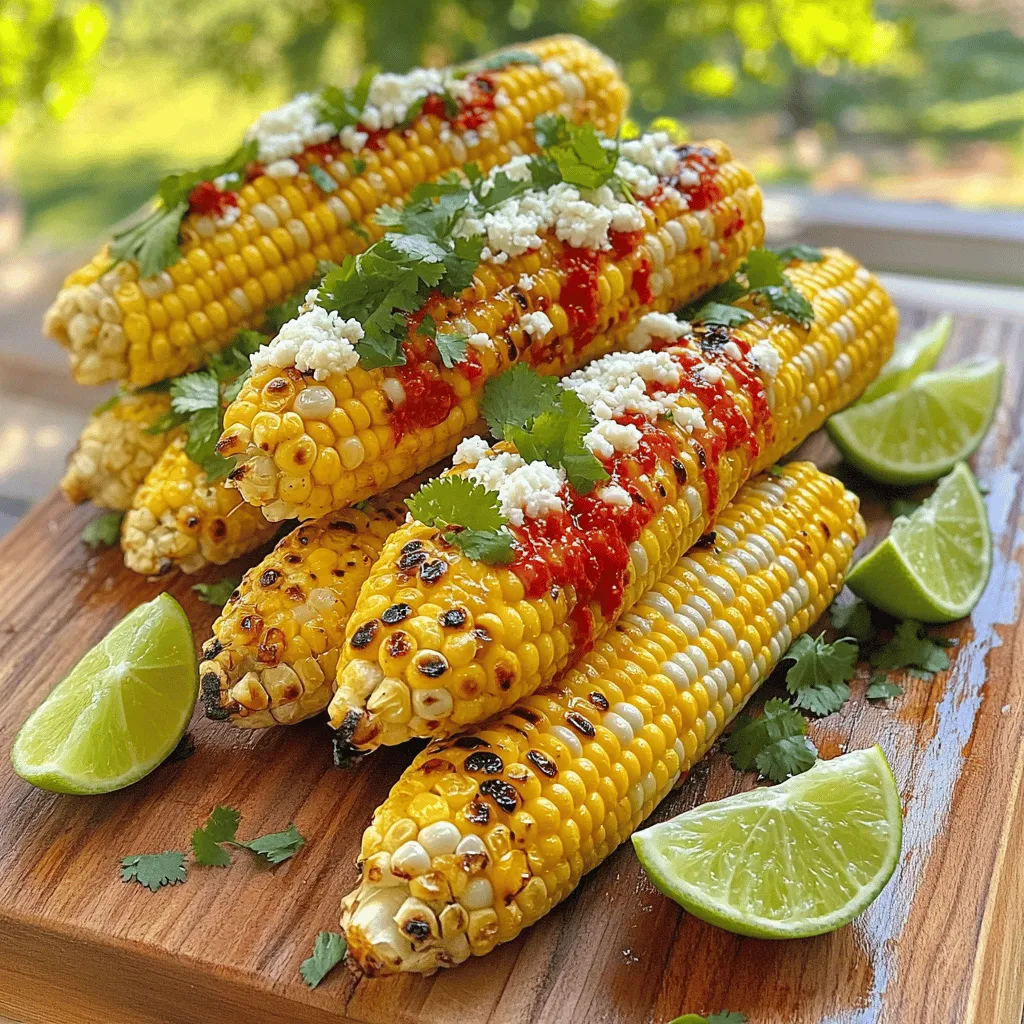 For this dish, you need fresh corn. Buy 4 ears of corn. Make sure they are husked and ready for grilling. Fresh corn gives a sweet and juicy bite. It is the star of this recipe. The seasoning mix adds great flavor. Here is what you need: - 2 tablespoons olive oil - 1 teaspoon chili powder - 1/2 teaspoon smoked paprika - 1/2 teaspoon garlic powder - 1 lime, juiced - Salt and pepper to taste Mix these together well in a bowl. The olive oil helps the spices stick to the corn. The lime juice adds a bright, tangy taste. Garnishes make the corn pop. Use: - 1/4 cup crumbled cotija cheese (or feta) - Fresh cilantro, chopped (for garnish) The cheese adds creaminess and a salty kick. The cilantro brings freshness. Sprinkle them on the corn after grilling. These toppings make every bite exciting. You can find the complete guide in the Full Recipe. First, you need to preheat your grill. Set it to medium-high heat. This step is key to getting those perfect grill marks. Make sure the grates are clean for best results. A clean grill helps the corn cook evenly and gives it a nice char. Next, grab a small bowl. In the bowl, mix the olive oil, chili powder, smoked paprika, garlic powder, lime juice, salt, and pepper. Stir these well until they blend together. This mix will coat your corn and bring out its flavor. Make sure to taste it; it should be zesty and a little spicy. Now it's time to grill! Brush your corn ears with the chili-lime mix. Make sure to cover every ear well. Once your grill is hot, place the corn directly on the grates. Grill for about 10 to 12 minutes. Turn the corn every few minutes. You want it to be tender and have nice grill marks. When it’s done, carefully take it off the grill and let it cool a bit. After cooling, sprinkle cotija cheese on top. Finish it with fresh cilantro for a pop of color and flavor. Serve warm and enjoy this tasty summer treat! Check out the Full Recipe for more details. Pick fresh corn for the best taste. Look for corn with bright green husks. The kernels should feel plump and firm. If you can, choose sweet corn. It has a natural sweetness that pairs well with the chili and lime. Preheat your grill to medium-high heat. This step is key for even cooking. Brush each ear of corn with the chili-lime mix. Grill the corn for about 10 to 12 minutes. Turn it every few minutes for perfect grill marks. You want it tender and slightly charred. Serve the corn hot off the grill. Sprinkle crumbled cotija cheese on top for a salty kick. Add fresh cilantro for color and flavor. Lime wedges on the side make a great addition. They let everyone add more lime juice if they want. For a complete meal, pair this corn with grilled meats or a fresh salad. Check out the Full Recipe for more details. {{image_2}} You can add a kick to your corn with a spicy twist. Use more chili powder or add cayenne pepper to the mix. A little goes a long way, so start slow. You can also toss in some diced jalapeños for extra heat. This version suits those who love bold flavors. If you want a vegan twist, skip the cheese. Instead, add avocado slices after grilling. You can also sprinkle nutritional yeast for a cheesy flavor without dairy. A drizzle of vegan mayo can provide extra creaminess. These changes keep the dish fresh and tasty while being plant-based. Cotija cheese gives great flavor, but you can swap it out. Try feta for a tangy taste. If you prefer a milder option, use goat cheese. A sprinkle of Parmesan can also work well. Each cheese brings a unique flavor that pairs nicely with the chili lime blend. For more details on making this dish, check out the Full Recipe. If you have any corn left, let it cool first. Wrap each ear in plastic wrap. This helps keep the corn fresh. You can also put it in an airtight container. Store it in the fridge for up to three days. To reheat your chili lime corn, grill it again for a few minutes. You can also use the microwave. Place the corn on a microwave-safe plate, cover it, and heat for about 1-2 minutes. Make sure it is warm throughout before serving. For the best taste, eat your corn fresh. If you want to store it longer, consider freezing it. Cut the corn off the cob and place it in a freezer-safe bag. This way, you can enjoy your chili lime grilled corn even months later. For the full recipe, check out the complete article. You can tell when the corn is done by its color and feel. Look for bright yellow kernels that are tender. After grilling for about 10-12 minutes, check by squeezing the ear. If it feels soft and juicy, it’s ready. You should also see nice grill marks on the corn. Yes, you can make chili lime grilled corn ahead of time. Grill the corn and let it cool. Wrap it in foil and store it in the fridge. It will stay fresh for about two days. When ready to serve, just heat it on the grill or in the oven for a few minutes. Chili lime grilled corn goes well with many dishes. Here are some great pairings: - Grilled chicken or steak - Tacos or burritos - Fresh salads - Barbecue ribs - Spicy shrimp These dishes will enhance the flavors of the corn. For the full recipe, check above. Enjoy! Grilling corn is easy and fun with fresh ingredients and simple steps. You learned about key elements like fresh corn, seasoning mixes, and garnishes. We discussed how to prepare the grill, combine ingredients, and master grilling techniques. Don’t forget the various tasty options and storage tips we covered. Enjoy experimenting with flavors and serving ideas. Always remember, great corn can complete any meal!