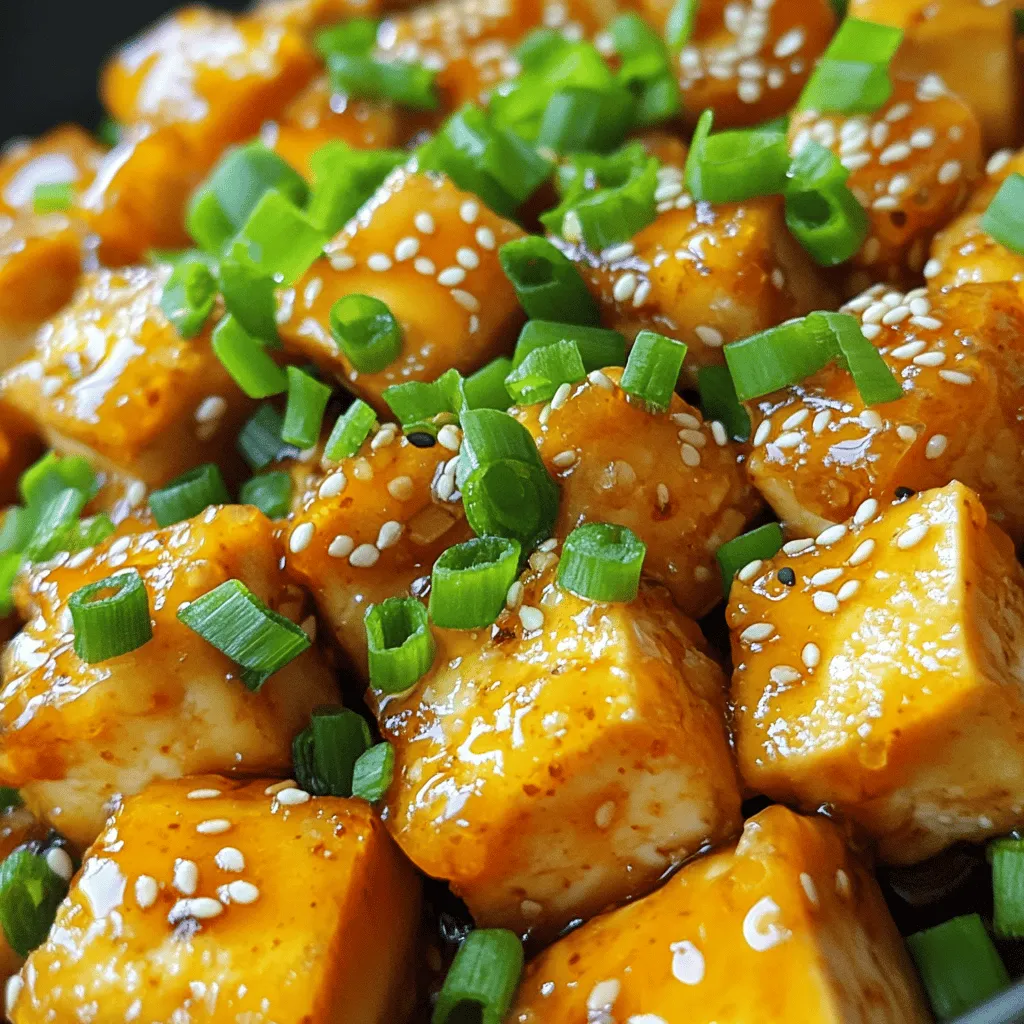- 1 block of firm tofu (14 oz), pressed and drained - 1/4 cup cornstarch - 3 tablespoons vegetable oil (for frying) - 1/4 cup honey (or maple syrup for a vegan option) - 4 cloves garlic, minced - 2 tablespoons soy sauce - 1 tablespoon rice vinegar - 1 teaspoon grated ginger - 1/4 teaspoon red pepper flakes (optional, for heat) - Chopped green onions - Sesame seeds The main ingredients set the stage for this dish. Firm tofu gives a hearty bite. Cornstarch creates a golden crunch. Vegetable oil allows for frying without sticking. Next, the sauce ingredients bring flavor. Honey or maple syrup adds sweetness. Minced garlic gives a strong aroma. Soy sauce adds depth and saltiness. You can enhance the dish with optional add-ins. Rice vinegar adds a tangy kick. Grated ginger brings warmth. Red pepper flakes can spice things up. Garnishing with green onions and sesame seeds adds color and crunch. For the full recipe, see below. Enjoy crafting this tasty Crispy Honey Garlic Tofu! How to press and drain tofu Start by pressing the tofu. Wrap the block in a clean kitchen towel. Place a heavy object on top, like a cast iron skillet. Let it sit for about 15 to 30 minutes. This helps remove excess water. Cutting tofu into cubes Once pressed, take the tofu and slice it into 1-inch cubes. Use a sharp knife to ensure clean cuts. This size helps the tofu cook evenly and become crispy. Coating tofu with cornstarch Next, take the tofu cubes and place them in a bowl. Sprinkle 1/4 cup of cornstarch over them. Gently toss the cubes until each piece is well-coated. This step is key for that crispy texture later. Heating vegetable oil Grab a large skillet or frying pan. Pour in 3 tablespoons of vegetable oil. Heat the oil over medium-high heat. Wait until it shimmers before adding the tofu. Frying the tofu cubes Carefully add the coated tofu cubes in a single layer. Fry for about 2-3 minutes on each side. Look for a golden brown color. Avoid overcrowding the pan; cook in batches if needed. Achieving the perfect crispy texture Once crispy, use a slotted spoon to take the tofu out. Place the tofu on a plate lined with paper towels. This absorbs extra oil and keeps it crispy. Mixing sauce ingredients In a small bowl, mix together the honey, minced garlic, soy sauce, rice vinegar, grated ginger, and red pepper flakes. Stir well until everything is blended. This sauce adds amazing flavor. Simmering for thickness In the same skillet, lower the heat to medium-low. Pour the honey garlic sauce into the pan. Let it simmer for about 2 minutes. This helps the sauce thicken and develop flavor. Glazing tofu with the sauce Add the crispy tofu back into the pan. Gently stir to coat each piece with the sauce. Cook for an additional 2-3 minutes. This will make each bite delicious and sticky. For the full recipe, check out the details above! To get the best crunch, always use firm tofu. Firm tofu holds its shape and gives a great texture. When coating it, sprinkle cornstarch evenly over each piece. Use just enough to cover but not too much. This coating will help to create that crispy outer layer. Fry the tofu in small batches. If you overcrowd the pan, it will steam instead of fry. This can ruin your crispy goal. The type of soy sauce you use matters. I recommend using low-sodium soy sauce. It packs a punch without being too salty. You can also add spices like garlic powder or smoked paprika to boost flavor. If you like heat, try adding more red pepper flakes. Adjust the sweetness by adding more honey or maple syrup if you prefer it sweeter. Crispy Honey Garlic Tofu pairs well with rice or noodles. Serve it over a bed of fluffy rice for a filling meal. You can also sprinkle chopped green onions on top for color and taste. For a fun twist, add sesame seeds as a garnish. This dish works great as a side or a main course. You can even make a tofu bowl with veggies and sauce for a complete meal. For the full recipe, check out the [Full Recipe]. {{image_2}} You can make this dish fit your diet with simple swaps. For a vegan option, replace honey with maple syrup. This keeps the sweetness but makes it plant-based. You can also use gluten-free soy sauce. Brands like Tamari offer a great taste without gluten. Feel free to get creative with flavors! You can add herbs or spices to change the taste. For a fresh twist, try adding basil or cilantro. If you like heat, add more red pepper flakes or a dash of chili oil. You can also choose between sweet and spicy versions. Adjust the honey or syrup to your taste. Don't hesitate to swap out ingredients. You can use different proteins, like tempeh or seitan, for varied texture. If you want to add more nutrition, substitute vegetables for tofu. Broccoli or bell peppers work well and soak up the sauce nicely. For the full recipe, check out the detailed instructions above! To store your crispy honey garlic tofu, let it cool first. Place it in an airtight container. This keeps it fresh for you. It will last up to three days in the fridge. For the best storage, use glass containers. They seal well and do not stain. Avoid plastic containers if you can. They can absorb odors. To reheat crispy tofu, use a skillet if possible. Heat it over medium heat. This helps keep the tofu crispy. If you want to use the microwave, place a paper towel under the tofu. This will soak up extra moisture. Heat in short bursts to avoid sogginess. You can freeze crispy tofu, but it will change texture. To freeze it, place pieces in a single layer on a baking sheet. Freeze for about an hour, then transfer to a freezer bag. When you want to use it, thaw it in the fridge overnight. For best results, reheat it in a skillet to regain some crispiness. For the full recipe, check out the details above. Tofu gets crispy by using firm tofu and cornstarch. Press the tofu to remove water. Slice it into cubes. Coat each piece in cornstarch. This helps create a crunchy layer when frying. Heat oil in a pan and add the coated tofu. Fry until golden brown on all sides. Yes, you can use maple syrup instead of honey. It gives a similar sweetness. Other options include agave syrup or date syrup. These substitutes work well in the sauce, making it tasty for all diets. Crispy Honey Garlic Tofu pairs well with rice or noodles. You can serve it with steamed veggies or a fresh salad. It also works great in wraps or as a topping for grain bowls. Each option adds different flavors and textures. Leftover tofu lasts about 3 to 5 days in the fridge. Store it in an airtight container to keep it fresh. Make sure it is cooled before placing it in the fridge. Yes, you can make this dish in advance. Prepare the tofu and sauce separately. Store them in the fridge. When ready to eat, reheat the tofu and mix it with the sauce. This keeps everything crispy and flavorful. For the full recipe, check out the Crispy Honey Garlic Tofu recipe section. This article covered how to make Crispy Honey Garlic Tofu. We discussed ingredients like firm tofu, cornstarch, and a tasty sauce. You learned easy steps for preparing and cooking the tofu until crispy. I shared tips for improving flavor and serving suggestions. In closing, this dish is simple and full of flavor. Experiment with ingredients to suit your taste. Enjoy crafting your perfect tofu meal!
