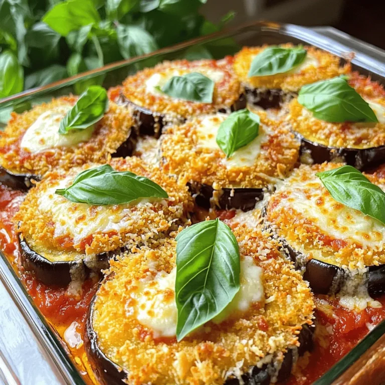 For this dish, you will need the following key ingredients: - 2 large eggplants, sliced into ½-inch rounds - 1 cup all-purpose flour - 2 large eggs, beaten - 2 cups breadcrumbs (preferably Italian seasoned) - 3 cups marinara sauce - 2 cups shredded mozzarella cheese - 1 cup grated Parmesan cheese - 1 tablespoon Italian seasoning - 1 teaspoon garlic powder - Salt and pepper to taste - Fresh basil leaves for garnish These ingredients work together to create a dish that is both comforting and full of flavor. The eggplants serve as a hearty base, while the cheeses add rich creaminess. The marinara sauce brings a zesty touch. To enhance the dish further, consider adding: - Red pepper flakes for heat - Fresh herbs like oregano or thyme - A splash of balsamic vinegar for tanginess - Sliced mushrooms for an earthy taste These optional ingredients can elevate the flavor profile of your Eggplant Parmesan Bake, making it even more delightful. This dish packs a flavorful punch while providing essential nutrients. A typical serving offers: - Calories: 380 - Protein: 20g - Carbohydrates: 35g - Fat: 18g - Fiber: 5g Eggplants are low in calories and high in fiber. The cheese adds protein and calcium, making this dish a balanced option. Enjoying it as part of a meal can keep you satisfied and nourished. For the full recipe, including preparation and cooking steps, check out the [Full Recipe]. Start by slicing the eggplants into ½-inch rounds. Use a sharp knife for clean cuts. Next, sprinkle salt on both sides of the slices. This step helps draw out the moisture. Let the slices sit for about 30 minutes. Afterward, rinse them under cold water and pat them dry with paper towels. This process helps to remove any bitterness and excess water, making the eggplant ready for frying. Set up your breading station. Place the flour on one plate, beaten eggs in a bowl, and mix breadcrumbs with garlic powder and Italian seasoning on another plate. Dip each eggplant slice into the flour first, shaking off any excess. Then dip it in the beaten eggs, ensuring it is well-coated. Finally, coat the slice in the breadcrumb mix. Press down lightly to ensure a good layer sticks. This creates a crispy crust when cooked. Grab a 9x13-inch baking dish. Start by spreading a layer of marinara sauce on the bottom. This prevents the eggplant from sticking. Place half of the fried eggplant slices over the sauce. Then, sprinkle half of the mozzarella cheese on top, followed by a layer of Parmesan cheese. Repeat this process with another layer of marinara, eggplant, mozzarella, and Parmesan. Finish with the remaining marinara sauce, then top with a generous amount of mozzarella and Parmesan cheese. Preheat your oven to 375°F (190°C). Cover the dish with aluminum foil and bake for 25 minutes. After that, remove the foil and bake for an additional 15 minutes. You want the cheese to be bubbly and golden brown. Once done, let the dish rest for about 10 minutes. This helps the layers set and makes serving easier. Garnish with fresh basil leaves for a burst of flavor and color. For the full recipe, check the ingredients list above. To fry eggplant well, start by salting the slices. Salt pulls out water and makes the eggplant firm. Let the slices sit for 30 minutes, then rinse and dry them. This step helps reduce bitterness. Use a mix of flour, eggs, and seasoned breadcrumbs for coating. When frying, heat oil in a skillet until it shimmers. Fry in batches to avoid crowding. Golden brown means they are ready. Drain them on paper towels to keep them crisp. A good marinara sauce makes all the difference. You can use homemade or store-bought sauce. For homemade, cook down fresh tomatoes with garlic and herbs for great flavor. If you buy sauce, look for brands with no added sugar or artificial flavors. A chunky sauce adds texture to your dish. You can also add a pinch of red pepper flakes for a bit of heat. To melt cheese perfectly, use a mix of mozzarella and Parmesan. Mozzarella gives stretch, while Parmesan adds flavor. Grate the cheese fresh for the best melt. Layer the cheese evenly on top for even cooking. Cover the dish with foil for the first part of baking. This traps steam and helps melt the cheese well. Remove the foil for the last few minutes to brown the cheese nicely. Enjoy your Eggplant Parmesan Bake! Don't forget to check out the Full Recipe for more details. {{image_2}} To make a vegan version of the Eggplant Parmesan Bake, swap out dairy items. Use a plant-based cheese that melts well. Nutritional yeast can add a cheesy flavor. Replace eggs with a mix of ground flaxseed and water. This mix binds the breadcrumbs to the eggplant slices. The vegan option still tastes rich and satisfying. For a gluten-free Eggplant Parmesan Bake, use gluten-free breadcrumbs instead of regular ones. You can find these in most stores or make your own from gluten-free bread. Make sure your flour is also gluten-free. This way, you can enjoy the dish without worries about gluten. Want to add some protein? Layer cooked chicken or sausage into your Eggplant Parmesan Bake. Cook the meat before adding it to the layers. This addition makes the dish heartier and more filling. You can use shredded chicken or sliced sausage. Both options bring a new flavor to this classic dish. For the full recipe, check out the details above. After you enjoy your Eggplant Parmesan Bake, store leftovers in an airtight container. Let the dish cool to room temperature first. Then seal it tightly to keep moisture in and air out. You can keep it in the fridge for up to three days. To reheat your dish, use your oven for the best taste. Preheat your oven to 350°F (175°C). Place the leftovers in a baking dish and cover it with foil. Bake for about 20 minutes or until warmed through. This keeps the cheese melty and the eggplant soft. You can also use the microwave, but the oven gives better results. If you want to save some for later, freezing is a great option. First, let the dish cool completely. Cut it into portions for easier thawing. Wrap each piece tightly in plastic wrap and then in foil. Label each one with the date. You can freeze it for up to three months. When ready to eat, thaw it in the fridge overnight, then reheat as mentioned above. For the best flavor, enjoy it fresh! Try this [Full Recipe] for more tips. Yes, you can use other veggies. Zucchini, mushrooms, or bell peppers work well. Slice them like eggplant. Each veggie adds its own taste and texture. Just be sure to adjust cooking times. For softer options like zucchini, cook them less to keep a nice bite. You will know the eggplant is cooked when it is soft and tender. It should be golden on the outside and easy to pierce with a fork. If the eggplant looks brown and crispy, it is usually cooked well. Just make sure it is not burnt! Eggplant Parmesan Bake pairs great with many sides. A simple green salad adds freshness. Garlic bread is a classic choice, too. You might also like to serve it with pasta or rice for a hearty meal. Each side brings something special to the table. For the full recipe, check out the details above. Eggplant Parmesan Bake combines simple ingredients and easy steps. We covered all the main components for this tasty dish. I shared tips for perfect eggplant and great sauce choices. Remember, you can mix it up to fit your needs, like making it vegan or gluten-free. Enjoy this dish fresh or stored for later. Cook with confidence and have fun! You’ll impress guests and family alike with your skills. Let's make Eggplant Parmesan Bake a treat you love to share.