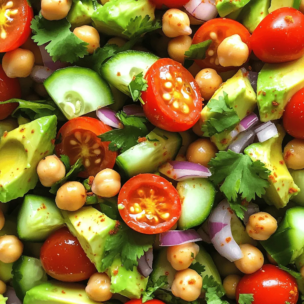 - 1 can (15 oz) chickpeas, rinsed and drained - 2 ripe avocados, diced - 1 cup cherry tomatoes, halved - 1/2 red onion, finely chopped - 1/2 cucumber, diced - 1/4 cup fresh cilantro, chopped - 1 jalapeño, finely minced (optional for spice) - 2 tablespoons lime juice - 2 tablespoons olive oil - Salt and pepper to taste - 1/2 teaspoon cumin - 1/4 teaspoon smoked paprika Chickpeas are great for your health. They are full of fiber and protein. This helps you feel full and strong. Avocados are rich in healthy fats. They also have vitamins and minerals that help your body. Eating avocados can support heart health and improve skin. When picking avocados, look for ones that feel soft when you press them gently. A ripe avocado has dark green skin. You can also check for a stem. If it comes off easily, the avocado is ripe. Avoid avocados that are too hard or have dark spots. You want the best ones for this salad. For the full recipe, check out the complete guide on how to make this tasty dish! To make a great avocado chickpea salad, start with the chickpeas. Rinse one can of chickpeas under cold water. Drain them well in a colander. This helps remove excess salt and makes them taste better. Next, take two ripe avocados. Cut them in half, remove the pit, and scoop out the flesh. Dice the avocado into small pieces. Now, let’s add color! Take one cup of cherry tomatoes and slice them in half. Grab half a red onion and chop it finely. Lastly, take half a cucumber and dice it. Combine all of these ingredients in a large mixing bowl. For the dressing, you need a few simple ingredients. Gather two tablespoons of lime juice, two tablespoons of olive oil, half a teaspoon of cumin, and a quarter teaspoon of smoked paprika. Add salt and pepper to taste. In a small bowl, whisk the lime juice and olive oil together. Then, mix in the spices. Make sure it’s well combined. This dressing will bring all the flavors together. Now it’s time to assemble the salad! Pour the dressing over the chickpeas and veggies in the large mixing bowl. Toss the salad gently to mix everything. Be careful not to mash the avocado pieces. To keep the avocado fresh, try to serve the salad right away. If you need to store it, add the dressing just before serving. This way, the avocado stays nice and green. Enjoy your colorful and tasty avocado chickpea salad! For the full recipe, see the earlier section. To keep leftover salad fresh, use an airtight container. This helps reduce air exposure. Place a piece of plastic wrap directly on the salad before sealing the lid. This extra layer keeps moisture in. Store the salad in the fridge. Consume within two days for the best taste. For meal prep, make the dressing in advance. Store it separately from the salad. Mix it in just before serving. This way, your greens stay crisp and your avocados remain green. Spices and seasonings can boost flavor. I recommend adding a pinch of garlic powder or chili flakes. These add warmth without overpowering the salad's taste. Fresh herbs are a great addition too. Try basil or parsley for a new twist. They bring freshness and color. You can also mix in some dill for a unique flavor. Use your creativity to find what you love best! For the full recipe, follow the steps I’ve shared. Enjoy your fresh and tasty Avocado Chickpea Salad! {{image_2}} You can make the avocado chickpea salad your own by adding more veggies. Bell peppers add a nice crunch and color. You can also toss in corn for sweetness. Carrots and radishes give it a fresh bite too. For protein, consider adding cooked chicken or tofu. These options make the salad heartier. If you like seafood, shrimp can also be a great addition. Mix and match to suit your taste! You can easily change up the dressing for this salad. A simple homemade option is mixing yogurt and lime juice. This gives a creamy and tangy flavor. You can also try a honey mustard dressing for a sweet twist. If you prefer store-bought options, look for vinaigrettes. A lemon vinaigrette or a balsamic dressing works well. They add a zesty kick to the salad. Check labels for healthy choices with low sugar. You can find the full recipe to explore more about making this dish. To keep your leftover avocado chickpea salad fresh, use an airtight container. This helps prevent air from getting in. Regular containers may not seal well. They can let moisture escape and cause the salad to dry out. Always refrigerate your salad right after serving. This keeps it safe to eat later. For the best quality, eat the leftovers within two days. The avocados may brown, but the taste will still be good. If you want to prevent browning, add a bit more lime juice before storing. Can you freeze avocado chickpea salad? The answer is no. Freezing this salad can ruin the texture of the avocados. They turn mushy when thawed. Instead, if you want to prep in advance, freeze the chickpeas and vegetables separately. You can mix them fresh with the dressing later. If you do freeze the chickpeas, thaw them overnight in the fridge before using. This way, you will enjoy a tasty salad without textural issues. For best practices: - Store chickpeas in a freezer-safe bag. - Keep veggies in a separate bag. - Thaw in the fridge overnight when ready to use. For the full recipe, check out the Avocado Chickpea Fiesta Salad. What can I add to avocado chickpea salad? You can add many things to this salad. Try bell peppers for crunch. Corn adds sweetness. You can also mix in cheese for creaminess. Fresh herbs like parsley or dill brighten the flavor. If you want some protein, add grilled chicken or tofu. How long does avocado chickpea salad last in the fridge? This salad stays good for about two days in the fridge. Keep it in an airtight container. The avocado may brown a bit, but the taste stays nice. If you want it fresh, eat it sooner. Is it healthy to eat avocado every day? Yes, eating avocado daily can be healthy. They are high in good fats. They also provide fiber, vitamins, and minerals. Just watch your portion sizes, as they are calorie-dense. A little goes a long way. Can I use canned chickpeas for this recipe? Yes, you can use canned chickpeas. They save time and are easy to find. Just rinse and drain them well before adding to the salad. This keeps it fresh and tasty. How can I modify this salad for a vegan diet? This salad is already vegan! You can add more veggies or a different dressing. Use lime juice, olive oil, and herbs for flavor. This keeps your salad vibrant and plant-based. What are some tips for making salads more filling? Add grains like quinoa or farro for extra bulk. Nuts and seeds also add crunch and protein. You can mix in roasted vegetables for heartiness. These add flavor and make your salad more filling. How do I prevent avocado from browning in the salad? To stop browning, use lime or lemon juice. The acid slows down the oxidation. You can also keep the pit in the salad. Cover it tightly with plastic wrap to reduce air exposure. This avocado chickpea salad blends fresh ingredients and great flavors. You learned how to prepare the salad, make a tasty dressing, and keep it fresh. Using tips for adding extra vegetables or proteins can make it your own. Don't forget the storage advice to enjoy leftovers later. Now you're ready to enjoy a healthy, delicious meal that you can share or keep for yourself. Embrace this easy recipe for a satisfying salad anytime!