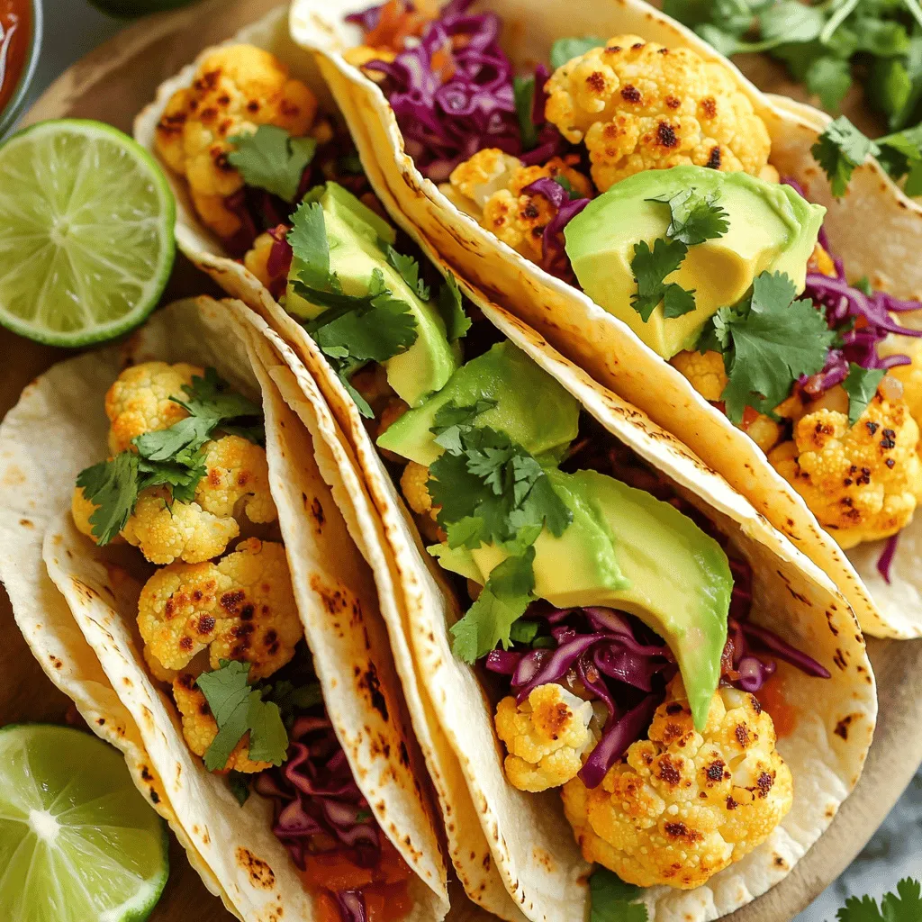 - 1 medium cauliflower, cut into florets - 2 tablespoons olive oil - 1 teaspoon smoked paprika - 1 teaspoon ground cumin - 1/2 teaspoon garlic powder - Salt and pepper to taste - 8 small corn tortillas - 1 avocado, sliced - 1 cup red cabbage, shredded - 1/4 cup fresh cilantro, chopped - Lime wedges for serving - Optional: your favorite salsa or hot sauce Roasted cauliflower tacos are a delight. You need simple, fresh ingredients. Cauliflower is the star. It has a mild flavor that absorbs spices well. Olive oil helps the cauliflower crisp up in the oven. Smoked paprika adds a unique, smoky taste. Ground cumin gives the dish warmth. Garlic powder adds depth to the overall flavor. You can adjust salt and pepper to your liking. Corn tortillas are soft and add a nice texture. Avocado brings creaminess. Red cabbage adds crunch and color. Fresh cilantro gives a bright flavor. Lime wedges add a tangy kick. You can also add salsa or hot sauce for a spicy touch. This easy recipe makes a great meal for any day. Using fresh ingredients makes a big difference. You'll love the flavors and textures in each bite. Check out the Full Recipe for all the steps! - Preheat your oven to 425°F (220°C). - In a large bowl, place the cauliflower florets. - Drizzle with 2 tablespoons of olive oil. - Add 1 teaspoon of smoked paprika, 1 teaspoon of ground cumin, and 1/2 teaspoon of garlic powder. - Season with salt and pepper to taste. - Toss everything until the cauliflower is well coated. - Spread the cauliflower on a baking sheet in a single layer. - Roast in the preheated oven for 20-25 minutes. - Stir the cauliflower halfway through to ensure even cooking. - Warm the corn tortillas in a dry skillet over medium heat. - Heat for about 30 seconds on each side until soft. - Once the cauliflower is ready, let it cool slightly. - Take a warm tortilla and add some roasted cauliflower. - Top with sliced avocado, shredded red cabbage, and chopped cilantro. - Serve with lime wedges and your favorite salsa or hot sauce. For the full recipe, check the detailed section above. To get the best roasted cauliflower, you need the right time and heat. I suggest preheating your oven to 425°F (220°C). This high heat helps the cauliflower brown nicely. Roast it for 20 to 25 minutes. Stir the florets halfway through to ensure even cooking. This way, you get that perfect crispiness on all sides. Toppings can really boost your taco's flavor. I love adding fresh avocado slices and crunchy red cabbage. They add great texture. You can also sprinkle cilantro on top for a fresh taste. For drinks, try pairing your tacos with a light beer or a refreshing lime soda. These drinks complement the flavors well. Feel free to mix things up with toppings and flavors. If you want a spicy kick, add some jalapeños or hot sauce. You can also swap out the tortillas for lettuce wraps for a low-carb option. For a vegan or gluten-free twist, just use corn tortillas and leave out dairy. There are endless ways to make these tacos your own. Check out the Full Recipe for more ideas! {{image_2}} You can add beans or lentils to boost protein. Black beans work well and add flavor. Lentils offer a nice texture and are rich in nutrients. If you want meat, grilled chicken or shrimp makes a tasty choice. Both options add a savory touch to your tacos. Adjust the seasonings to fit your taste. For a mild flavor, use less smoked paprika and cumin. If you love heat, add more spices or choose a hot salsa. You can also try different hot sauces to find your favorite kick. A zesty salsa verde pairs nicely with roasted cauliflower. Try lettuce wraps instead of tortillas for a fresh twist. They add crunch and a light feel. You can also use different tortillas. Flour and whole-grain tortillas are great options. Each adds its own flavor and texture to your tacos. To keep your roasted cauliflower fresh, store it in an airtight container. This helps it stay tasty and safe to eat. Place it in the fridge for up to three days. For the tortillas, wrap them in foil or plastic wrap. This prevents them from drying out. Store them in a cool, dry place. They can last about a week in the fridge. When reheating, the oven works best. Preheat it to 350°F (175°C). Spread the cauliflower on a baking sheet and heat for about 10 minutes. This keeps the texture crunchy. If using a microwave, place the cauliflower in a bowl. Heat in 30-second bursts to avoid sogginess. Remember, quick bursts keep the cauliflower crisp. You can freeze roasted cauliflower for later meals. Spread it on a baking sheet and freeze until solid. Once frozen, transfer it to a freezer bag. It can last up to three months. To thaw, leave it in the fridge overnight. For reheating, use the oven to retain texture. This way, your delicious tacos are ready anytime! Check out the Full Recipe for more details. To make roasted cauliflower tacos, start by preheating your oven to 425°F (220°C). Then, cut a medium cauliflower into small florets. Toss the florets in a bowl with olive oil, smoked paprika, ground cumin, garlic powder, salt, and pepper. Spread the seasoned cauliflower on a baking sheet in a single layer. Roast it for 20-25 minutes, stirring halfway through to ensure even cooking. While the cauliflower roasts, warm small corn tortillas in a dry skillet for about 30 seconds on each side. Once the cauliflower is golden brown, assemble your tacos by placing the roasted cauliflower on the warm tortillas, adding avocado, shredded red cabbage, and chopped cilantro. Serve with lime wedges and your favorite salsa. Yes, you can use frozen cauliflower for this recipe. Frozen cauliflower works well and saves time. Just remember to thaw it first. After thawing, drain any excess water to avoid sogginess. Then, follow the same steps as with fresh cauliflower. Roast until golden brown for the best flavor. Many sides pair nicely with roasted cauliflower tacos. Consider serving them with black beans, Mexican rice, or a fresh salad. You can also add corn on the cob or pickled onions for extra flavor. These sides help create a complete meal that is both tasty and satisfying. Roasted cauliflower tacos are easy and fun to make. We covered the main ingredients needed, plus how to prepare and roast the cauliflower. I shared tips for achieving perfect texture and ideas for customizing your tacos. Storing leftovers and reheating them is simple too. These tacos offer a tasty, healthy meal for any occasion. Try different toppings and see what you love most! Enjoy this vibrant dish anytime you want a quick and delicious meal.